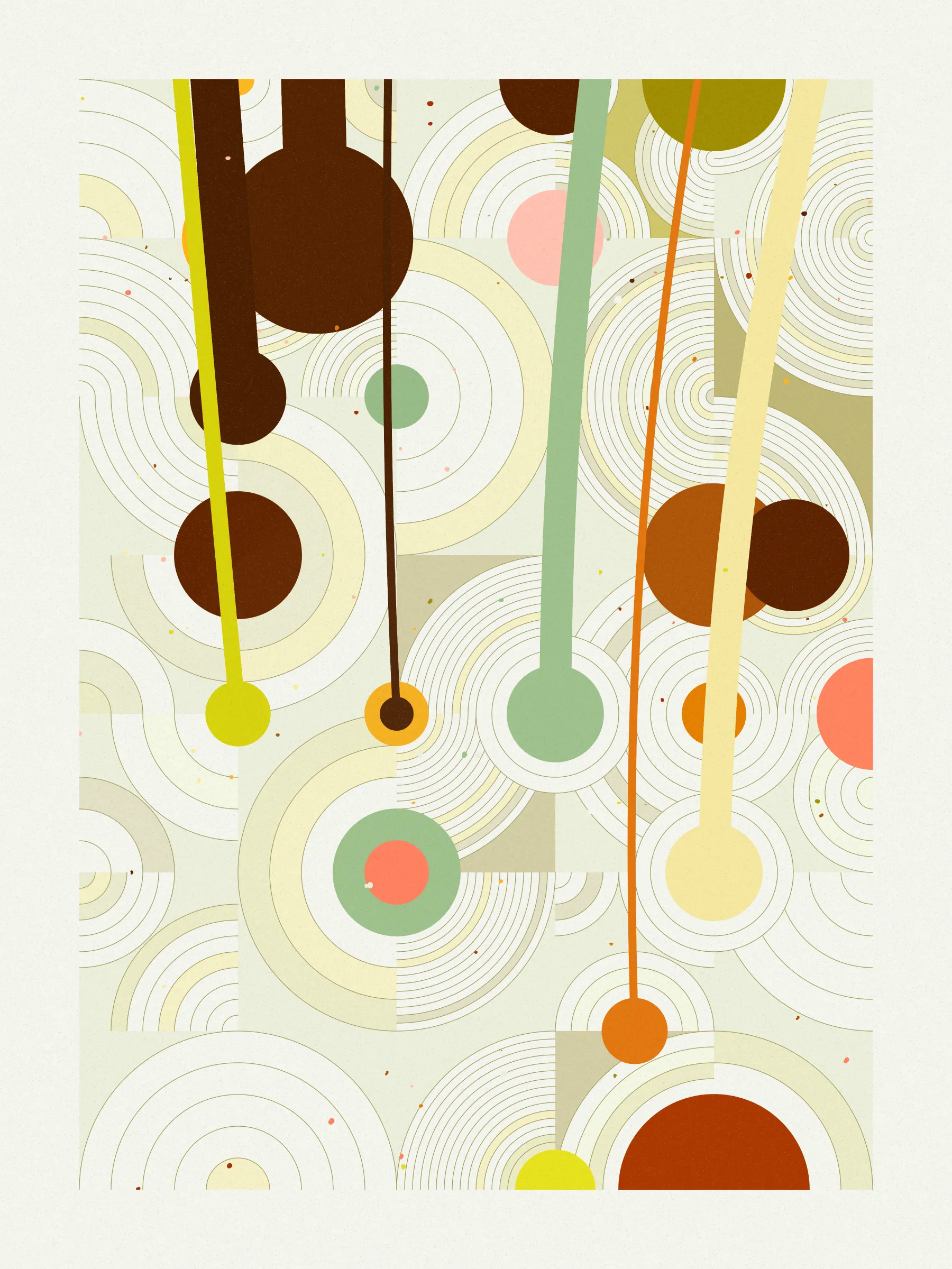##### **Forecast** abstractly captures the essence of rainfall on a stone-paved road, drawing an analogy between weather and human emotions, comparing the outcome of a weather forecast to the range of feelings a rainy day can evoke, inviting viewers to reflect on their own relationship with rain and the emotions it evokes in them. #####
####  ####
` `
The code creatively **recreates a weather forecast** to determine where on the canvas rain will fall. It emulates barometric pressure and humidity to alter a circle packing **algorithm that acts like clouds over the canvas**, generating the necessary data to calculate the probability of precipitation for each piece and distribute rain on the canvas in a visually appealing way.

**Geometry, color, and natural forces work together to create an abstract representation of rain** that pays homage to where I was born, “Galicia, where rain is art”.
 #### ####
  #### ####
   #### ####
 ***
  #### ####
` `
###### **The Concept**
` `
In the northwest of Spain lies Galicia, a region where rain holds a special place.

**With approximately half of the year consisting of rainy days**, it's no surprise that the Galician language has evolved to encompass a rich vocabulary of over 100 words to describe its various forms and moments. **Rain has become an art form in our everyday lives**, expressed through our language and the nuances of our conversations.

It was within this setting of rich traditions and linguistic nuances that **inspiration took hold on a rainy Sunday afternoon, as I wandered through the old part of town, captivated by the movement of raindrops and mesmerizing water ripples on the stone-paved road**, nurtured by the deep connection between Galicia's cultural heritage of intricate vocabulary of rain.

This intriguing interplay between weather and language extends far beyond Galicia, languages like Japanese, Welsh, and even Hawaiian bear witness to this captivating phenomenon, where **weather molds the very fabric of our linguistic expressions.** It serves as a testament to the **profound influence of weather on our collective human experience.**

While rain and weather influencing language ignited my inspiration, I sought to explore further, embarking on a creative journey that **explores the profound impact rain has on emotions and feelings**—a shared human language that transcends borders and requires no translations.

To express the diverse range of emotions rain can evoke, I created color palettes inspired by personal memories and experiences, capturing the essence of how those moments, events, and places made me feel. To further enhance the expression of emotions, I use size and proportion symbolizing and amplifying the intensity of those feelings. This approach brings forth the emotional impact of rain in our lives, **inviting viewers to reflect on their own relationship with rain and the feelings it evokes in them.**

To add depth and significance to its compositions Forecast uses a creative approach woven into its code, that became such an important part of the piece that gave its name to the project. **The code simulates a weather forecast emulating barometric pressure, and humidity** – variables that dynamically influence a circle packing algorithm that symbolizes clouds over the canvas, generating the necessary data to calculate the probability of precipitation for each piece and distribute rain across the canvas in a visually appealing way. The result is a perfect balance between randomness and control that added an extra layer of depth to the artwork.

**Prints**
Prints will be available for Forecast owners. For more details, [visit this link](https://www.mlarino.com/work/forecast "order prints").

***
\
**Keys**
**[S]** - Download image.

Press the **[LEFT ARROW]** key to explore the different elements that help build the final image.

To switch between different aspect ratios, use the following keys:
**[0]** 3:4 Print (default)
**[1]** 9:16 ratio
**[2]** 1:1 ratio