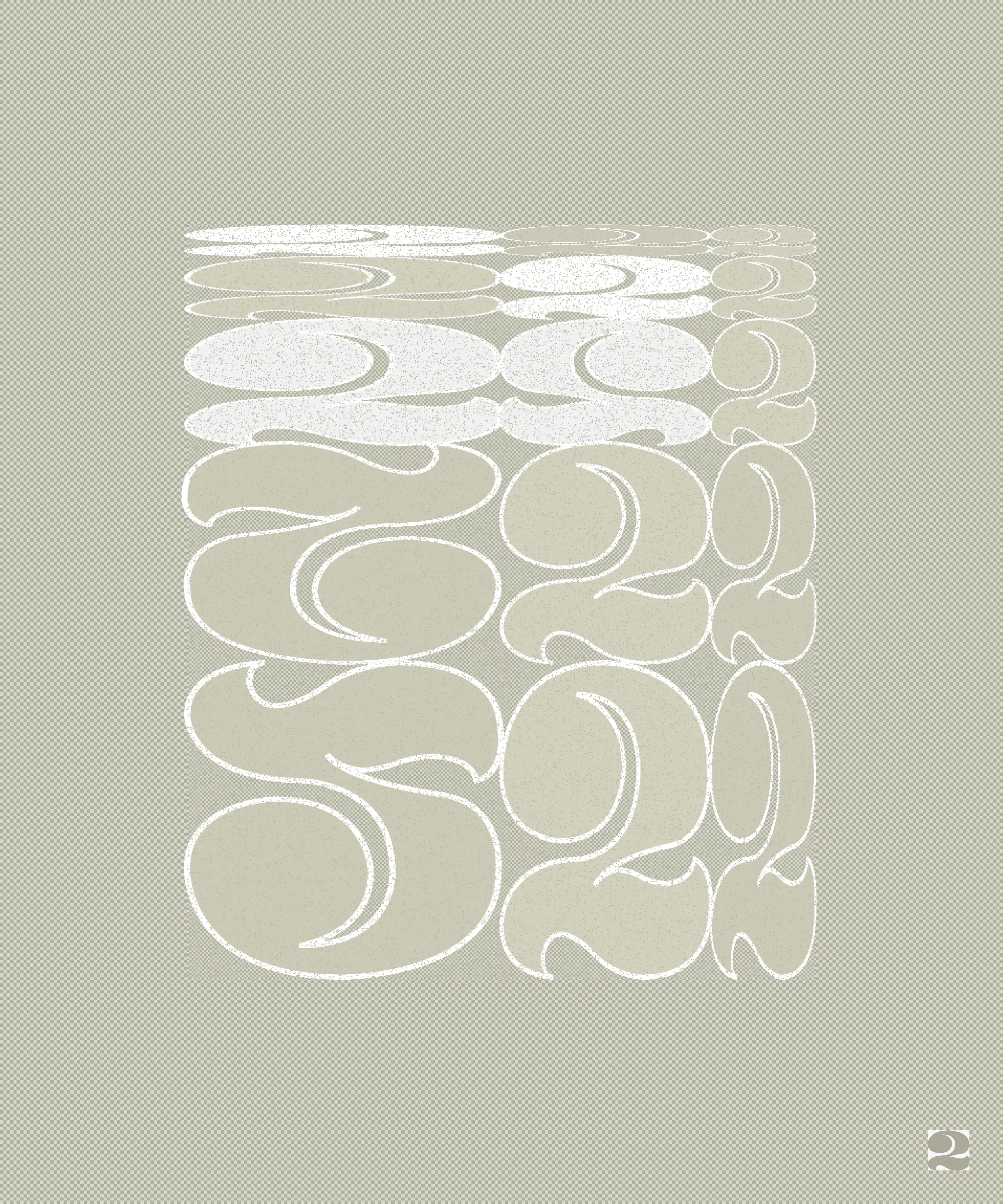 When I was working in graphic design and immersed in typography, I spent a year and a half designing this “2”. A personal obsession, I drew and redrew it hundreds of times until I felt it reached the perfect form in balance, weight, and drama.

This generative series revisits my captivation with this character object, using the algorithm as a tool for continued obsession and exploration. I want people to experience this collection and never see a “2” in the same way again. I also want to remind viewers that exquisiteness can exist in any mundane thing.

My background in graphic design and typography is ingrained in how I think. Regardless of medium, I have always been a designer of iteration, exhaustively trialing possibilities within a set of constraints to uncover the best way, or the most ways. Twos takes a “perfected” form and puts it to a further test. Different outputs situate the form in different contexts, look at it askew, or emphasize isolated parts of it for endless results.

The texture within the collection is inspired by low resolution effects (pixelation) and textures that arise from analog printmaking techniques and pen lines. It blends the hand-drawn nature of my original “2” with the power of obsessive exploration only possible with computer generative iteration. Layers of tiny squares, under and above the characters, are used to mimic the texture of a pen or a stamp. Found in much of my work, these “visible pixels” represent the physical module upon which digital art is created - and by calling back to pixel art, act as a reminder that code is still a craft, and the generated image isn’t far from the artist’s hand.

Beyond the beauty of the form, the number two is a special quantity because it implies possibilities beyond itself. A system containing zero or one elements is inert. Two creates an interaction, a dyad, and implies the possibility of more than two – an expanding system. In computer programming, this is expressed as the "zero, one, infinity" rule. The two represents a potentially endless continuation.

Each feature in the collection represents either the analog or the digital journey of this character. Some compositions render each symbol as linework, reminiscent of its earliest hand drawn form. Others render it as the solid numeral, completed after its long journey of iteration. Some compositions are gridded, others are organic and loose. Some are contained by a frame, others are open and unrestrained.

Color enters a few outputs: the mark of new technological tools like the first colored ink in printing, or the move from black and white to digital screens. The brightest hues used depend on light emittance of the screen and wouldn’t translate exactly when printed in standard inks. But in a further application of constraint, most outputs are neutral in color, keeping the focus on the formal obsession with this small, beautiful character.