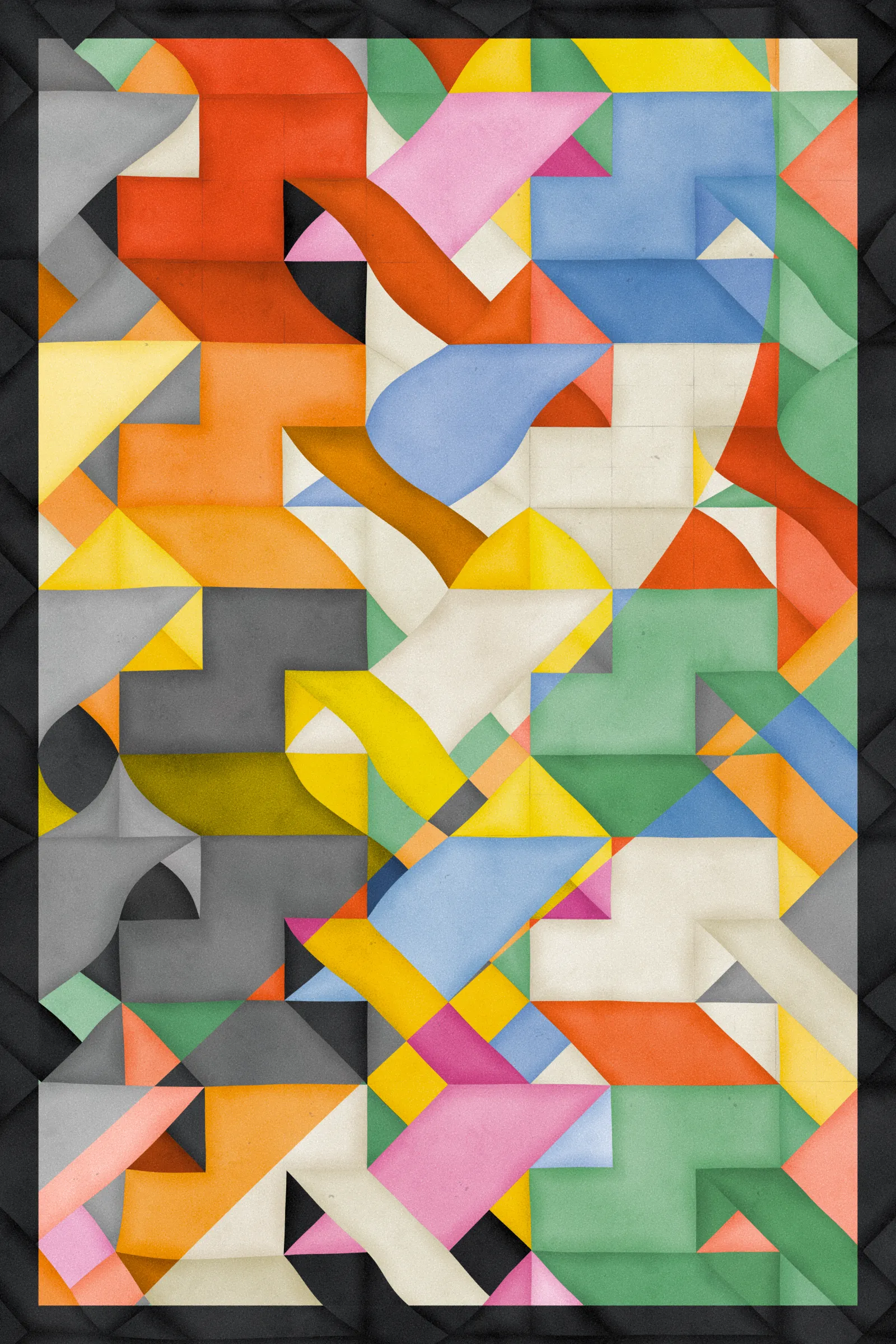 **Trichro-matic** meditates on perception.

As you explore the piece, your perception of the structure shifts. Elements change their relationships - what is out turns in; what is flat deepens. What stood adjacent now occludes.

The piece uses rhythmic color and form, displacement, and juxtaposition to create structures that invite interpretation and exploration. Some outputs challenge our depth perception conventions, while others manipulate explicit structural cues and emphasize intentional imperfections.

From this concept, the piece gets its name - Trichro-matic - denoting the ability to perceive using all three primary colors. The hyphenated "o-matic" denotes fictional machinery, hinting at the generative system supporting the piece. Both hand-selected and algorithmically-generated color palettes feature, with the latter aiming to elicit emotions akin to the former.

When you explore an output from different starting points, you understand the elements' relationships differently. In these changing interpretations, no answer is definitive. Each perspective, whether your first, your last, or someone else's, is valid.

Prints will be available for Trichro-matic owners. For more details, visit [this link](https://www.mountvitruvius.art).

Note: Renders might take longer on lower-end or mobile devices. This piece is my most technically complex release to date, relying on a custom GPU render process which can demand significant resources, even if outputs appear simple.

Finally, I dedicate this piece to my father, who suffered vision loss from a stroke in September 2023.