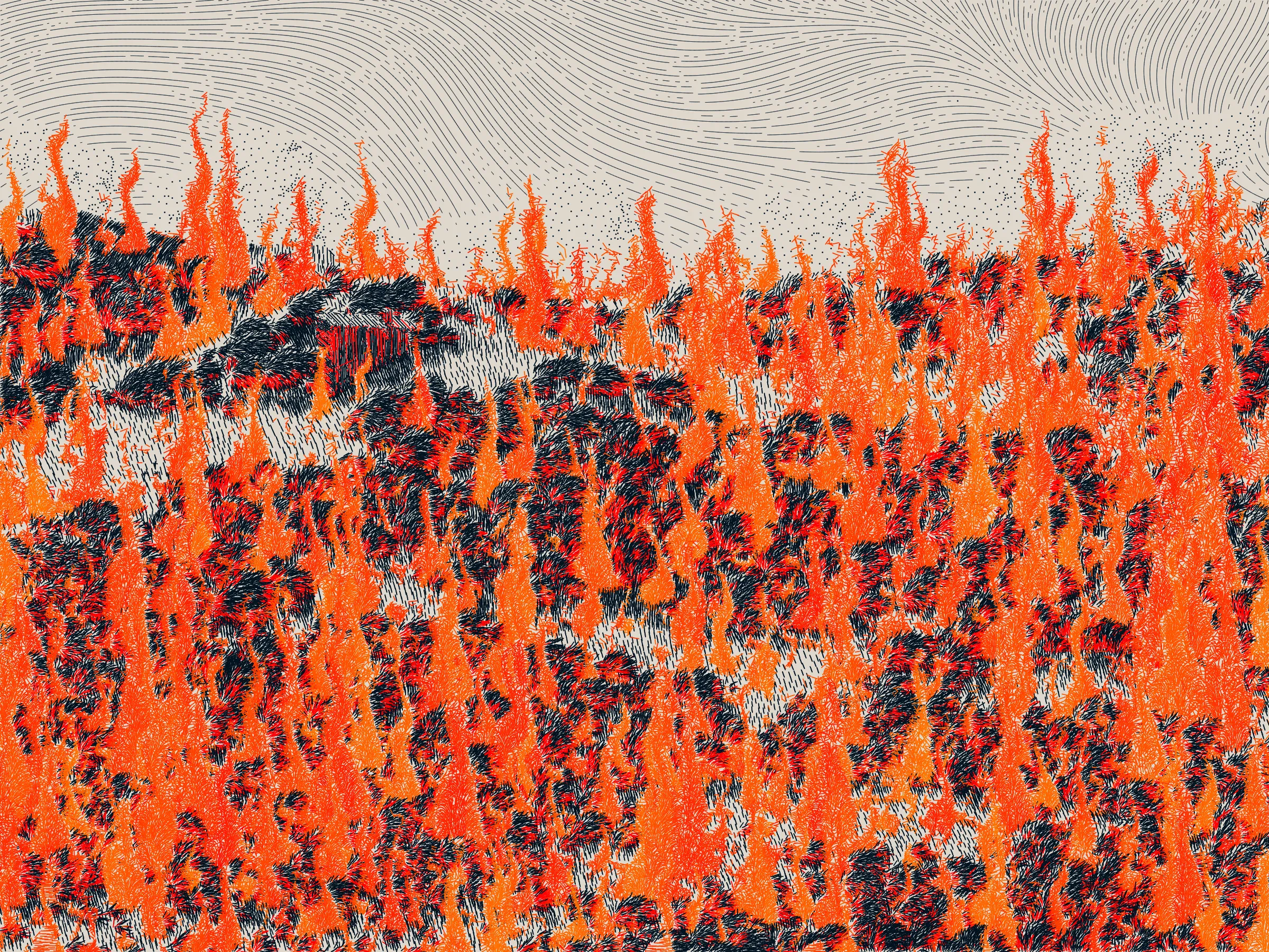 *Life and Love and Nothing is released as part of reGEN, a special charitable auction of generative art to raise funds for Cure Alzheimer’s Fund, curated by Alex Estorick and Foteini Valeonti in collaboration with The Giving Block.*

This is an illustration of a wildfire burning through a cabin and the surrounding hillside, rendered stylistically with pen and paper in mind. 

Once a year, the fire will ignite and burn until the cabin and the hillside are consumed. After burning, the cabin and the hillside will regenerate, and the cycle will start again.

The cabin represents a person, and the surrounding hillside their mind and memories.

The fire represents disease, burning through the person’s memories from the most recent and least established, through to the oldest and most ingrained.

My hope is that this can illustrate both the pain caused by disease and the beauty of the time we have to hold onto memories and loved ones.

Life is short, bodies degrade, houses burn. But, before that, there is life; there is love; there is creation – these things are beautiful.

Consider where you are placing your efforts.
Pursue what is important.
Take the time to see someone you love.
Take the time to do something you love.

There’s only so much time.