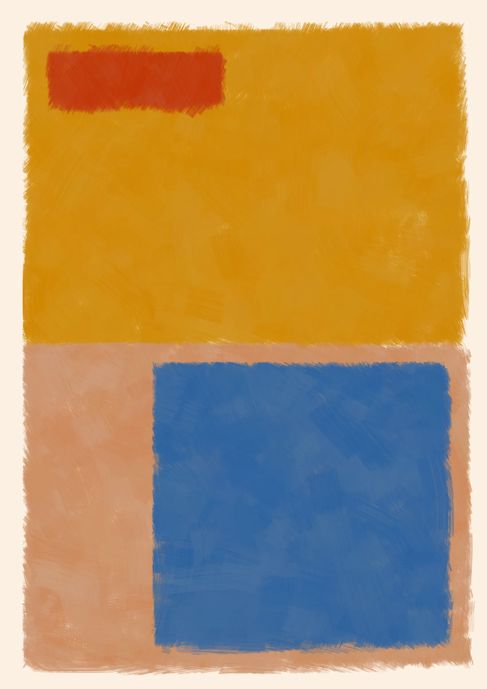### Good job, Computer. Do that some more.

To what degree can we teach a computer to make a painting? One that resembles creation from the imperfect hand of a human. Here, the computer attempts to hide itself from the viewer in the details, such as inconsistent borders or uneven layers of paint. Intentional flaws that a human might make unintentionally.
Good, Computer is an exploration of not only how small cumulative inaccuracies create complete images, but also the forms and harmonies that those images evoke.

Consider the following:

***A set of 4 colors is to be considered -- singly as "actors," together as "cast." They are to be presented in 4 different arrangements -- as "performances."***
***Although they remain unchanged in hue and light, in "character", and appear in an unchanging outer frame, the "stage", they are to produce 4 different "scenes" or "plays," each to be so different that one and the same set of colors will be seen as 4 different sets, presented by 4 different casts.***
***And all this can be achieved mainly through changes in quantity which result in shifts of dominance, of recurrence, and consequently of placement.***
***The essential question: which group of colors is ready to lose its identity as a cast?*** 
***-- Josef Albers***

We can answer this question simply by asking ourselves why we're drawn to some arrangements more than others. In doing so, we consider not just tone, but also quantity, intensity and weight in order to form new relationships between the colours. And as such the viewer gives each image their own subjective personality.

---

Press `s` to save image.