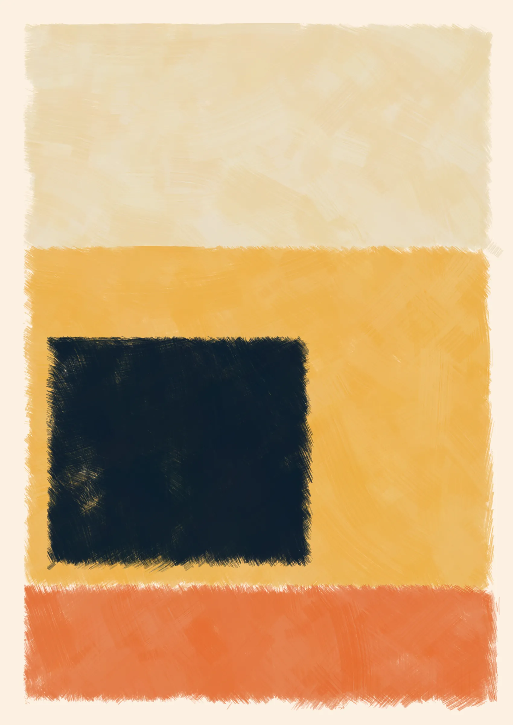 ### Good job, Computer. Do that some more.

To what degree can we teach a computer to make a painting? One that resembles creation from the imperfect hand of a human. Here, the computer attempts to hide itself from the viewer in the details, such as inconsistent borders or uneven layers of paint. Intentional flaws that a human might make unintentionally.
Good, Computer is an exploration of not only how small cumulative inaccuracies create complete images, but also the forms and harmonies that those images evoke.

Consider the following:

***A set of 4 colors is to be considered -- singly as "actors," together as "cast." They are to be presented in 4 different arrangements -- as "performances."***
***Although they remain unchanged in hue and light, in "character", and appear in an unchanging outer frame, the "stage", they are to produce 4 different "scenes" or "plays," each to be so different that one and the same set of colors will be seen as 4 different sets, presented by 4 different casts.***
***And all this can be achieved mainly through changes in quantity which result in shifts of dominance, of recurrence, and consequently of placement.***
***The essential question: which group of colors is ready to lose its identity as a cast?*** 
***-- Josef Albers***

We can answer this question simply by asking ourselves why we're drawn to some arrangements more than others. In doing so, we consider not just tone, but also quantity, intensity and weight in order to form new relationships between the colours. And as such the viewer gives each image their own subjective personality.

---

Press `s` to save image.