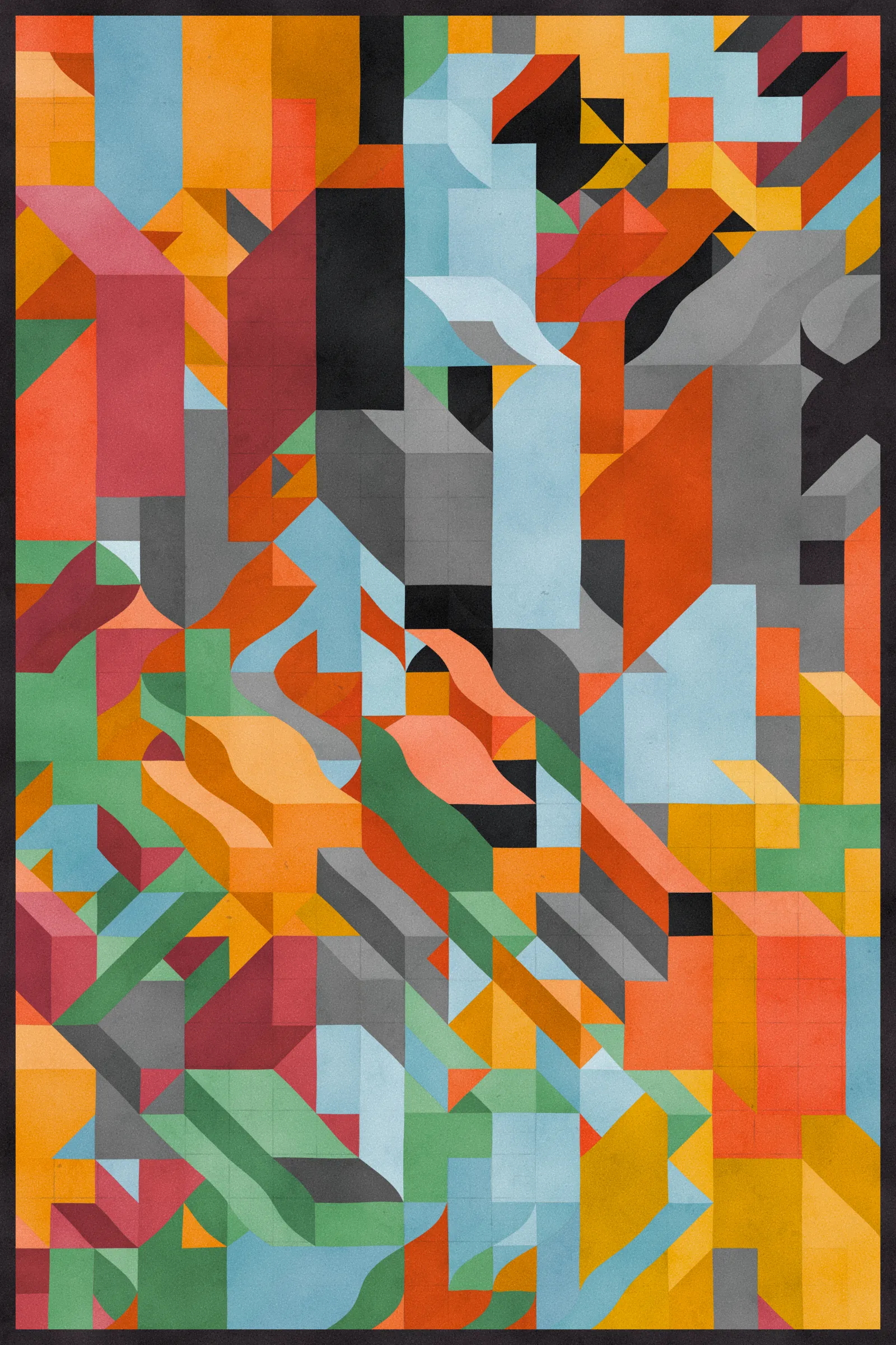 **Trichro-matic** meditates on perception.

As you explore the piece, your perception of the structure shifts. Elements change their relationships - what is out turns in; what is flat deepens. What stood adjacent now occludes.

The piece uses rhythmic color and form, displacement, and juxtaposition to create structures that invite interpretation and exploration. Some outputs challenge our depth perception conventions, while others manipulate explicit structural cues and emphasize intentional imperfections.

From this concept, the piece gets its name - Trichro-matic - denoting the ability to perceive using all three primary colors. The hyphenated "o-matic" denotes fictional machinery, hinting at the generative system supporting the piece. Both hand-selected and algorithmically-generated color palettes feature, with the latter aiming to elicit emotions akin to the former.

When you explore an output from different starting points, you understand the elements' relationships differently. In these changing interpretations, no answer is definitive. Each perspective, whether your first, your last, or someone else's, is valid.

Prints will be available for Trichro-matic owners. For more details, visit [this link](https://www.mountvitruvius.art).

Note: Renders might take longer on lower-end or mobile devices. This piece is my most technically complex release to date, relying on a custom GPU render process which can demand significant resources, even if outputs appear simple.

Finally, I dedicate this piece to my father, who suffered vision loss from a stroke in September 2023.