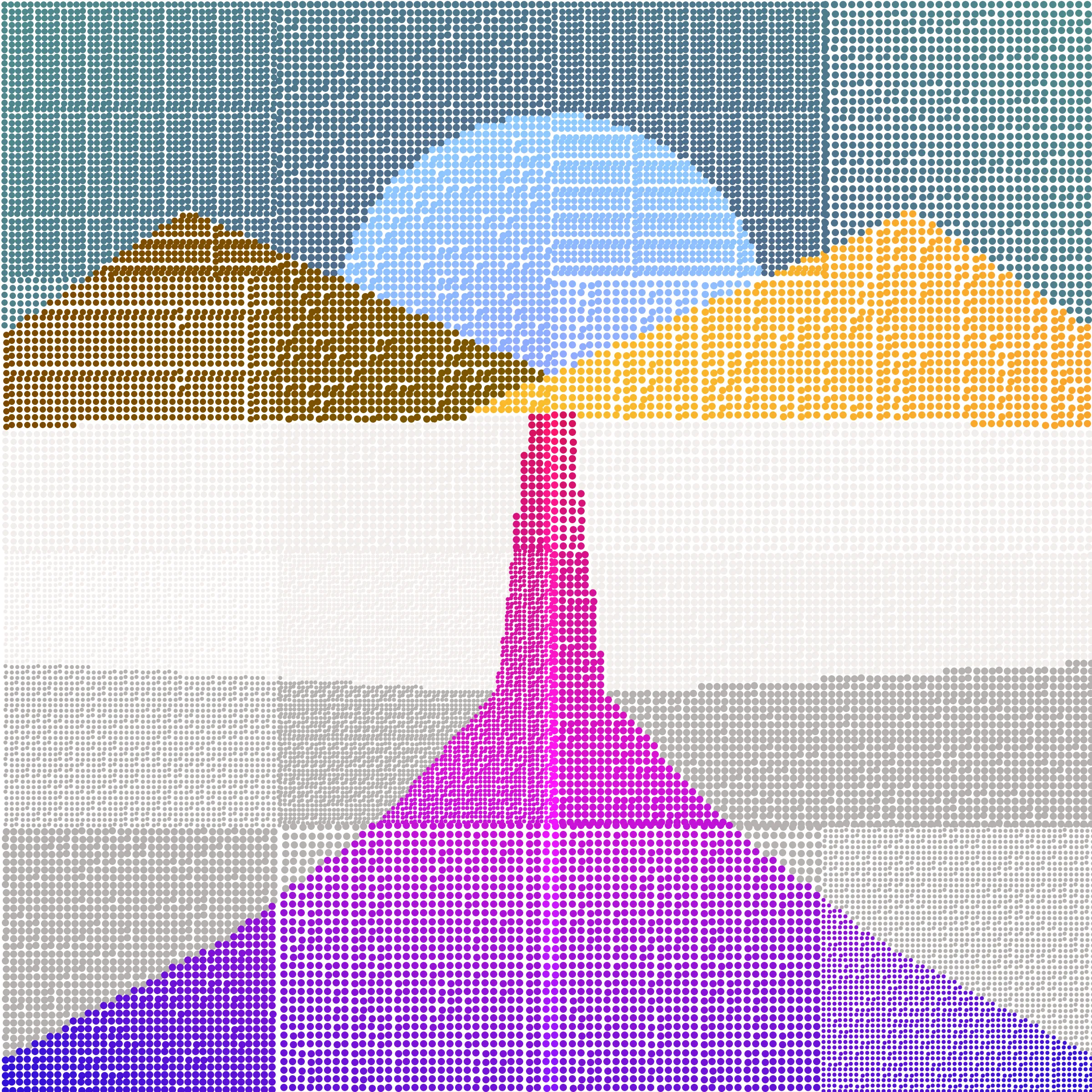 Long drives can be seen as a monotonous chore, or a peaceful solace. "Sonoran Roadways" is a prompt to see the road as a conduit for joyous return to places we find special. The project continues my reflection on physical and significant spaces, which started with previous projects "Stipple Sunsets", "Patchwork Saguaros", and "Speckled Summits". 

In these three prior works, I looked to capture the essence of the "escape of the beach", the "home I grew up in" of the Sonoran desert, and the "home I find now" in the Rocky Mountains. "Sonoran Roadways" continues this arc, reflecting similar active appreciation of space and place found in the transition of travel.

The style and technique of "Sonoran Roadways" is homage to stencil-like qualities of silkscreen printmaking. As the grandson of two artists who worked in the mediums of printmaking, paper cutting, and quilt making, I strive to incorporate the qualities of these mediums into my stipple-based digital paintings.

Additional approaches are pulled from my abstract experimentation in "Dot Matrix Gradient Study" with distortion and "digital misprinting" applied to the stipple matrices, but with a return to a figurative form.

Palettes used in "Sonoran Roadways" are largely inspired by Arizona's scenic drives and fantastical multi-colored sunsets – peaceful and familiar to me. 

"Sonoran Roadways" is a call to appreciate the potentially mundane, and get lost in the imagination of the journey back to somewhere called home or the fantasy of an exploration to somewhere new.