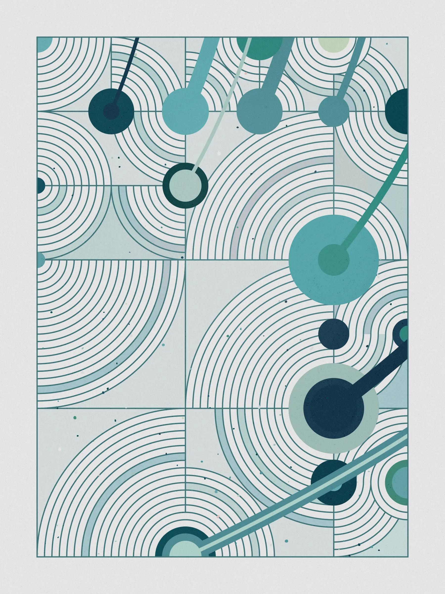 ##### **Forecast** abstractly captures the essence of rainfall on a stone-paved road, drawing an analogy between weather and human emotions, comparing the outcome of a weather forecast to the range of feelings a rainy day can evoke, inviting viewers to reflect on their own relationship with rain and the emotions it evokes in them. #####
####  ####
` `
The code creatively **recreates a weather forecast** to determine where on the canvas rain will fall. It emulates barometric pressure and humidity to alter a circle packing **algorithm that acts like clouds over the canvas**, generating the necessary data to calculate the probability of precipitation for each piece and distribute rain on the canvas in a visually appealing way.

**Geometry, color, and natural forces work together to create an abstract representation of rain** that pays homage to where I was born, “Galicia, where rain is art”.
 #### ####
  #### ####
   #### ####
 ***
  #### ####
` `
###### **The Concept**
` `
In the northwest of Spain lies Galicia, a region where rain holds a special place.

**With approximately half of the year consisting of rainy days**, it's no surprise that the Galician language has evolved to encompass a rich vocabulary of over 100 words to describe its various forms and moments. **Rain has become an art form in our everyday lives**, expressed through our language and the nuances of our conversations.

It was within this setting of rich traditions and linguistic nuances that **inspiration took hold on a rainy Sunday afternoon, as I wandered through the old part of town, captivated by the movement of raindrops and mesmerizing water ripples on the stone-paved road**, nurtured by the deep connection between Galicia's cultural heritage of intricate vocabulary of rain.

This intriguing interplay between weather and language extends far beyond Galicia, languages like Japanese, Welsh, and even Hawaiian bear witness to this captivating phenomenon, where **weather molds the very fabric of our linguistic expressions.** It serves as a testament to the **profound influence of weather on our collective human experience.**

While rain and weather influencing language ignited my inspiration, I sought to explore further, embarking on a creative journey that **explores the profound impact rain has on emotions and feelings**—a shared human language that transcends borders and requires no translations.

To express the diverse range of emotions rain can evoke, I created color palettes inspired by personal memories and experiences, capturing the essence of how those moments, events, and places made me feel. To further enhance the expression of emotions, I use size and proportion symbolizing and amplifying the intensity of those feelings. This approach brings forth the emotional impact of rain in our lives, **inviting viewers to reflect on their own relationship with rain and the feelings it evokes in them.**

To add depth and significance to its compositions Forecast uses a creative approach woven into its code, that became such an important part of the piece that gave its name to the project. **The code simulates a weather forecast emulating barometric pressure, and humidity** – variables that dynamically influence a circle packing algorithm that symbolizes clouds over the canvas, generating the necessary data to calculate the probability of precipitation for each piece and distribute rain across the canvas in a visually appealing way. The result is a perfect balance between randomness and control that added an extra layer of depth to the artwork.

**Prints**
Prints will be available for Forecast owners. For more details, [visit this link](https://www.mlarino.com/work/forecast "order prints").

***
\
**Keys**
**[S]** - Download image.

Press the **[LEFT ARROW]** key to explore the different elements that help build the final image.

To switch between different aspect ratios, use the following keys:
**[0]** 3:4 Print (default)
**[1]** 9:16 ratio
**[2]** 1:1 ratio