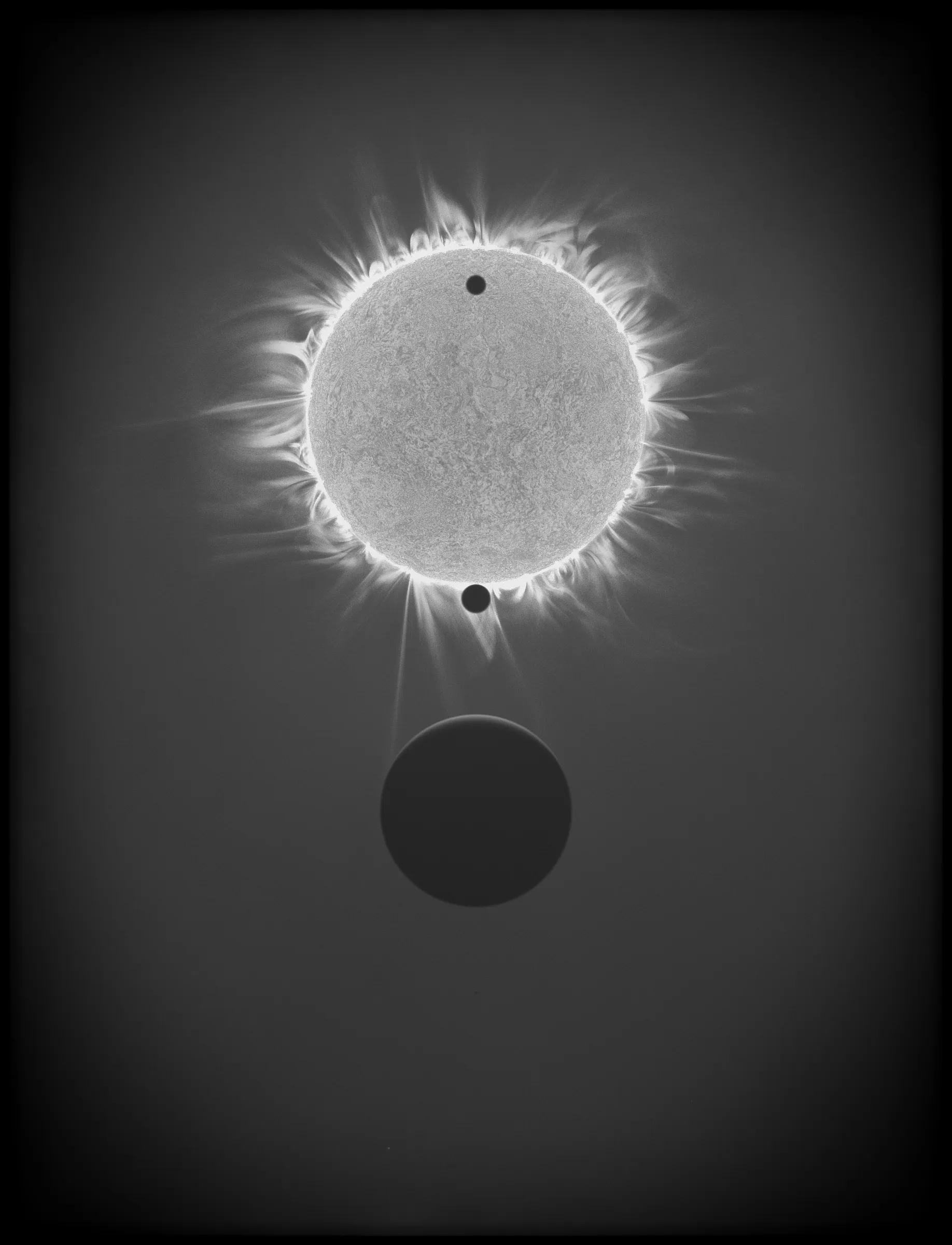 Solar Transits is a procedural exploration of the origins of astrophotography. Each image in this series depicts a randomly generated astronomical event but viewed through the lens of mid-to-late 19th century image capture techniques. The collection features a variety of rare alignments of stars, planets and moons, and are rendered in the spirit of the daguerreotype.

In June of 2012, I took a trip to Minneapolis to speak at the Eyeo Festival. Venus was going to transit while I was there. I was curious. I had not seen a transit before. At 5:09 pm on June 5th, a nearly imperceptible black circle began its march across the sun. Were it not a predicted mathematical certainty, it is doubtful anyone would have noticed. For six minutes, the light from the sun was 0.087% dimmer.

It is a significant thing to see an object silhouetted against the sun. We are so accustom to seeing our perfect circle of pure light that we can't help but to celebrate the occasions where something blocks the view. I still feel a little more excitement when a slight shadow shoots across the landscape on a cloudless day, the source being an extremely rare transit of a commercial jet liner.

Exponentially more rare is the planetary transit. When Venus hangs on the horizon, glowing against the night sky, it is all too easy to think it another star. Only when it is viewed in silhouette can its position in our universe be fully appreciated: orbitally locked like us, and forever drawing it's path around the sun. That tiny black circle effected me in a big way. The scale of the cosmos shifted into perspective. That doesn’t happen often. I was incredibly moved. It was an experience I will never forget. This project is an homage to that strange once-in-a-lifetime event.

As it turns out, I was very lucky to have seen it at all. In the time since my birth in 1972, a Venus transit has only happened twice. The 1st time was in 2004 but I lived in a part of the world where it was not visible. The 2nd time was in 2012. Unless I live to be 145 years old, there won’t be a 3rd time. There are a couple silver linings: the Great American solar eclipse is on April 8 2024, and Mercury will transit in 2032.

The first 10 sales will have the option to purchase their output in the form of a framed daguerreotype.