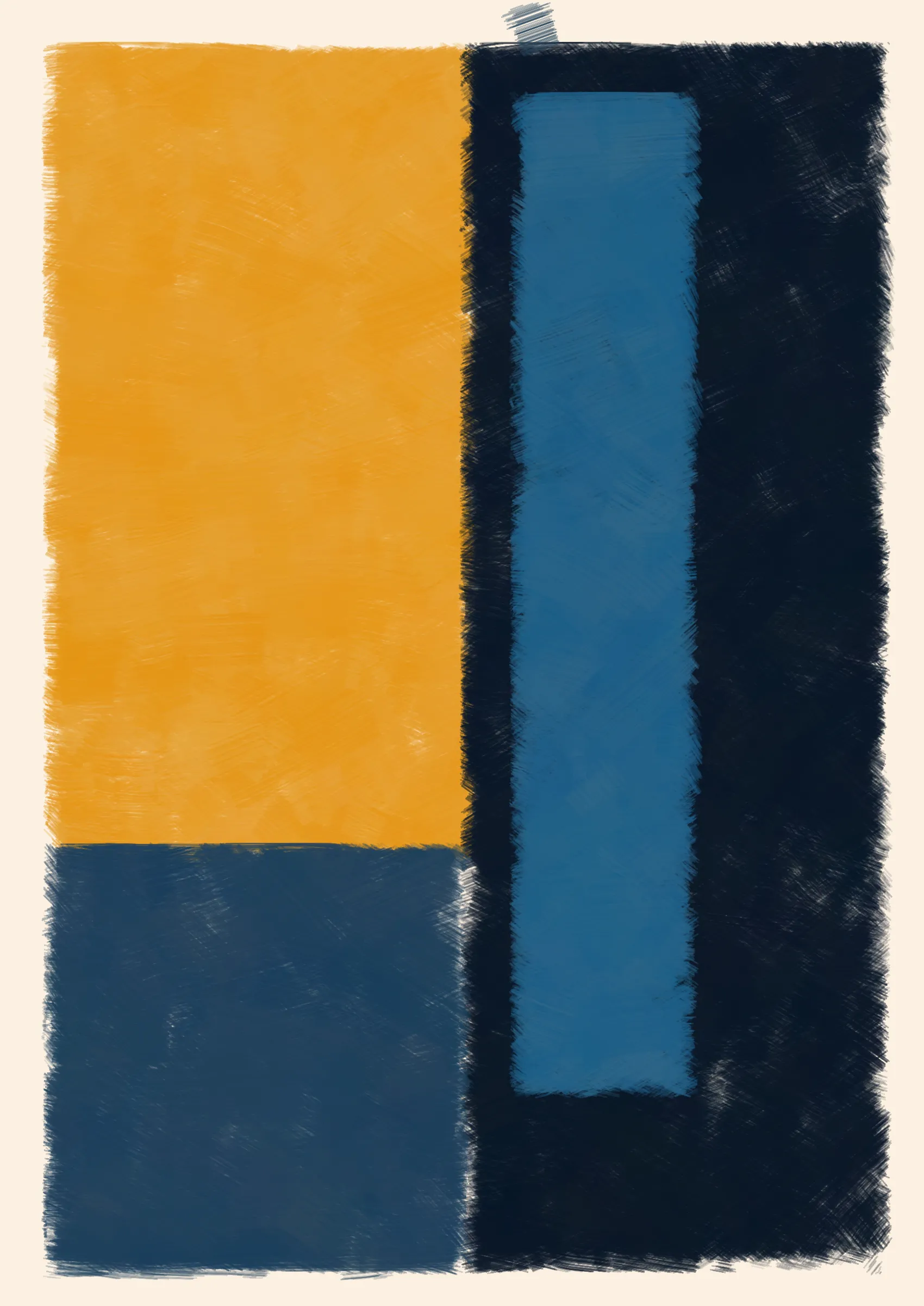 ### Good job, Computer. Do that some more.

To what degree can we teach a computer to make a painting? One that resembles creation from the imperfect hand of a human. Here, the computer attempts to hide itself from the viewer in the details, such as inconsistent borders or uneven layers of paint. Intentional flaws that a human might make unintentionally.
Good, Computer is an exploration of not only how small cumulative inaccuracies create complete images, but also the forms and harmonies that those images evoke.

Consider the following:

***A set of 4 colors is to be considered -- singly as "actors," together as "cast." They are to be presented in 4 different arrangements -- as "performances."***
***Although they remain unchanged in hue and light, in "character", and appear in an unchanging outer frame, the "stage", they are to produce 4 different "scenes" or "plays," each to be so different that one and the same set of colors will be seen as 4 different sets, presented by 4 different casts.***
***And all this can be achieved mainly through changes in quantity which result in shifts of dominance, of recurrence, and consequently of placement.***
***The essential question: which group of colors is ready to lose its identity as a cast?*** 
***-- Josef Albers***

We can answer this question simply by asking ourselves why we're drawn to some arrangements more than others. In doing so, we consider not just tone, but also quantity, intensity and weight in order to form new relationships between the colours. And as such the viewer gives each image their own subjective personality.

---

Press `s` to save image.