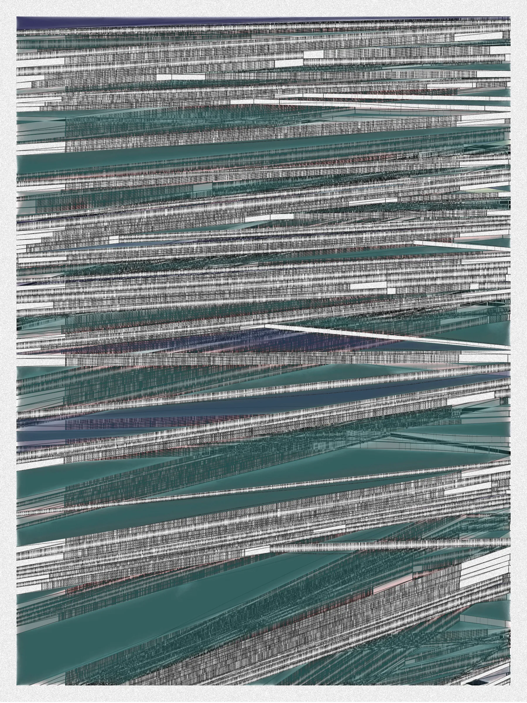 # Neural Sediments

## “Before objectivity, there was truth to nature; after the advent of objectivity came trained judgment”

Lorraine Daston, Peter Galison

Improving my decision-making process is how I would sum up my lifelong quest. Understanding yourself and the unlimited variables and actors surrounding us daily requires a radical yet utopian pursuit of objectivity.

A prerequisite to an objective observation is identifying and eliminating cognitive and observational biases.

My obsession with objectivity started as a sociology student; while studying epistemology of science and pondering the works of Emile Durkheim, Max Weber, and Karl Popper.

This quest never left me and has been a cornerstone of my artistic practice for 25 years.

“The map is not the territory” is a mainstream expression highlighting a potentially oversimplified version of reality. In this series called Neural Sediments, inspired by the works of Alberto Burri, František Kupka, and Swiss topography, I highlight the complexity of our brains and some of their biases.

Looking at one Neural Sediment will deliver you a first broad impression; however, looking at it for a longer time will yield a never-ending and much more nuanced and delicate observation. Like Alberto Burri’s Cracks series, some things not obvious to the eye become real over time. Each Neural Sediment opens itself to the viewer in a unique way. The more you look at it, the more you can decipher it. 

Like Swiss alpine glacier sediments, this material appears only after a certain amount of time and a decent amount of gravity. Burri used a special technique to envision time with cracked canvas; František Kupka, in his Katedrála painting, opens the fourth dimension by looking at the vertical lines of the glass window.

In the Neural Sediments series, I used both as an inspiration to push the viewer’s eye to search for more details and a deeper perspective.

Choosing color palettes for a long-form generative art collection is as demanding as solving technical algorithmic challenges. 

The color palettes I create result from a process I've built into my practice over time. Each palette comes from my own algorithmic selection trained on classical masterpieces.

After this first selection, each set of colors used in a Neural Sediment is re-arranged to be linked with endangered ecosystems such as dark blue waters, peach salmons, rare botanic species, or volcanos.

Like Josef Albers, who highlighted the instability and deceptiveness of colors, my color sets are here to reinforce the question of objectivity in the art world and life in general.

Looking at its overall structure, each Neural Sediment evokes a brutalist architecture. 

Prioritizing function over form, each Neural Sediment aims to be used as a tool to rediscover oneself, free from the cognitive constraints we put on ourselves and the world around us.

PS: From a technical point of view, Neural Sediments require some heavy calculations, considering the very large number of intersections to compute prior to rendering.

PPS: Pressing the letter “i” on your keyboard will generate a high resolution export for a large scale and print friendly format.