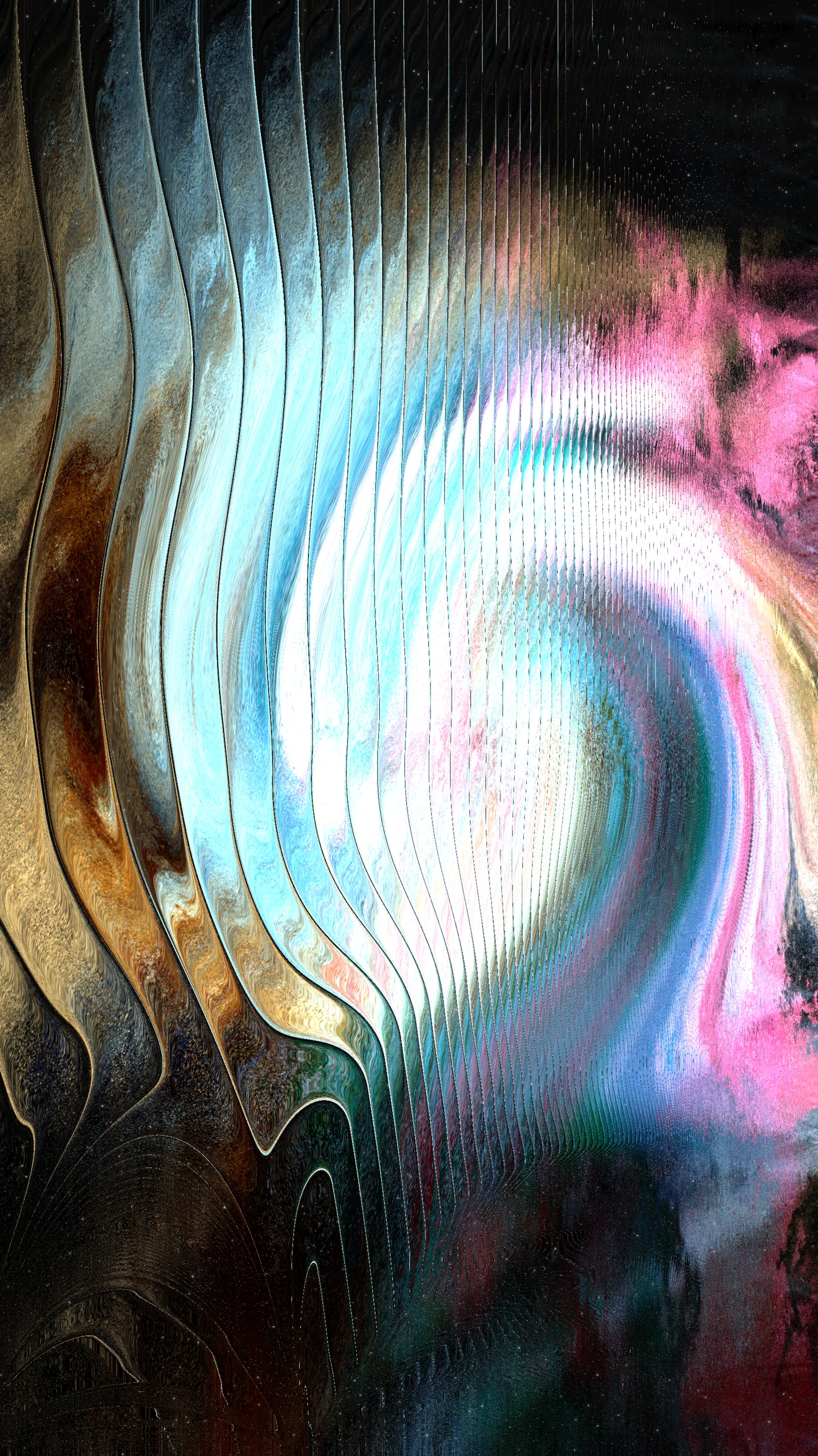 Lumina engages in the delicate interplay of curved, organic lines and abstract forms, weaving a surreal narrative filled with rhythm and dynamism. It illustrates dreamy imagery of cosmic phenomena such as electromagnetic waves, magnetic reconnection, and gravitational pull. In its composition, Lumina balances fluid and structured elements, vibrant and muted tones. The artwork’s glitchy and distorted textures, reminiscent of cosmic noise and stellar interference, further enhance its spatial narrative, offering a visual echo of the cosmic phenomena.

Lumina lies in its balanced integration of organic and digital elements. The first layer of the artwork, crafted with p5.js and a fBm shader, forms an organic texture, adding a swirl to give dynamism and generates diverse color palettes; establishing a visual field. This organic layer is then intertwined with a digital layer, where a custom fragment shader introduces subtle distortions and glitches, adding depth, complexity and luminance to the pieces. The inclusion of noise (and its artifacts) and various mathematical functions imbue the collection with a dreamlike ambiance.

**URL Parameters:**
?resolution=5000  :  to render as 2812x5000 px
?resolution=4000  :  to render as 2250x4000 px 
?resolution=3000  :  to render as 1687x3000 px (default)

**Press [S] in live view to save as .png**

This work involves intensive GPU processing. It's advisable to use modern hardware and ensure your browser's hardware acceleration is enabled for optimal performance. Using the Chrome browser on a desktop equipped with a high-end GPU is highly recommended.

See website for more details about the collection.