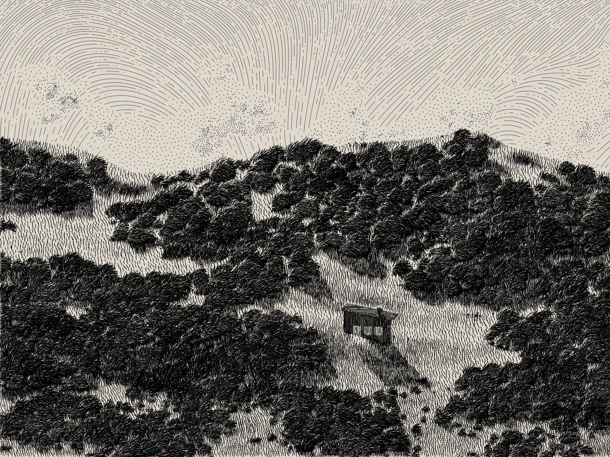 *Life and Love and Nothing is released as part of reGEN, a special charitable auction of generative art to raise funds for Cure Alzheimer’s Fund, curated by Alex Estorick and Foteini Valeonti in collaboration with The Giving Block.*

This is an illustration of a wildfire burning through a cabin and the surrounding hillside, rendered stylistically with pen and paper in mind. 

Once a year, the fire will ignite and burn until the cabin and the hillside are consumed. After burning, the cabin and the hillside will regenerate, and the cycle will start again.

The cabin represents a person, and the surrounding hillside their mind and memories.

The fire represents disease, burning through the person’s memories from the most recent and least established, through to the oldest and most ingrained.

My hope is that this can illustrate both the pain caused by disease and the beauty of the time we have to hold onto memories and loved ones.

Life is short, bodies degrade, houses burn. But, before that, there is life; there is love; there is creation – these things are beautiful.

Consider where you are placing your efforts.
Pursue what is important.
Take the time to see someone you love.
Take the time to do something you love.

There’s only so much time.