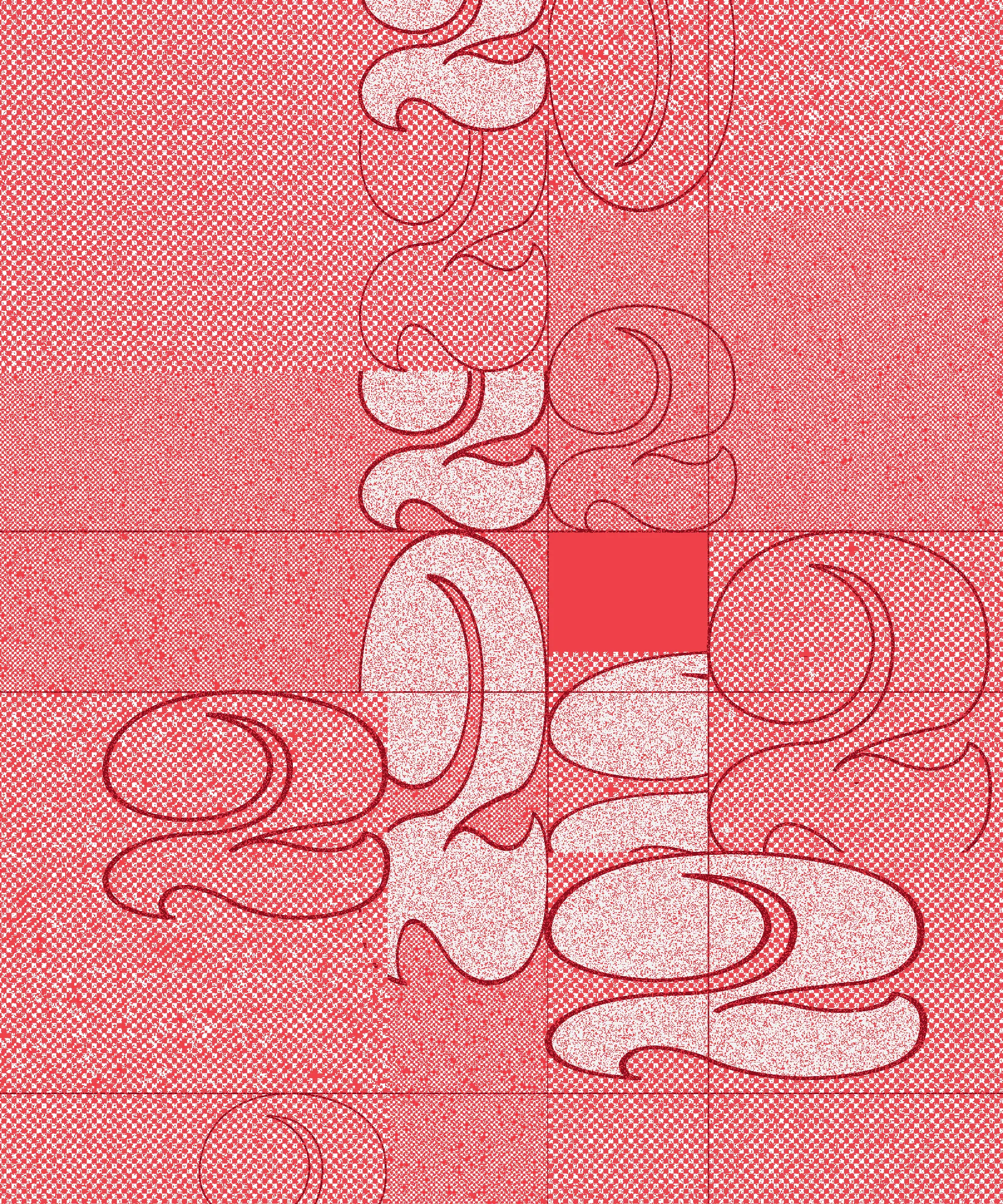 When I was working in graphic design and immersed in typography, I spent a year and a half designing this “2”. A personal obsession, I drew and redrew it hundreds of times until I felt it reached the perfect form in balance, weight, and drama.

This generative series revisits my captivation with this character object, using the algorithm as a tool for continued obsession and exploration. I want people to experience this collection and never see a “2” in the same way again. I also want to remind viewers that exquisiteness can exist in any mundane thing.

My background in graphic design and typography is ingrained in how I think. Regardless of medium, I have always been a designer of iteration, exhaustively trialing possibilities within a set of constraints to uncover the best way, or the most ways. Twos takes a “perfected” form and puts it to a further test. Different outputs situate the form in different contexts, look at it askew, or emphasize isolated parts of it for endless results.

The texture within the collection is inspired by low resolution effects (pixelation) and textures that arise from analog printmaking techniques and pen lines. It blends the hand-drawn nature of my original “2” with the power of obsessive exploration only possible with computer generative iteration. Layers of tiny squares, under and above the characters, are used to mimic the texture of a pen or a stamp. Found in much of my work, these “visible pixels” represent the physical module upon which digital art is created - and by calling back to pixel art, act as a reminder that code is still a craft, and the generated image isn’t far from the artist’s hand.

Beyond the beauty of the form, the number two is a special quantity because it implies possibilities beyond itself. A system containing zero or one elements is inert. Two creates an interaction, a dyad, and implies the possibility of more than two – an expanding system. In computer programming, this is expressed as the "zero, one, infinity" rule. The two represents a potentially endless continuation.

Each feature in the collection represents either the analog or the digital journey of this character. Some compositions render each symbol as linework, reminiscent of its earliest hand drawn form. Others render it as the solid numeral, completed after its long journey of iteration. Some compositions are gridded, others are organic and loose. Some are contained by a frame, others are open and unrestrained.

Color enters a few outputs: the mark of new technological tools like the first colored ink in printing, or the move from black and white to digital screens. The brightest hues used depend on light emittance of the screen and wouldn’t translate exactly when printed in standard inks. But in a further application of constraint, most outputs are neutral in color, keeping the focus on the formal obsession with this small, beautiful character.
