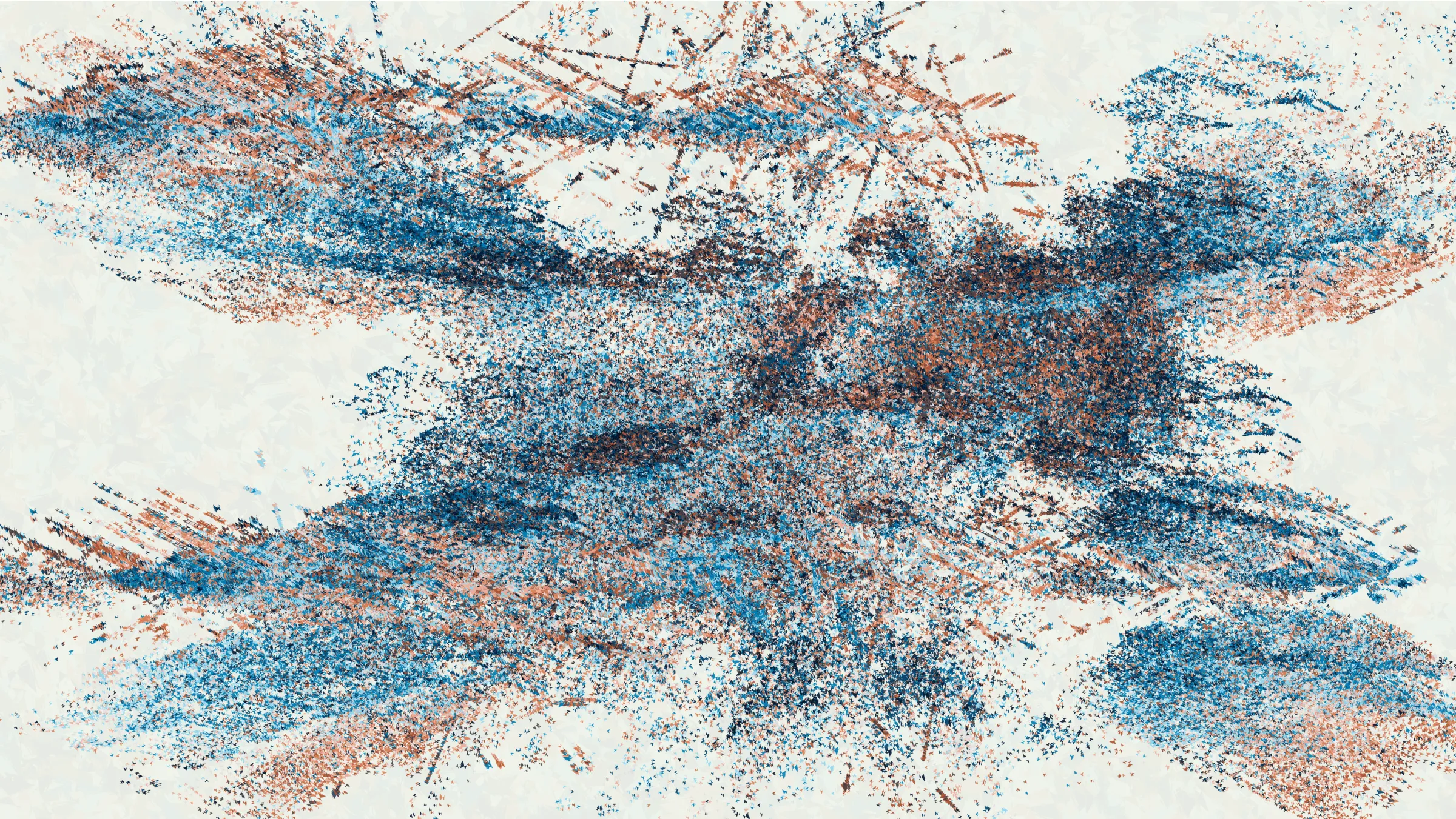 How can intent be communicated when ideas are filtered through a pseudorandom number generator? Simply looking at the output does not make it clear whether a stroke is placed on the canvas because of a decision by the artist or by a roll of the dice. The artist’s hand is more present in the process than the result; they choose the algorithms, tune the parameters, and prune the features. As I experimented with my code, I held a particular idea in mind, but I was uncertain how it would finally manifest. I pursued a visual composition that made me feel a certain way, and the visuals I landed on communicate my feeling better than anything I can put into words. Through Curved Air is about the challenge of communication. Regardless of the medium, I can never be certain that the message I intend to send is the message that is received.

Through Curved Air takes inspiration from musical minimalism, where repetition is used to highlight changes in rhythm and harmony. Every output is created by repeatedly copying a single shape. Each copy only has meaning in relation to the other shapes nearby, and that meaning changes with the context around it. Delicate structures form and are subsequently obscured by further layers, and though they may be hidden, they still affect the perception of the final image. Clicking on the canvas will start or stop the looping mode, where the image is recreated in a slightly different way. New facets are exposed as the composition changes yet remains the same. Just as I spend my days trying to share my inner experience through my art, Through Curved Air uses each shape and each loop and each token hash to attempt to create a common feeling between myself and the viewer.

Through Curved Air also takes inspiration from the paintings of Joan Mitchell. I was drawn to her expressive strokes, vibrant colors, and use of negative space, all of which come together to give a more intense feeling of looking at a landscape than just looking at a painting of a landscape. Her energetic marks clearly communicate that there is a human being behind the art. The marks of generative works are often similarly representative of the underlying process, but instead of drawing focus to the artist behind the piece, they draw attention to the algorithm. To convey human emotion in the way I intended, I had to use a subtler algorithm.

The technical tools to convey this emotion are tools I have been consistently developing in my practice. I love making generative art because I can design a system where I understand how all the components work, but they can still come together to produce a result that surprises me. The algorithm behind the compositional variation in my earlier works Coquina and Primordial is one I continued to evolve, and it rests at the heart of Through Curved Air. In fact, I pushed it further than ever, using it to create the individual shapes that form the building block of each output. This emergent variation permeates the work and results in surprising images that more closely resemble paintings than anything I made previously. I believe the potential for surprise is key to conveying emotion through code. When the possibility space of the algorithm grows too large to understand, the mind wanders to the person behind the algorithm. Perhaps the human element is the struggle to understand, or the struggle to be understood.