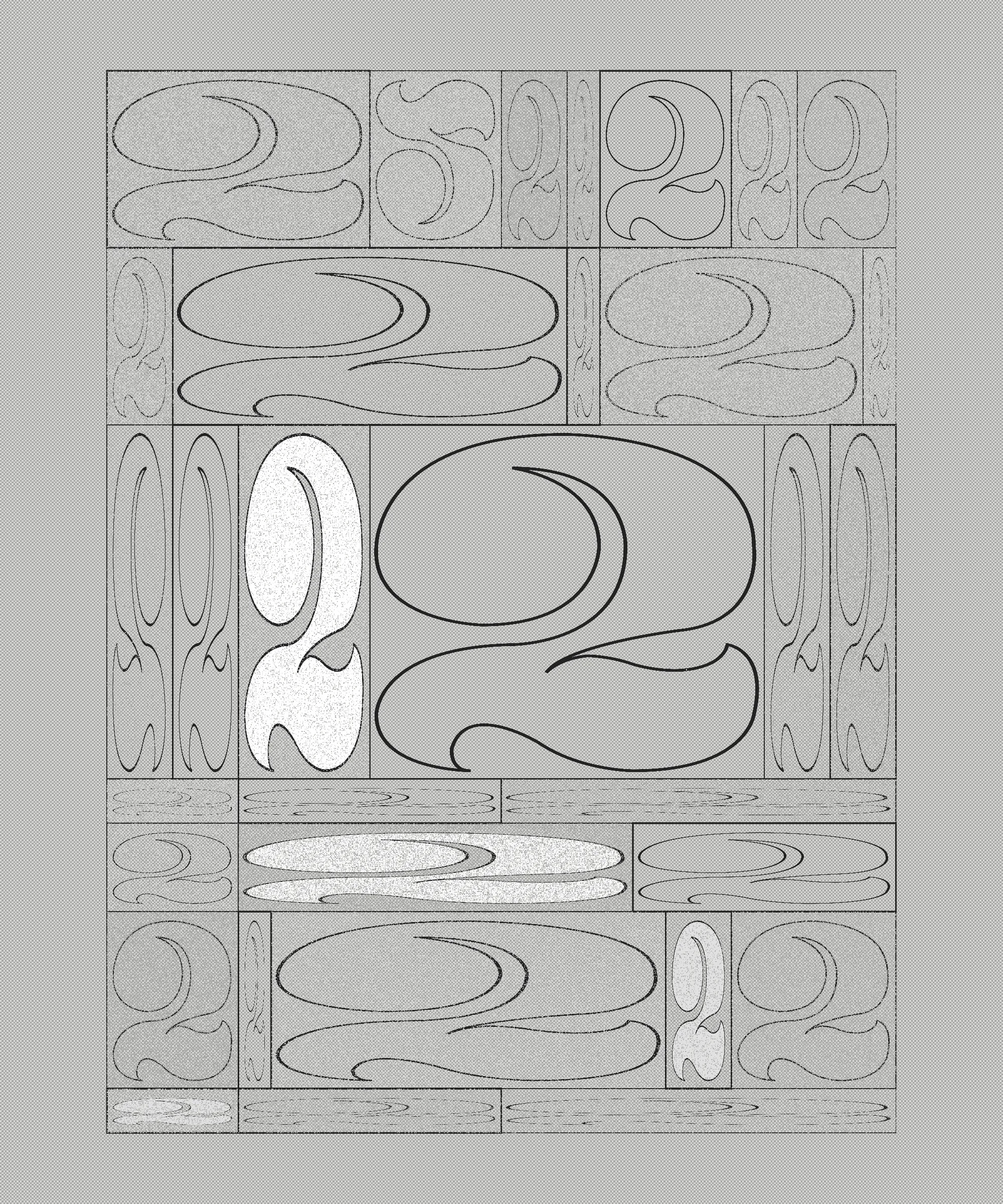 When I was working in graphic design and immersed in typography, I spent a year and a half designing this “2”. A personal obsession, I drew and redrew it hundreds of times until I felt it reached the perfect form in balance, weight, and drama.

This generative series revisits my captivation with this character object, using the algorithm as a tool for continued obsession and exploration. I want people to experience this collection and never see a “2” in the same way again. I also want to remind viewers that exquisiteness can exist in any mundane thing.

My background in graphic design and typography is ingrained in how I think. Regardless of medium, I have always been a designer of iteration, exhaustively trialing possibilities within a set of constraints to uncover the best way, or the most ways. Twos takes a “perfected” form and puts it to a further test. Different outputs situate the form in different contexts, look at it askew, or emphasize isolated parts of it for endless results.

The texture within the collection is inspired by low resolution effects (pixelation) and textures that arise from analog printmaking techniques and pen lines. It blends the hand-drawn nature of my original “2” with the power of obsessive exploration only possible with computer generative iteration. Layers of tiny squares, under and above the characters, are used to mimic the texture of a pen or a stamp. Found in much of my work, these “visible pixels” represent the physical module upon which digital art is created - and by calling back to pixel art, act as a reminder that code is still a craft, and the generated image isn’t far from the artist’s hand.

Beyond the beauty of the form, the number two is a special quantity because it implies possibilities beyond itself. A system containing zero or one elements is inert. Two creates an interaction, a dyad, and implies the possibility of more than two – an expanding system. In computer programming, this is expressed as the "zero, one, infinity" rule. The two represents a potentially endless continuation.

Each feature in the collection represents either the analog or the digital journey of this character. Some compositions render each symbol as linework, reminiscent of its earliest hand drawn form. Others render it as the solid numeral, completed after its long journey of iteration. Some compositions are gridded, others are organic and loose. Some are contained by a frame, others are open and unrestrained.

Color enters a few outputs: the mark of new technological tools like the first colored ink in printing, or the move from black and white to digital screens. The brightest hues used depend on light emittance of the screen and wouldn’t translate exactly when printed in standard inks. But in a further application of constraint, most outputs are neutral in color, keeping the focus on the formal obsession with this small, beautiful character.