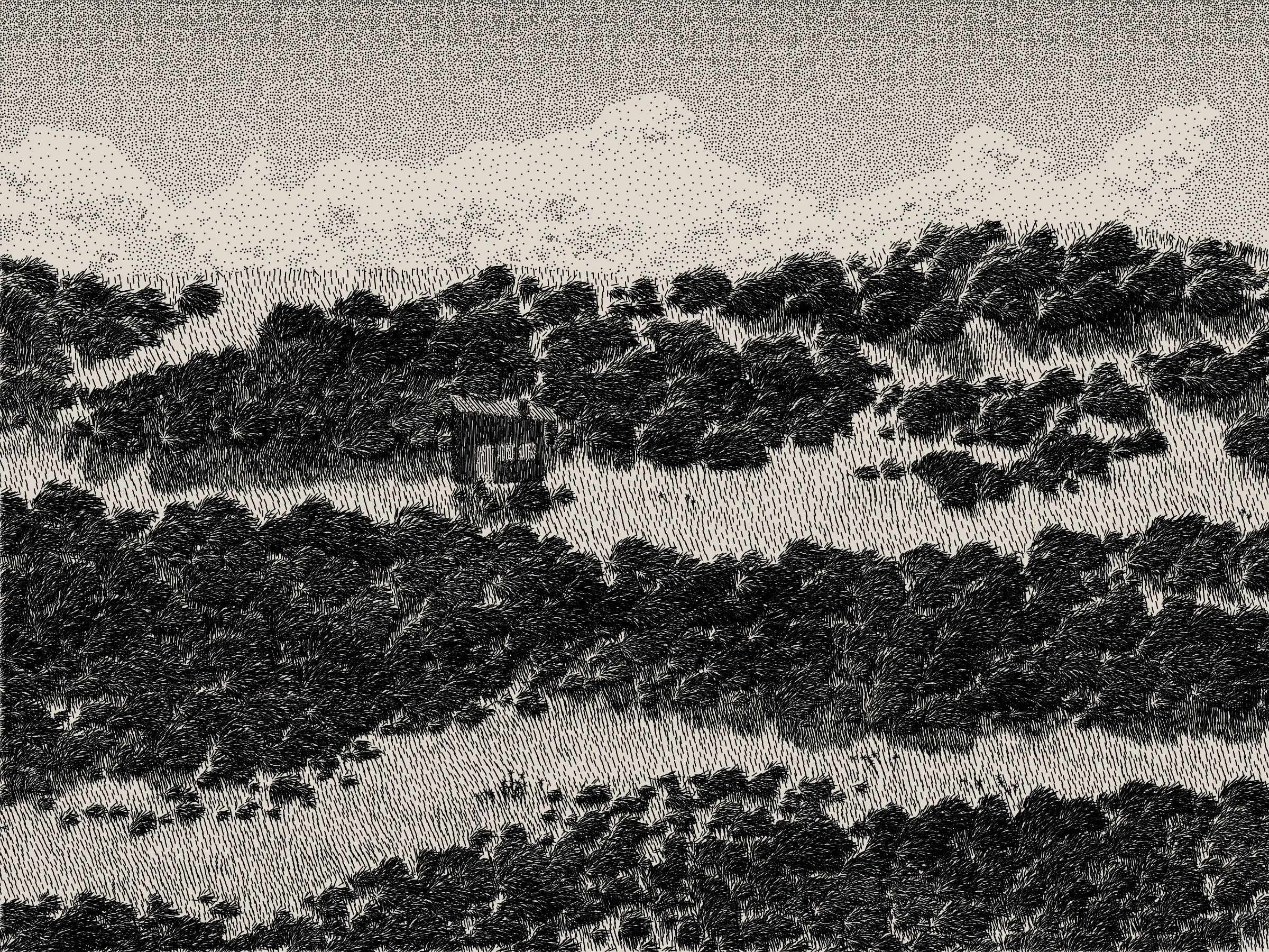 *Life and Love and Nothing is released as part of reGEN, a special charitable auction of generative art to raise funds for Cure Alzheimer’s Fund, curated by Alex Estorick and Foteini Valeonti in collaboration with The Giving Block.*

This is an illustration of a wildfire burning through a cabin and the surrounding hillside, rendered stylistically with pen and paper in mind. 

Once a year, the fire will ignite and burn until the cabin and the hillside are consumed. After burning, the cabin and the hillside will regenerate, and the cycle will start again.

The cabin represents a person, and the surrounding hillside their mind and memories.

The fire represents disease, burning through the person’s memories from the most recent and least established, through to the oldest and most ingrained.

My hope is that this can illustrate both the pain caused by disease and the beauty of the time we have to hold onto memories and loved ones.

Life is short, bodies degrade, houses burn. But, before that, there is life; there is love; there is creation – these things are beautiful.

Consider where you are placing your efforts.
Pursue what is important.
Take the time to see someone you love.
Take the time to do something you love.

There’s only so much time.