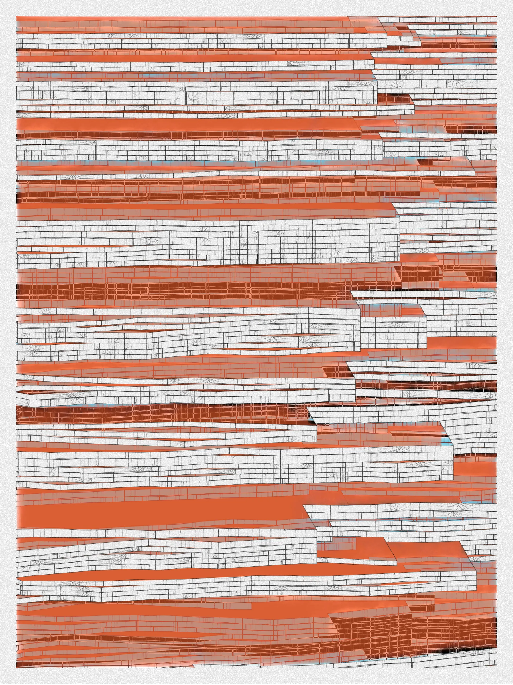 # Neural Sediments

## “Before objectivity, there was truth to nature; after the advent of objectivity came trained judgment”

Lorraine Daston, Peter Galison

Improving my decision-making process is how I would sum up my lifelong quest. Understanding yourself and the unlimited variables and actors surrounding us daily requires a radical yet utopian pursuit of objectivity.

A prerequisite to an objective observation is identifying and eliminating cognitive and observational biases.

My obsession with objectivity started as a sociology student; while studying epistemology of science and pondering the works of Emile Durkheim, Max Weber, and Karl Popper.

This quest never left me and has been a cornerstone of my artistic practice for 25 years.

“The map is not the territory” is a mainstream expression highlighting a potentially oversimplified version of reality. In this series called Neural Sediments, inspired by the works of Alberto Burri, František Kupka, and Swiss topography, I highlight the complexity of our brains and some of their biases.

Looking at one Neural Sediment will deliver you a first broad impression; however, looking at it for a longer time will yield a never-ending and much more nuanced and delicate observation. Like Alberto Burri’s Cracks series, some things not obvious to the eye become real over time. Each Neural Sediment opens itself to the viewer in a unique way. The more you look at it, the more you can decipher it. 

Like Swiss alpine glacier sediments, this material appears only after a certain amount of time and a decent amount of gravity. Burri used a special technique to envision time with cracked canvas; František Kupka, in his Katedrála painting, opens the fourth dimension by looking at the vertical lines of the glass window.

In the Neural Sediments series, I used both as an inspiration to push the viewer’s eye to search for more details and a deeper perspective.

Choosing color palettes for a long-form generative art collection is as demanding as solving technical algorithmic challenges. 

The color palettes I create result from a process I've built into my practice over time. Each palette comes from my own algorithmic selection trained on classical masterpieces.

After this first selection, each set of colors used in a Neural Sediment is re-arranged to be linked with endangered ecosystems such as dark blue waters, peach salmons, rare botanic species, or volcanos.

Like Josef Albers, who highlighted the instability and deceptiveness of colors, my color sets are here to reinforce the question of objectivity in the art world and life in general.

Looking at its overall structure, each Neural Sediment evokes a brutalist architecture. 

Prioritizing function over form, each Neural Sediment aims to be used as a tool to rediscover oneself, free from the cognitive constraints we put on ourselves and the world around us.

PS: From a technical point of view, Neural Sediments require some heavy calculations, considering the very large number of intersections to compute prior to rendering.

PPS: Pressing the letter “i” on your keyboard will generate a high resolution export for a large scale and print friendly format.