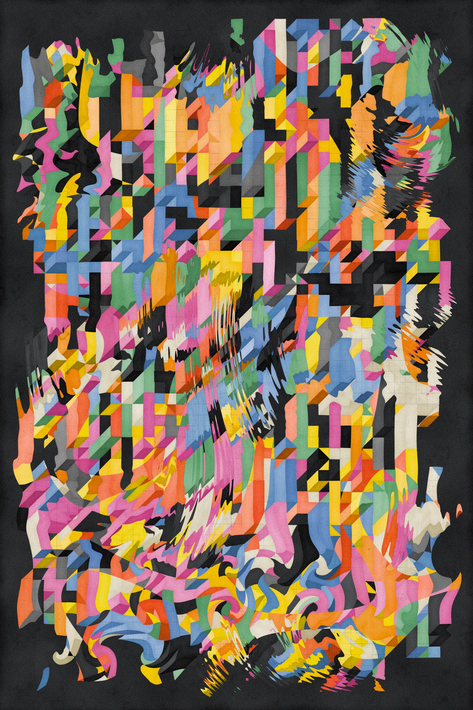 **Trichro-matic** meditates on perception.

As you explore the piece, your perception of the structure shifts. Elements change their relationships - what is out turns in; what is flat deepens. What stood adjacent now occludes.

The piece uses rhythmic color and form, displacement, and juxtaposition to create structures that invite interpretation and exploration. Some outputs challenge our depth perception conventions, while others manipulate explicit structural cues and emphasize intentional imperfections.

From this concept, the piece gets its name - Trichro-matic - denoting the ability to perceive using all three primary colors. The hyphenated "o-matic" denotes fictional machinery, hinting at the generative system supporting the piece. Both hand-selected and algorithmically-generated color palettes feature, with the latter aiming to elicit emotions akin to the former.

When you explore an output from different starting points, you understand the elements' relationships differently. In these changing interpretations, no answer is definitive. Each perspective, whether your first, your last, or someone else's, is valid.

Prints will be available for Trichro-matic owners. For more details, visit [this link](https://www.mountvitruvius.art).

Note: Renders might take longer on lower-end or mobile devices. This piece is my most technically complex release to date, relying on a custom GPU render process which can demand significant resources, even if outputs appear simple.

Finally, I dedicate this piece to my father, who suffered vision loss from a stroke in September 2023.