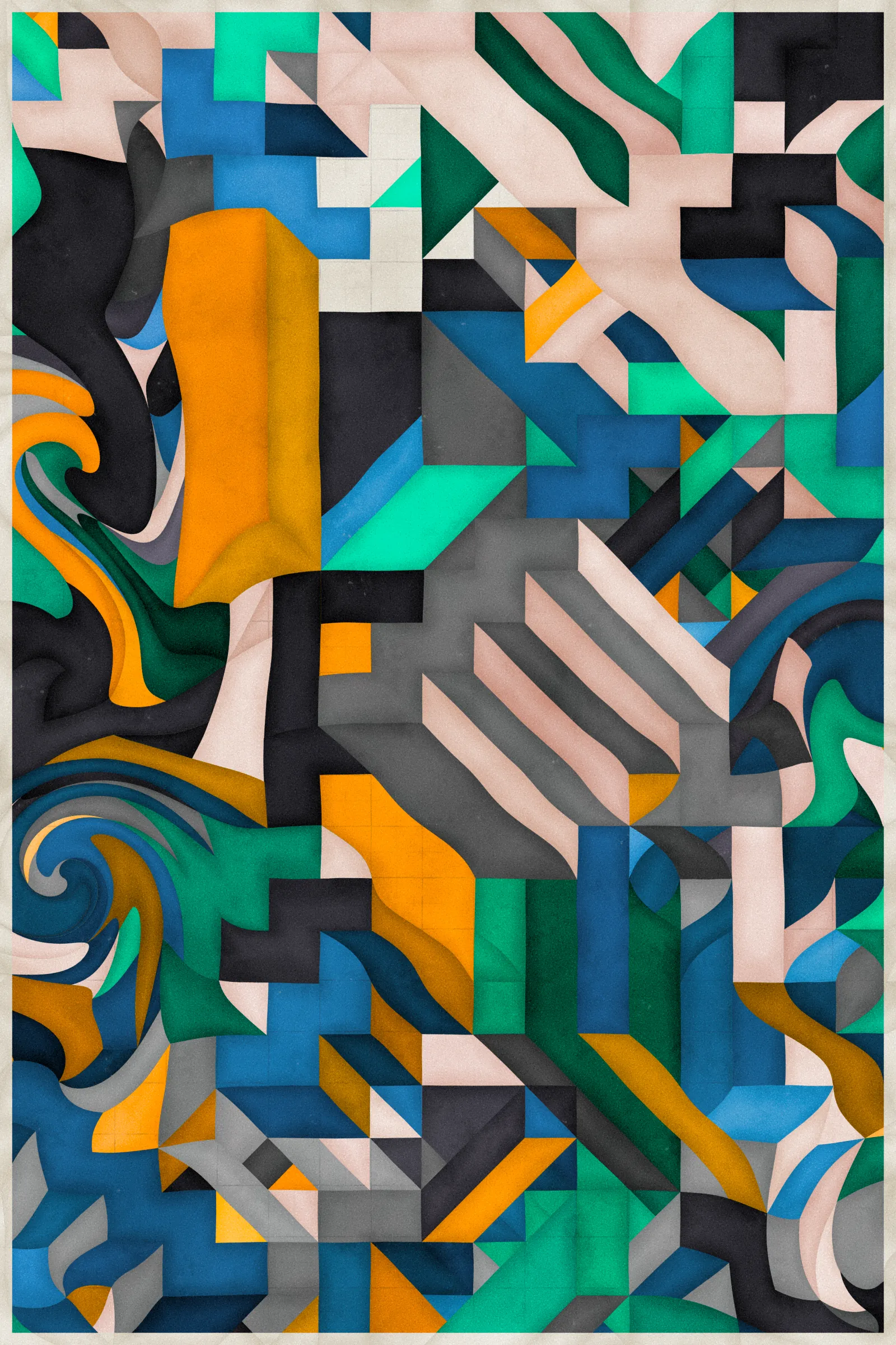 **Trichro-matic** meditates on perception.

As you explore the piece, your perception of the structure shifts. Elements change their relationships - what is out turns in; what is flat deepens. What stood adjacent now occludes.

The piece uses rhythmic color and form, displacement, and juxtaposition to create structures that invite interpretation and exploration. Some outputs challenge our depth perception conventions, while others manipulate explicit structural cues and emphasize intentional imperfections.

From this concept, the piece gets its name - Trichro-matic - denoting the ability to perceive using all three primary colors. The hyphenated "o-matic" denotes fictional machinery, hinting at the generative system supporting the piece. Both hand-selected and algorithmically-generated color palettes feature, with the latter aiming to elicit emotions akin to the former.

When you explore an output from different starting points, you understand the elements' relationships differently. In these changing interpretations, no answer is definitive. Each perspective, whether your first, your last, or someone else's, is valid.

Prints will be available for Trichro-matic owners. For more details, visit [this link](https://www.mountvitruvius.art).

Note: Renders might take longer on lower-end or mobile devices. This piece is my most technically complex release to date, relying on a custom GPU render process which can demand significant resources, even if outputs appear simple.

Finally, I dedicate this piece to my father, who suffered vision loss from a stroke in September 2023.