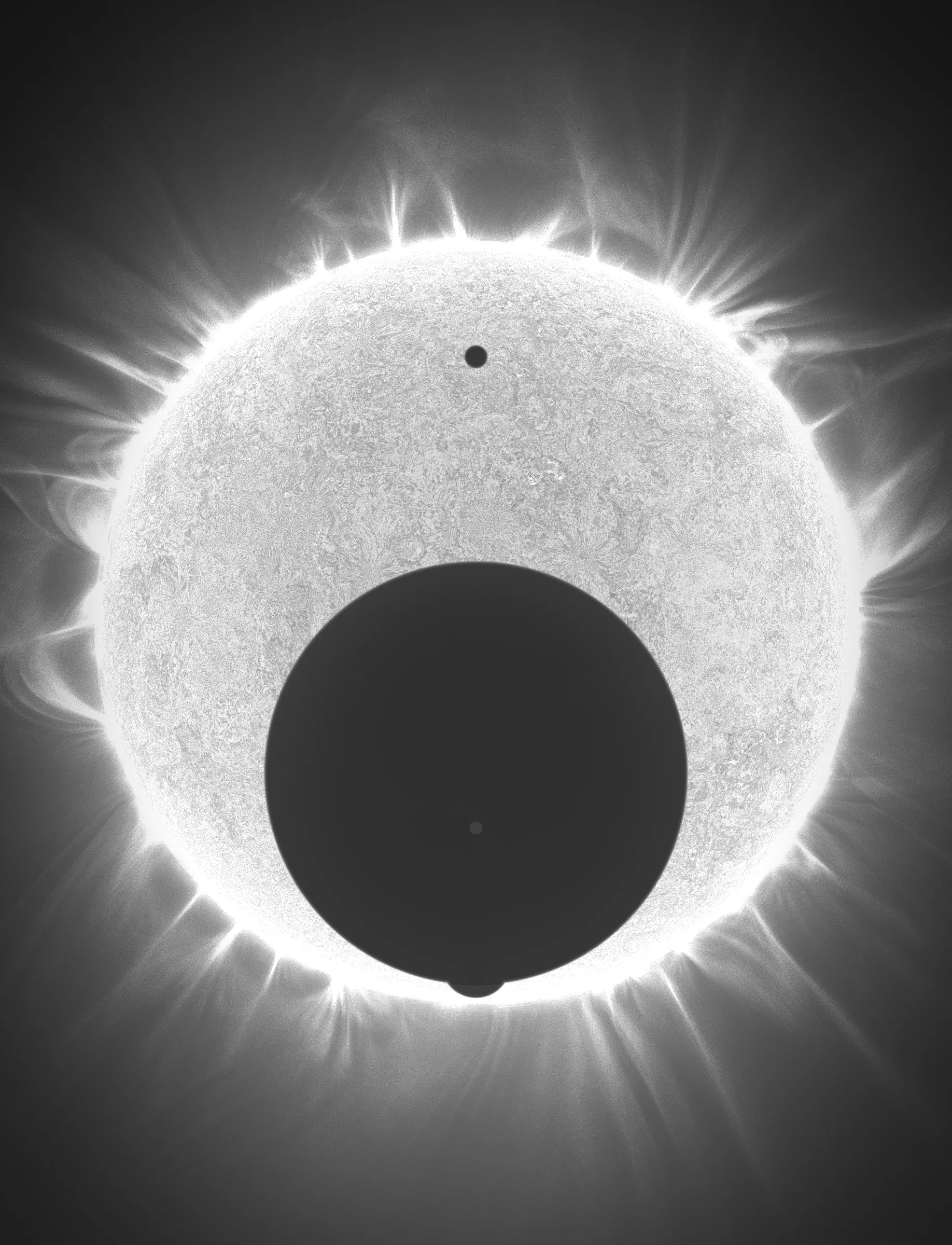 Solar Transits is a procedural exploration of the origins of astrophotography. Each image in this series depicts a randomly generated astronomical event but viewed through the lens of mid-to-late 19th century image capture techniques. The collection features a variety of rare alignments of stars, planets and moons, and are rendered in the spirit of the daguerreotype.

In June of 2012, I took a trip to Minneapolis to speak at the Eyeo Festival. Venus was going to transit while I was there. I was curious. I had not seen a transit before. At 5:09 pm on June 5th, a nearly imperceptible black circle began its march across the sun. Were it not a predicted mathematical certainty, it is doubtful anyone would have noticed. For six minutes, the light from the sun was 0.087% dimmer.

It is a significant thing to see an object silhouetted against the sun. We are so accustom to seeing our perfect circle of pure light that we can't help but to celebrate the occasions where something blocks the view. I still feel a little more excitement when a slight shadow shoots across the landscape on a cloudless day, the source being an extremely rare transit of a commercial jet liner.

Exponentially more rare is the planetary transit. When Venus hangs on the horizon, glowing against the night sky, it is all too easy to think it another star. Only when it is viewed in silhouette can its position in our universe be fully appreciated: orbitally locked like us, and forever drawing it's path around the sun. That tiny black circle effected me in a big way. The scale of the cosmos shifted into perspective. That doesn’t happen often. I was incredibly moved. It was an experience I will never forget. This project is an homage to that strange once-in-a-lifetime event.

As it turns out, I was very lucky to have seen it at all. In the time since my birth in 1972, a Venus transit has only happened twice. The 1st time was in 2004 but I lived in a part of the world where it was not visible. The 2nd time was in 2012. Unless I live to be 145 years old, there won’t be a 3rd time. There are a couple silver linings: the Great American solar eclipse is on April 8 2024, and Mercury will transit in 2032.

The first 10 sales will have the option to purchase their output in the form of a framed daguerreotype.