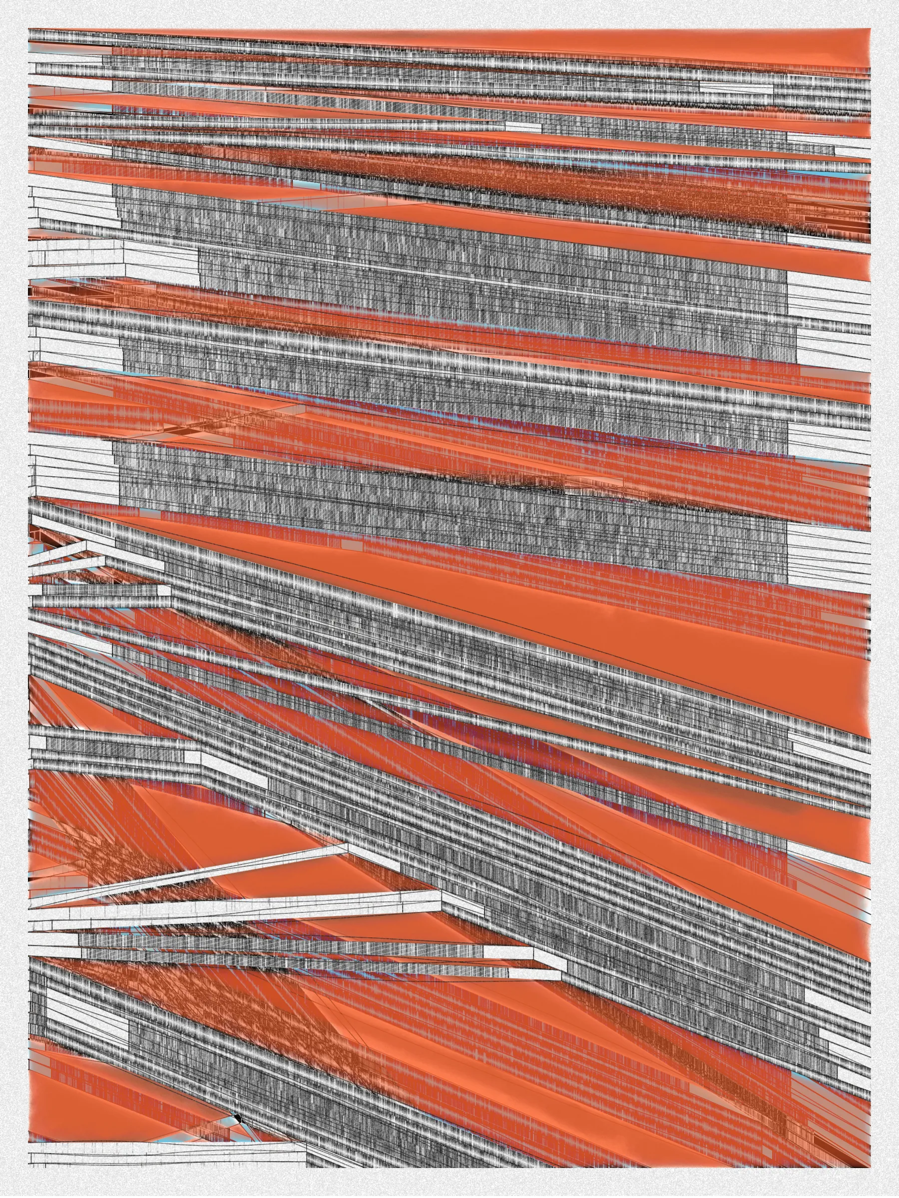 # Neural Sediments

## “Before objectivity, there was truth to nature; after the advent of objectivity came trained judgment”

Lorraine Daston, Peter Galison

Improving my decision-making process is how I would sum up my lifelong quest. Understanding yourself and the unlimited variables and actors surrounding us daily requires a radical yet utopian pursuit of objectivity.

A prerequisite to an objective observation is identifying and eliminating cognitive and observational biases.

My obsession with objectivity started as a sociology student; while studying epistemology of science and pondering the works of Emile Durkheim, Max Weber, and Karl Popper.

This quest never left me and has been a cornerstone of my artistic practice for 25 years.

“The map is not the territory” is a mainstream expression highlighting a potentially oversimplified version of reality. In this series called Neural Sediments, inspired by the works of Alberto Burri, František Kupka, and Swiss topography, I highlight the complexity of our brains and some of their biases.

Looking at one Neural Sediment will deliver you a first broad impression; however, looking at it for a longer time will yield a never-ending and much more nuanced and delicate observation. Like Alberto Burri’s Cracks series, some things not obvious to the eye become real over time. Each Neural Sediment opens itself to the viewer in a unique way. The more you look at it, the more you can decipher it. 

Like Swiss alpine glacier sediments, this material appears only after a certain amount of time and a decent amount of gravity. Burri used a special technique to envision time with cracked canvas; František Kupka, in his Katedrála painting, opens the fourth dimension by looking at the vertical lines of the glass window.

In the Neural Sediments series, I used both as an inspiration to push the viewer’s eye to search for more details and a deeper perspective.

Choosing color palettes for a long-form generative art collection is as demanding as solving technical algorithmic challenges. 

The color palettes I create result from a process I've built into my practice over time. Each palette comes from my own algorithmic selection trained on classical masterpieces.

After this first selection, each set of colors used in a Neural Sediment is re-arranged to be linked with endangered ecosystems such as dark blue waters, peach salmons, rare botanic species, or volcanos.

Like Josef Albers, who highlighted the instability and deceptiveness of colors, my color sets are here to reinforce the question of objectivity in the art world and life in general.

Looking at its overall structure, each Neural Sediment evokes a brutalist architecture. 

Prioritizing function over form, each Neural Sediment aims to be used as a tool to rediscover oneself, free from the cognitive constraints we put on ourselves and the world around us.

PS: From a technical point of view, Neural Sediments require some heavy calculations, considering the very large number of intersections to compute prior to rendering.

PPS: Pressing the letter “i” on your keyboard will generate a high resolution export for a large scale and print friendly format.