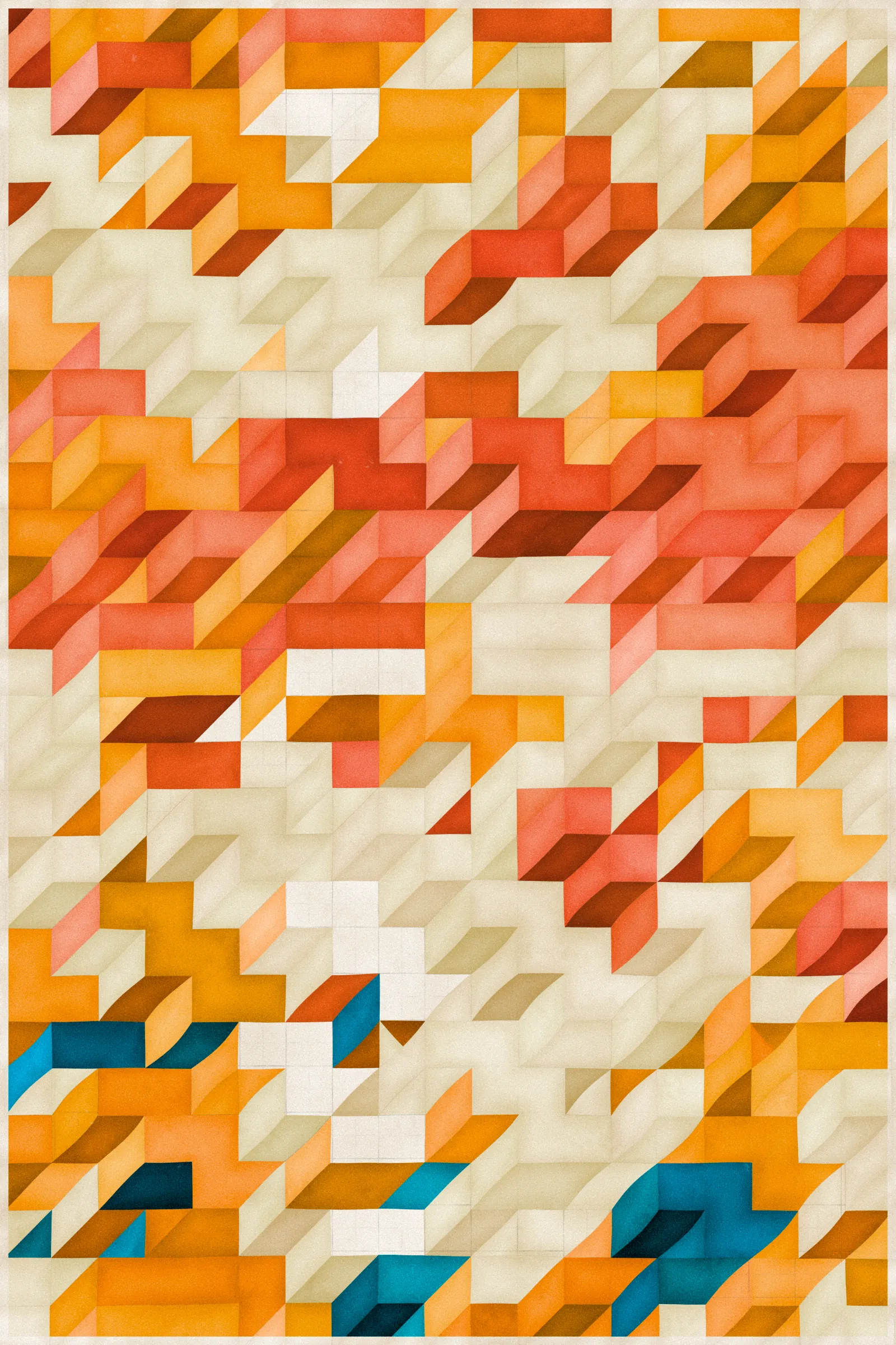 **Trichro-matic** meditates on perception.

As you explore the piece, your perception of the structure shifts. Elements change their relationships - what is out turns in; what is flat deepens. What stood adjacent now occludes.

The piece uses rhythmic color and form, displacement, and juxtaposition to create structures that invite interpretation and exploration. Some outputs challenge our depth perception conventions, while others manipulate explicit structural cues and emphasize intentional imperfections.

From this concept, the piece gets its name - Trichro-matic - denoting the ability to perceive using all three primary colors. The hyphenated "o-matic" denotes fictional machinery, hinting at the generative system supporting the piece. Both hand-selected and algorithmically-generated color palettes feature, with the latter aiming to elicit emotions akin to the former.

When you explore an output from different starting points, you understand the elements' relationships differently. In these changing interpretations, no answer is definitive. Each perspective, whether your first, your last, or someone else's, is valid.

Prints will be available for Trichro-matic owners. For more details, visit [this link](https://www.mountvitruvius.art).

Note: Renders might take longer on lower-end or mobile devices. This piece is my most technically complex release to date, relying on a custom GPU render process which can demand significant resources, even if outputs appear simple.

Finally, I dedicate this piece to my father, who suffered vision loss from a stroke in September 2023.