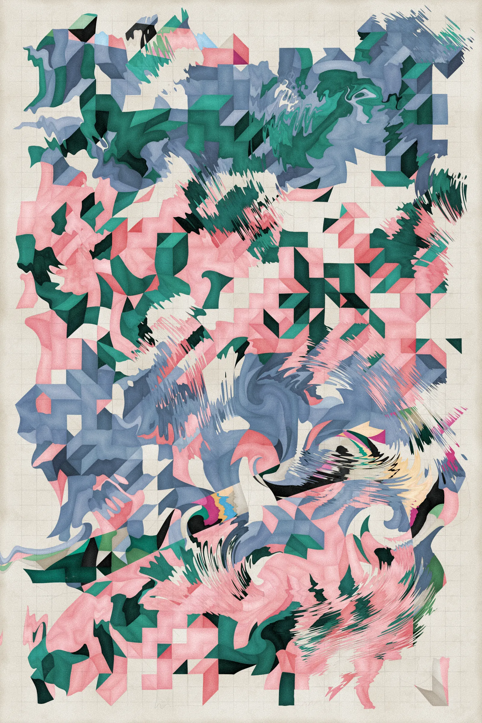 **Trichro-matic** meditates on perception.

As you explore the piece, your perception of the structure shifts. Elements change their relationships - what is out turns in; what is flat deepens. What stood adjacent now occludes.

The piece uses rhythmic color and form, displacement, and juxtaposition to create structures that invite interpretation and exploration. Some outputs challenge our depth perception conventions, while others manipulate explicit structural cues and emphasize intentional imperfections.

From this concept, the piece gets its name - Trichro-matic - denoting the ability to perceive using all three primary colors. The hyphenated "o-matic" denotes fictional machinery, hinting at the generative system supporting the piece. Both hand-selected and algorithmically-generated color palettes feature, with the latter aiming to elicit emotions akin to the former.

When you explore an output from different starting points, you understand the elements' relationships differently. In these changing interpretations, no answer is definitive. Each perspective, whether your first, your last, or someone else's, is valid.

Prints will be available for Trichro-matic owners. For more details, visit [this link](https://www.mountvitruvius.art).

Note: Renders might take longer on lower-end or mobile devices. This piece is my most technically complex release to date, relying on a custom GPU render process which can demand significant resources, even if outputs appear simple.

Finally, I dedicate this piece to my father, who suffered vision loss from a stroke in September 2023.