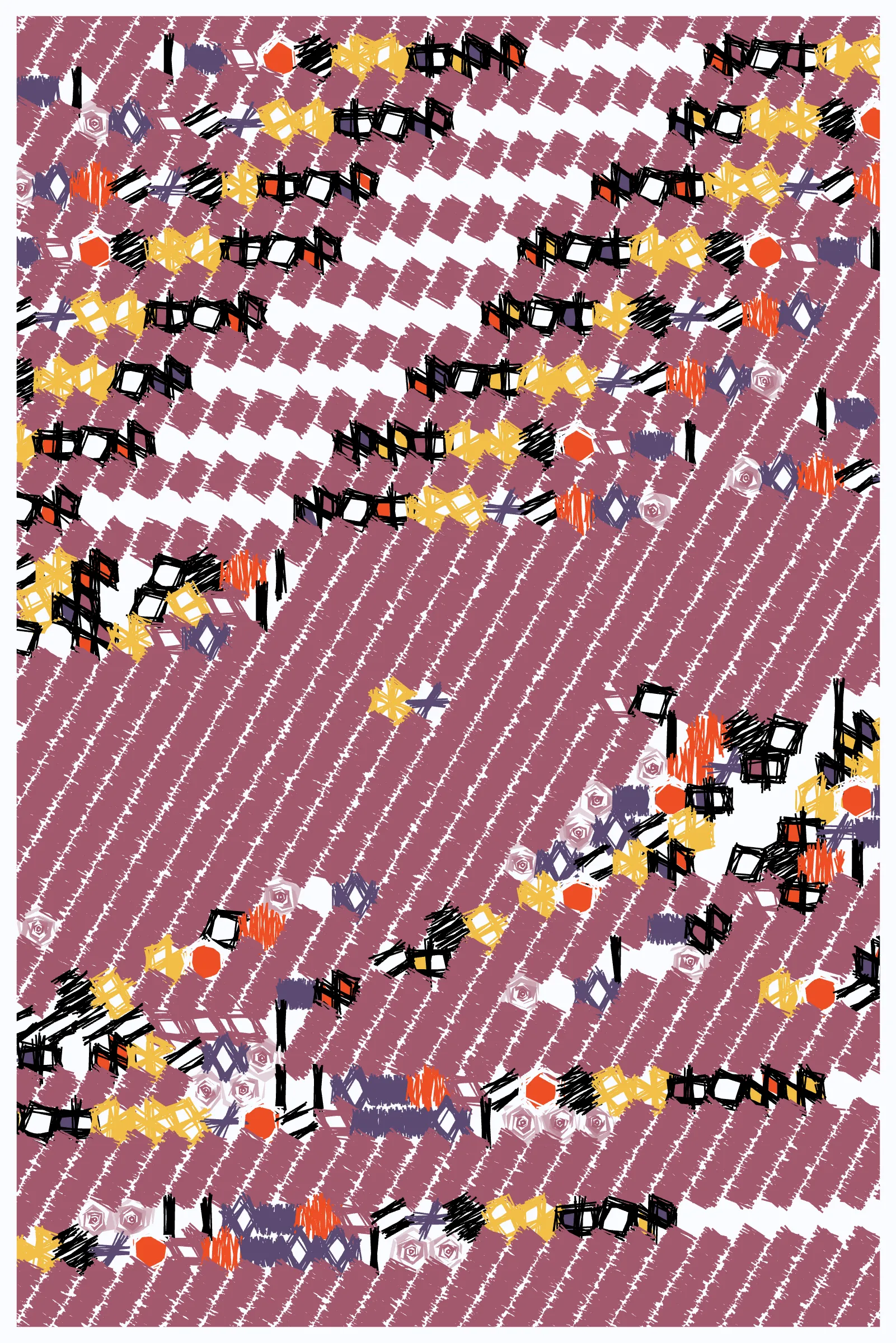 From the Insecta Class and Apidae Family, we find the Species Apis Mellifera: the western honey bee.  One of the more iconic aspects of honey bees is their hive, the hexagonal grid we call honeycomb; an efficient use of resources and space, and a beautiful representation of a geometric shape found in nature.

The humble grid has also been a mainstay of generative art from its earliest days.  Code up a loop or two and see what you can do.  What I've done with grids has been seen in many of my projects over the past year; in *Polka*, *Over the Air*, *Ode to Untitled*, and now *Mellifera*.  Breaking from the rectangular and square grid, and embracing the complexities of the hexagonal grid, *Mellifera* creates patterns working within the points and sides of a hexagon while laying out those patterns across a honeycomb like structure.

While working through this series of grid based projects, one main area of study has been finding ways to move off the grid, at least in appearance.  A recent move to a rural home has left me much more off the grid, and there's been a parallel through my projects.  Increasingly, I've explored ways to make the overall aesthetic not appear grid-like, to have a more organic feel, all the while though still centering elements perfectly in their place across the grid.  *Mellifera*, with its use of hexagons, imperfections, unique symbols, rotation, and negative space, is another step in this evolution, and the largest one yet.

While most of my work has embraced the digital and machine-like feel that computers and code are so easily capable of (again influenced from my appreciation of Roy), *Mellifera* moves in a new direction, introducing a more imperfect and human feel to the lines, shapes, and symbols.  These imperfections change the overall aesthetic drastically and are a main component in helping break away from the grid, visually.  While honey bees are incredible in their ability to create beautiful hexagonal geometric patterns, there's still a natural, lived-in feel to their creations, and *Mellifera* uses this organic quality as inspiration.

***


**High-Resolution Downloads**
* Press 1 for 3000 x 4500
* Press 2 for 6000 x 9000
* Press 3 for 9000 x 13500

See download limitations under Display Notes.