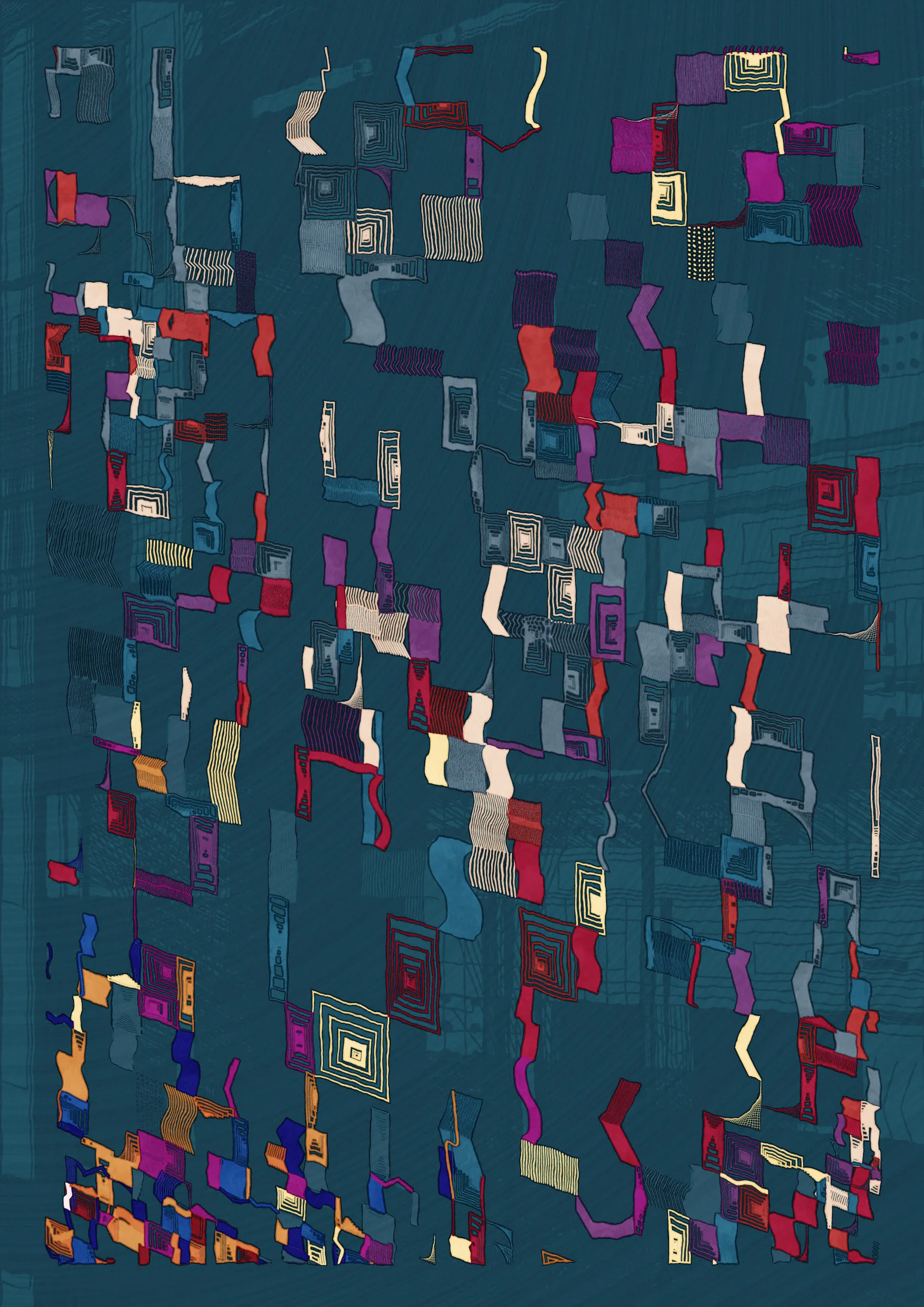 **Nära explores the connections that make us human.**

Nära (close or near in Swedish) is a celebration of friendships and relationships throughout our lives. How some of them are small, fleeting and ephemeral while a select few become lifelong bonds. The work examines the intricate graphs that are formed by these connections. Graphs are all around us and have existed for as long as we have been human. From early settlements of hunter-gatherers and nomadic tribes to the internet of today. It's all graphs.

Nära allows the viewer to explore and experience these graphs as a metaphor for the organic, organised chaos that is life. Shapes connect from one node in a graph to the next, sometimes spilling over, doubling down and creating layers of intricacy. Imperfection is embraced and Nära exposes the chaotic and unpredictable elements of life. 

The artistic vision of Nära is to highlight and expose graphs in a tactile manner that allows the viewer to see the whole graph, but also engage with the details and texture.  In doing this, Nära attempts to bring a novel contribution by pushing the boundaries of graph representation and introducing an emotional dimension to this oftentimes rigid and scientific discipline. By treating graphs as a metaphor for relationships in life, they become an integral part of the concept and an important artistic tool. 

Nära takes inspiration from the De Stijl movement in reducing the world into a deliberate expression in its smallest form and builds upon the use of shapes imbued with meaning in the works of Hilma af Klint. These ideas are expanded on by accepting that what is deliberate must also relinquish some control through the pseudo-randomness of generative art. This invites reflection on the balance of control and chance in our lives. 

_Through Nära, you are invited to reflect on the connections in your own life and on the significance of the relationships that define us as human beings._ 

To interact with the script:
- Press 's' to save.
- Add the following to the URL:
  - pd=x, where x is a number to control the resolution via pixel density (useful for rendering high resolution stills)
  - rs=x, where x is a number to enable and control the rendering buildup animation.