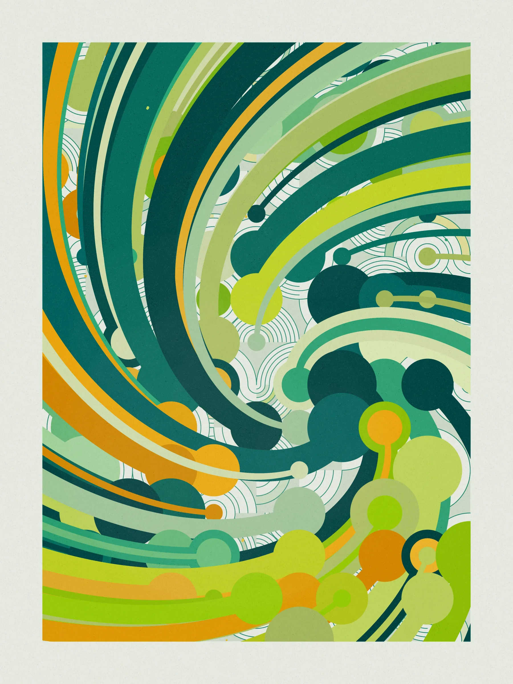 ##### **Forecast** abstractly captures the essence of rainfall on a stone-paved road, drawing an analogy between weather and human emotions, comparing the outcome of a weather forecast to the range of feelings a rainy day can evoke, inviting viewers to reflect on their own relationship with rain and the emotions it evokes in them. #####
####  ####
` `
The code creatively **recreates a weather forecast** to determine where on the canvas rain will fall. It emulates barometric pressure and humidity to alter a circle packing **algorithm that acts like clouds over the canvas**, generating the necessary data to calculate the probability of precipitation for each piece and distribute rain on the canvas in a visually appealing way.

**Geometry, color, and natural forces work together to create an abstract representation of rain** that pays homage to where I was born, “Galicia, where rain is art”.
 #### ####
  #### ####
   #### ####
 ***
  #### ####
` `
###### **The Concept**
` `
In the northwest of Spain lies Galicia, a region where rain holds a special place.

**With approximately half of the year consisting of rainy days**, it's no surprise that the Galician language has evolved to encompass a rich vocabulary of over 100 words to describe its various forms and moments. **Rain has become an art form in our everyday lives**, expressed through our language and the nuances of our conversations.

It was within this setting of rich traditions and linguistic nuances that **inspiration took hold on a rainy Sunday afternoon, as I wandered through the old part of town, captivated by the movement of raindrops and mesmerizing water ripples on the stone-paved road**, nurtured by the deep connection between Galicia's cultural heritage of intricate vocabulary of rain.

This intriguing interplay between weather and language extends far beyond Galicia, languages like Japanese, Welsh, and even Hawaiian bear witness to this captivating phenomenon, where **weather molds the very fabric of our linguistic expressions.** It serves as a testament to the **profound influence of weather on our collective human experience.**

While rain and weather influencing language ignited my inspiration, I sought to explore further, embarking on a creative journey that **explores the profound impact rain has on emotions and feelings**—a shared human language that transcends borders and requires no translations.

To express the diverse range of emotions rain can evoke, I created color palettes inspired by personal memories and experiences, capturing the essence of how those moments, events, and places made me feel. To further enhance the expression of emotions, I use size and proportion symbolizing and amplifying the intensity of those feelings. This approach brings forth the emotional impact of rain in our lives, **inviting viewers to reflect on their own relationship with rain and the feelings it evokes in them.**

To add depth and significance to its compositions Forecast uses a creative approach woven into its code, that became such an important part of the piece that gave its name to the project. **The code simulates a weather forecast emulating barometric pressure, and humidity** – variables that dynamically influence a circle packing algorithm that symbolizes clouds over the canvas, generating the necessary data to calculate the probability of precipitation for each piece and distribute rain across the canvas in a visually appealing way. The result is a perfect balance between randomness and control that added an extra layer of depth to the artwork.

**Prints**
Prints will be available for Forecast owners. For more details, [visit this link](https://www.mlarino.com/work/forecast "order prints").

***
\
**Keys**
**[S]** - Download image.

Press the **[LEFT ARROW]** key to explore the different elements that help build the final image.

To switch between different aspect ratios, use the following keys:
**[0]** 3:4 Print (default)
**[1]** 9:16 ratio
**[2]** 1:1 ratio