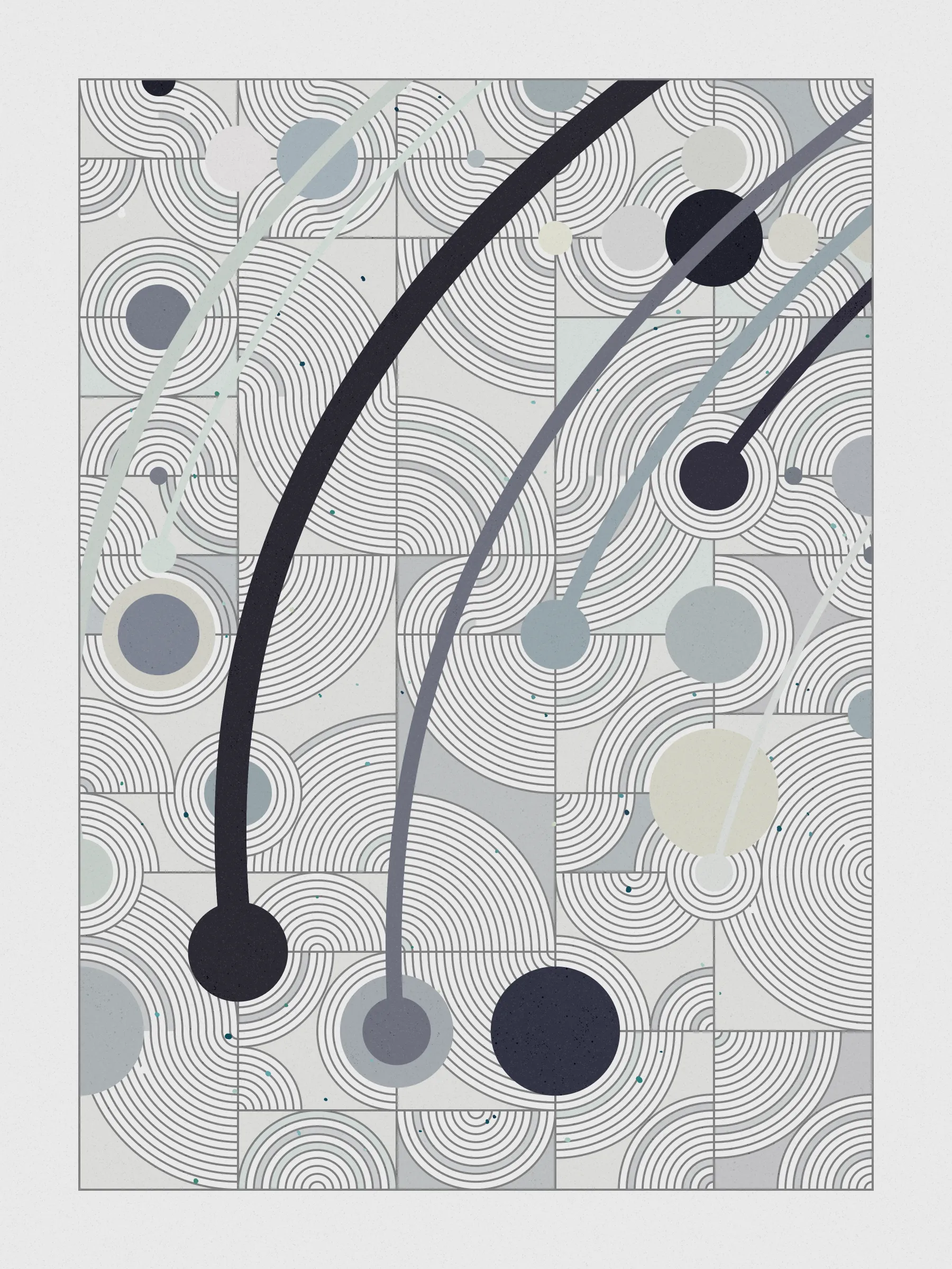 ##### **Forecast** abstractly captures the essence of rainfall on a stone-paved road, drawing an analogy between weather and human emotions, comparing the outcome of a weather forecast to the range of feelings a rainy day can evoke, inviting viewers to reflect on their own relationship with rain and the emotions it evokes in them. #####
####  ####
` `
The code creatively **recreates a weather forecast** to determine where on the canvas rain will fall. It emulates barometric pressure and humidity to alter a circle packing **algorithm that acts like clouds over the canvas**, generating the necessary data to calculate the probability of precipitation for each piece and distribute rain on the canvas in a visually appealing way.

**Geometry, color, and natural forces work together to create an abstract representation of rain** that pays homage to where I was born, “Galicia, where rain is art”.
 #### ####
  #### ####
   #### ####
 ***
  #### ####
` `
###### **The Concept**
` `
In the northwest of Spain lies Galicia, a region where rain holds a special place.

**With approximately half of the year consisting of rainy days**, it's no surprise that the Galician language has evolved to encompass a rich vocabulary of over 100 words to describe its various forms and moments. **Rain has become an art form in our everyday lives**, expressed through our language and the nuances of our conversations.

It was within this setting of rich traditions and linguistic nuances that **inspiration took hold on a rainy Sunday afternoon, as I wandered through the old part of town, captivated by the movement of raindrops and mesmerizing water ripples on the stone-paved road**, nurtured by the deep connection between Galicia's cultural heritage of intricate vocabulary of rain.

This intriguing interplay between weather and language extends far beyond Galicia, languages like Japanese, Welsh, and even Hawaiian bear witness to this captivating phenomenon, where **weather molds the very fabric of our linguistic expressions.** It serves as a testament to the **profound influence of weather on our collective human experience.**

While rain and weather influencing language ignited my inspiration, I sought to explore further, embarking on a creative journey that **explores the profound impact rain has on emotions and feelings**—a shared human language that transcends borders and requires no translations.

To express the diverse range of emotions rain can evoke, I created color palettes inspired by personal memories and experiences, capturing the essence of how those moments, events, and places made me feel. To further enhance the expression of emotions, I use size and proportion symbolizing and amplifying the intensity of those feelings. This approach brings forth the emotional impact of rain in our lives, **inviting viewers to reflect on their own relationship with rain and the feelings it evokes in them.**

To add depth and significance to its compositions Forecast uses a creative approach woven into its code, that became such an important part of the piece that gave its name to the project. **The code simulates a weather forecast emulating barometric pressure, and humidity** – variables that dynamically influence a circle packing algorithm that symbolizes clouds over the canvas, generating the necessary data to calculate the probability of precipitation for each piece and distribute rain across the canvas in a visually appealing way. The result is a perfect balance between randomness and control that added an extra layer of depth to the artwork.

**Prints**
Prints will be available for Forecast owners. For more details, [visit this link](https://www.mlarino.com/work/forecast "order prints").

***
\
**Keys**
**[S]** - Download image.

Press the **[LEFT ARROW]** key to explore the different elements that help build the final image.

To switch between different aspect ratios, use the following keys:
**[0]** 3:4 Print (default)
**[1]** 9:16 ratio
**[2]** 1:1 ratio
