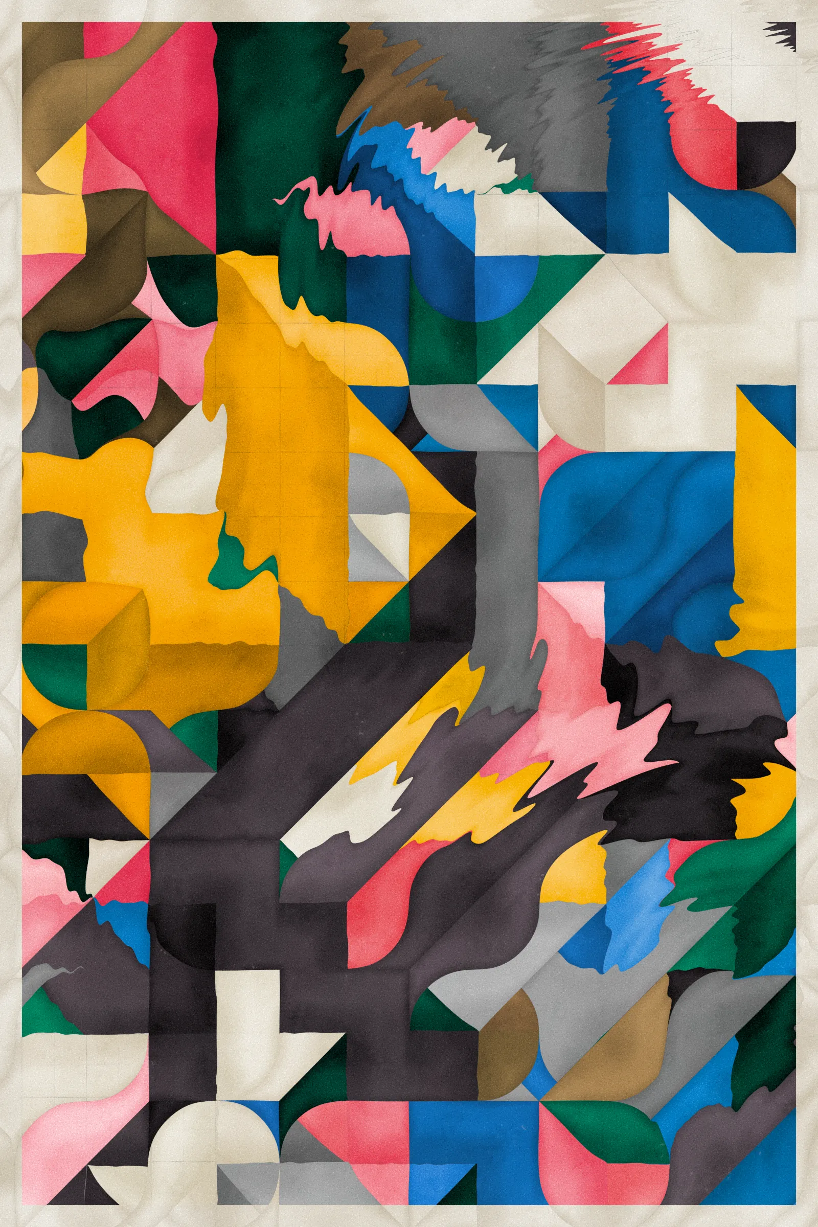 **Trichro-matic** meditates on perception.

As you explore the piece, your perception of the structure shifts. Elements change their relationships - what is out turns in; what is flat deepens. What stood adjacent now occludes.

The piece uses rhythmic color and form, displacement, and juxtaposition to create structures that invite interpretation and exploration. Some outputs challenge our depth perception conventions, while others manipulate explicit structural cues and emphasize intentional imperfections.

From this concept, the piece gets its name - Trichro-matic - denoting the ability to perceive using all three primary colors. The hyphenated "o-matic" denotes fictional machinery, hinting at the generative system supporting the piece. Both hand-selected and algorithmically-generated color palettes feature, with the latter aiming to elicit emotions akin to the former.

When you explore an output from different starting points, you understand the elements' relationships differently. In these changing interpretations, no answer is definitive. Each perspective, whether your first, your last, or someone else's, is valid.

Prints will be available for Trichro-matic owners. For more details, visit [this link](https://www.mountvitruvius.art).

Note: Renders might take longer on lower-end or mobile devices. This piece is my most technically complex release to date, relying on a custom GPU render process which can demand significant resources, even if outputs appear simple.

Finally, I dedicate this piece to my father, who suffered vision loss from a stroke in September 2023.