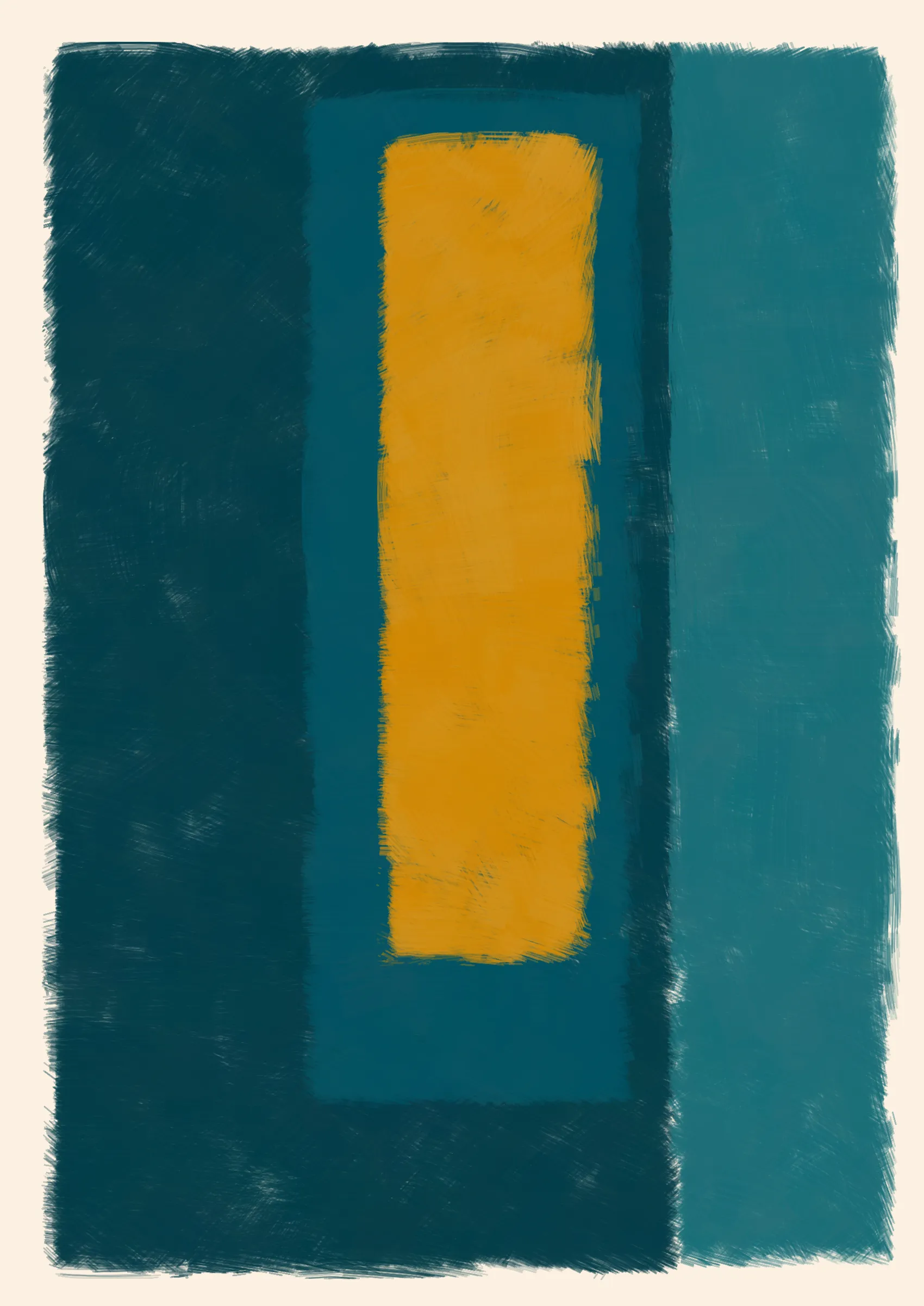 ### Good job, Computer. Do that some more.

To what degree can we teach a computer to make a painting? One that resembles creation from the imperfect hand of a human. Here, the computer attempts to hide itself from the viewer in the details, such as inconsistent borders or uneven layers of paint. Intentional flaws that a human might make unintentionally.
Good, Computer is an exploration of not only how small cumulative inaccuracies create complete images, but also the forms and harmonies that those images evoke.

Consider the following:

***A set of 4 colors is to be considered -- singly as "actors," together as "cast." They are to be presented in 4 different arrangements -- as "performances."***
***Although they remain unchanged in hue and light, in "character", and appear in an unchanging outer frame, the "stage", they are to produce 4 different "scenes" or "plays," each to be so different that one and the same set of colors will be seen as 4 different sets, presented by 4 different casts.***
***And all this can be achieved mainly through changes in quantity which result in shifts of dominance, of recurrence, and consequently of placement.***
***The essential question: which group of colors is ready to lose its identity as a cast?*** 
***-- Josef Albers***

We can answer this question simply by asking ourselves why we're drawn to some arrangements more than others. In doing so, we consider not just tone, but also quantity, intensity and weight in order to form new relationships between the colours. And as such the viewer gives each image their own subjective personality.

---

Press `s` to save image.