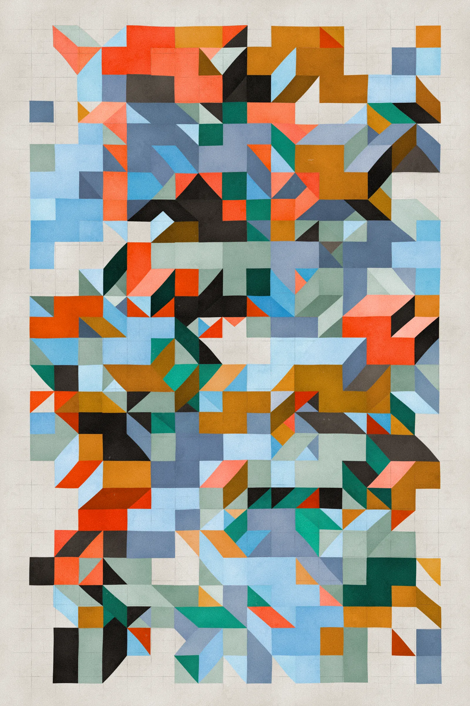 **Trichro-matic** meditates on perception.

As you explore the piece, your perception of the structure shifts. Elements change their relationships - what is out turns in; what is flat deepens. What stood adjacent now occludes.

The piece uses rhythmic color and form, displacement, and juxtaposition to create structures that invite interpretation and exploration. Some outputs challenge our depth perception conventions, while others manipulate explicit structural cues and emphasize intentional imperfections.

From this concept, the piece gets its name - Trichro-matic - denoting the ability to perceive using all three primary colors. The hyphenated "o-matic" denotes fictional machinery, hinting at the generative system supporting the piece. Both hand-selected and algorithmically-generated color palettes feature, with the latter aiming to elicit emotions akin to the former.

When you explore an output from different starting points, you understand the elements' relationships differently. In these changing interpretations, no answer is definitive. Each perspective, whether your first, your last, or someone else's, is valid.

Prints will be available for Trichro-matic owners. For more details, visit [this link](https://www.mountvitruvius.art).

Note: Renders might take longer on lower-end or mobile devices. This piece is my most technically complex release to date, relying on a custom GPU render process which can demand significant resources, even if outputs appear simple.

Finally, I dedicate this piece to my father, who suffered vision loss from a stroke in September 2023.