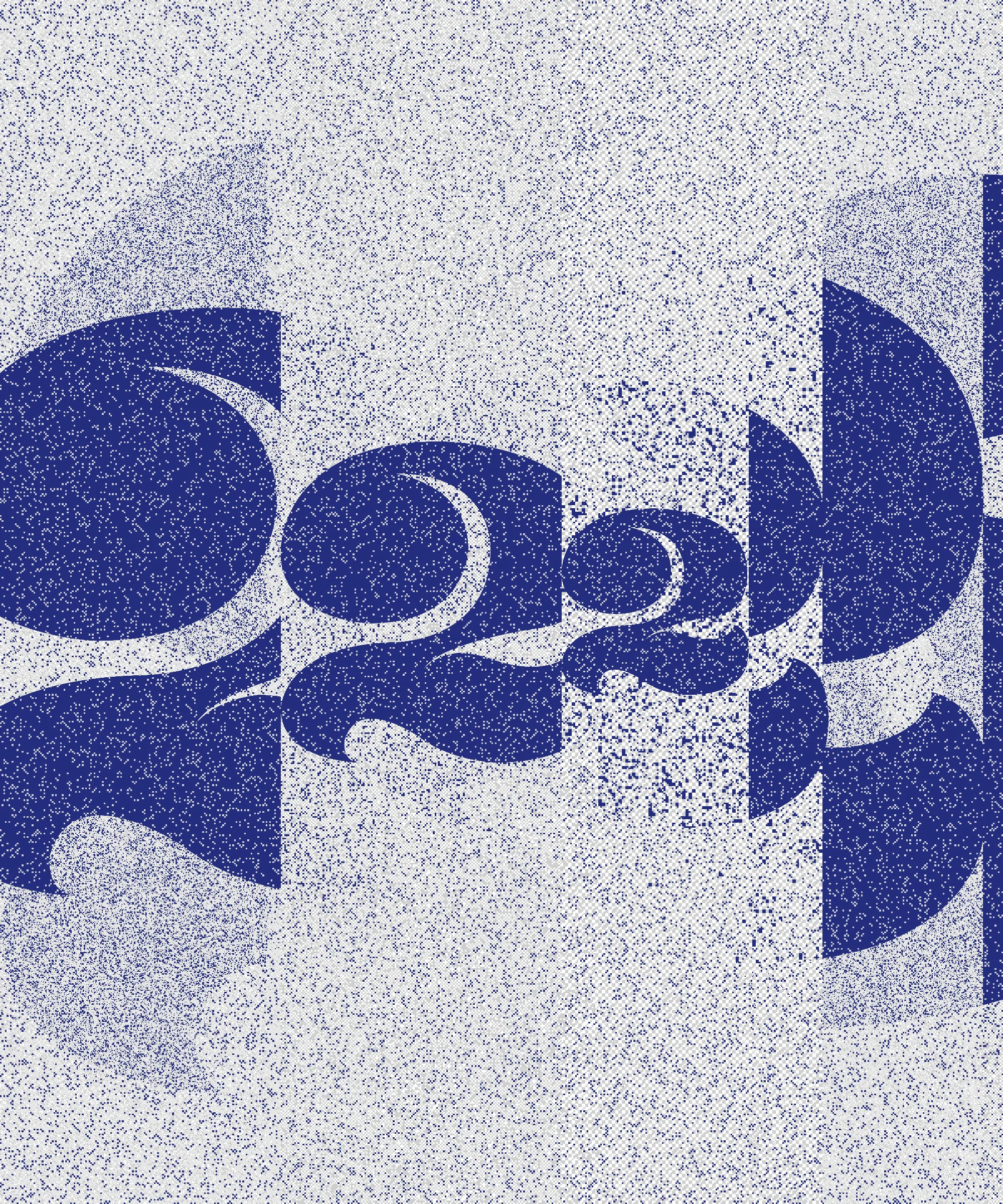 When I was working in graphic design and immersed in typography, I spent a year and a half designing this “2”. A personal obsession, I drew and redrew it hundreds of times until I felt it reached the perfect form in balance, weight, and drama.

This generative series revisits my captivation with this character object, using the algorithm as a tool for continued obsession and exploration. I want people to experience this collection and never see a “2” in the same way again. I also want to remind viewers that exquisiteness can exist in any mundane thing.

My background in graphic design and typography is ingrained in how I think. Regardless of medium, I have always been a designer of iteration, exhaustively trialing possibilities within a set of constraints to uncover the best way, or the most ways. Twos takes a “perfected” form and puts it to a further test. Different outputs situate the form in different contexts, look at it askew, or emphasize isolated parts of it for endless results.

The texture within the collection is inspired by low resolution effects (pixelation) and textures that arise from analog printmaking techniques and pen lines. It blends the hand-drawn nature of my original “2” with the power of obsessive exploration only possible with computer generative iteration. Layers of tiny squares, under and above the characters, are used to mimic the texture of a pen or a stamp. Found in much of my work, these “visible pixels” represent the physical module upon which digital art is created - and by calling back to pixel art, act as a reminder that code is still a craft, and the generated image isn’t far from the artist’s hand.

Beyond the beauty of the form, the number two is a special quantity because it implies possibilities beyond itself. A system containing zero or one elements is inert. Two creates an interaction, a dyad, and implies the possibility of more than two – an expanding system. In computer programming, this is expressed as the "zero, one, infinity" rule. The two represents a potentially endless continuation.

Each feature in the collection represents either the analog or the digital journey of this character. Some compositions render each symbol as linework, reminiscent of its earliest hand drawn form. Others render it as the solid numeral, completed after its long journey of iteration. Some compositions are gridded, others are organic and loose. Some are contained by a frame, others are open and unrestrained.

Color enters a few outputs: the mark of new technological tools like the first colored ink in printing, or the move from black and white to digital screens. The brightest hues used depend on light emittance of the screen and wouldn’t translate exactly when printed in standard inks. But in a further application of constraint, most outputs are neutral in color, keeping the focus on the formal obsession with this small, beautiful character.