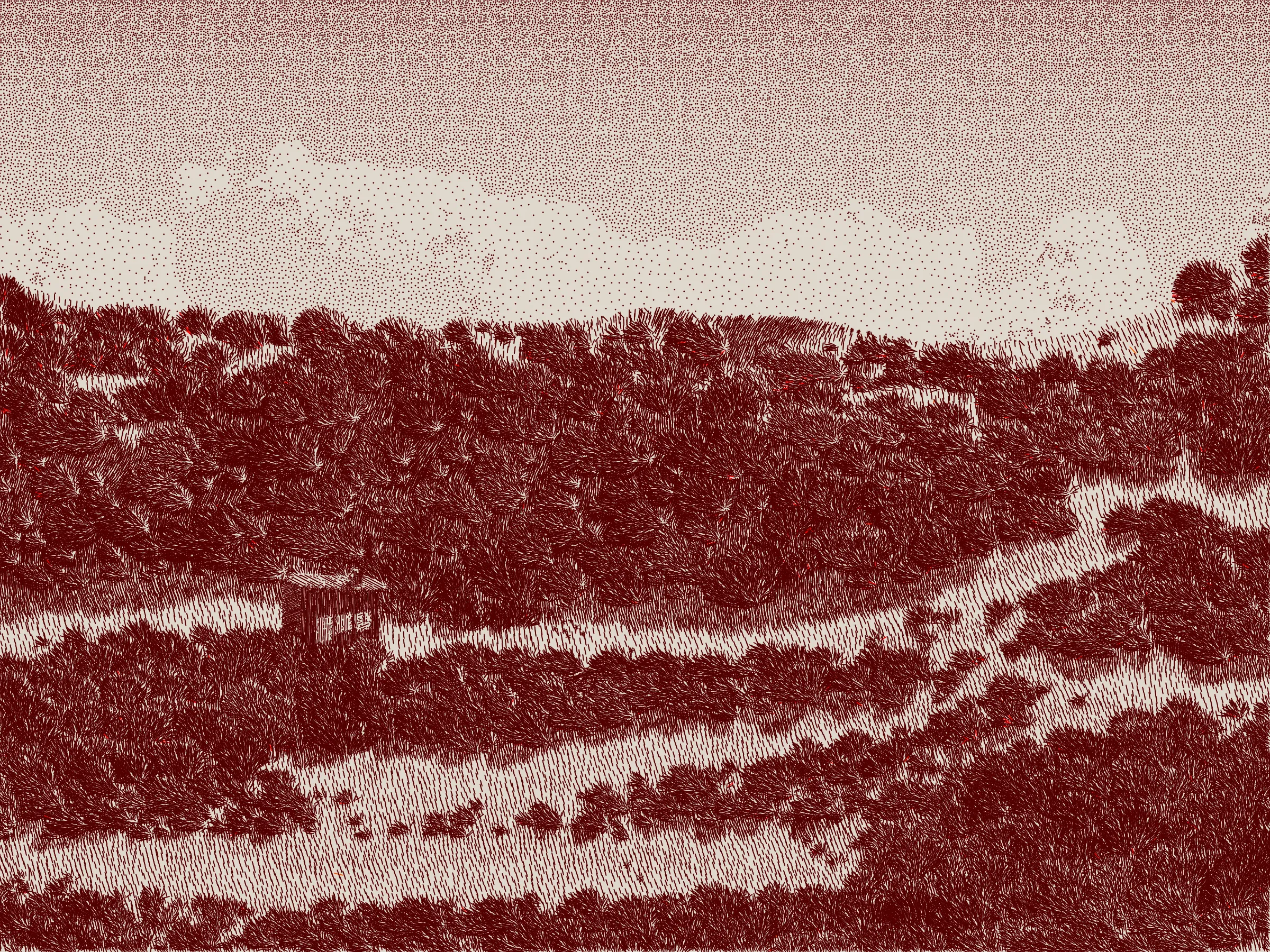 *Life and Love and Nothing is released as part of reGEN, a special charitable auction of generative art to raise funds for Cure Alzheimer’s Fund, curated by Alex Estorick and Foteini Valeonti in collaboration with The Giving Block.*

This is an illustration of a wildfire burning through a cabin and the surrounding hillside, rendered stylistically with pen and paper in mind. 

Once a year, the fire will ignite and burn until the cabin and the hillside are consumed. After burning, the cabin and the hillside will regenerate, and the cycle will start again.

The cabin represents a person, and the surrounding hillside their mind and memories.

The fire represents disease, burning through the person’s memories from the most recent and least established, through to the oldest and most ingrained.

My hope is that this can illustrate both the pain caused by disease and the beauty of the time we have to hold onto memories and loved ones.

Life is short, bodies degrade, houses burn. But, before that, there is life; there is love; there is creation – these things are beautiful.

Consider where you are placing your efforts.
Pursue what is important.
Take the time to see someone you love.
Take the time to do something you love.

There’s only so much time.