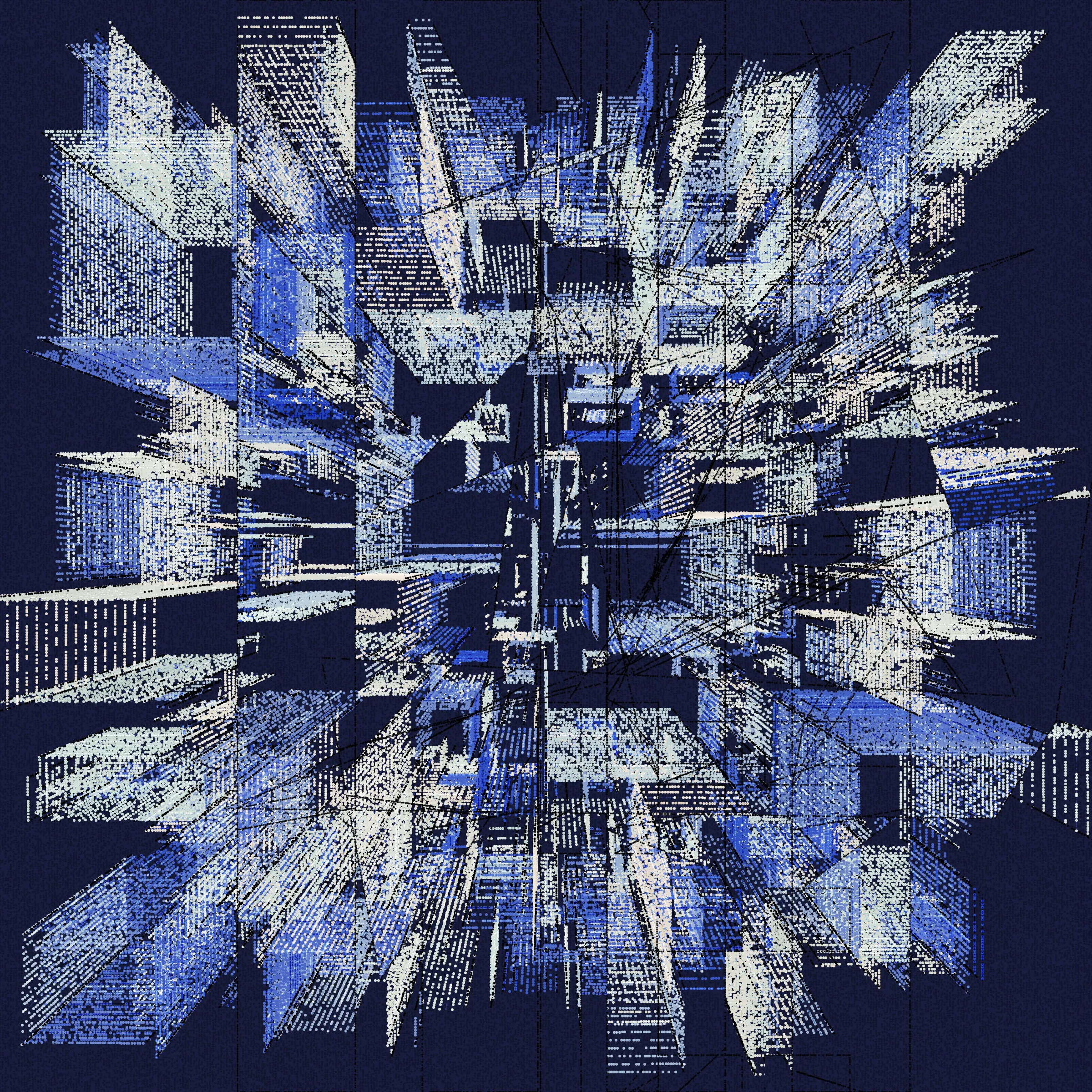 Structures is an abstract generative art project drawn entirely with dots.

About project development:

*In generative art, I like to experiment and test sometimes improbable things (which was the case for this project).*

*Structures is a very special project that was born from this experimentation, in this case, the merger of two discrete projects I was working on.*

*When I was working on the first version of Structures, even after a long development I was not completely satisfied with the result, and ended up putting the project aside to try to find a way to finish sometime in the future.*

*I then started another, more abstract, project (with various shapes, triangles, circles, grids of rectangles, etc.), that really had nothing obvious in common with Structures. But, ultimately, this project too, alone, was not enough.*

*And then one day I wondered how these projects might inform each other, and worked to make Structures more abstract. I honestly had no expectations of success, but nevertheless worked to merge the codes of the discrete projects just to see what it would yield.*

*I was pleasantly surprised by the result, and then continued to iterate this new hybrid version until finally arriving with what you see here.*

Each variation generated by Structures is drawn using only dots. It is the complex algorithm of the project that determines the position, size, color, etc. of each dot through approximately 1,500,000 to 40,000,000 random decisions based on the hash of the mint and draws approximately 350,000 to 10,000,000 dots based on these random decisions.

In live mode:
- click during the animation = animation pause
- click at the end of the animation = display of the number of dots drawn

Made with ❤️, code and p5js.