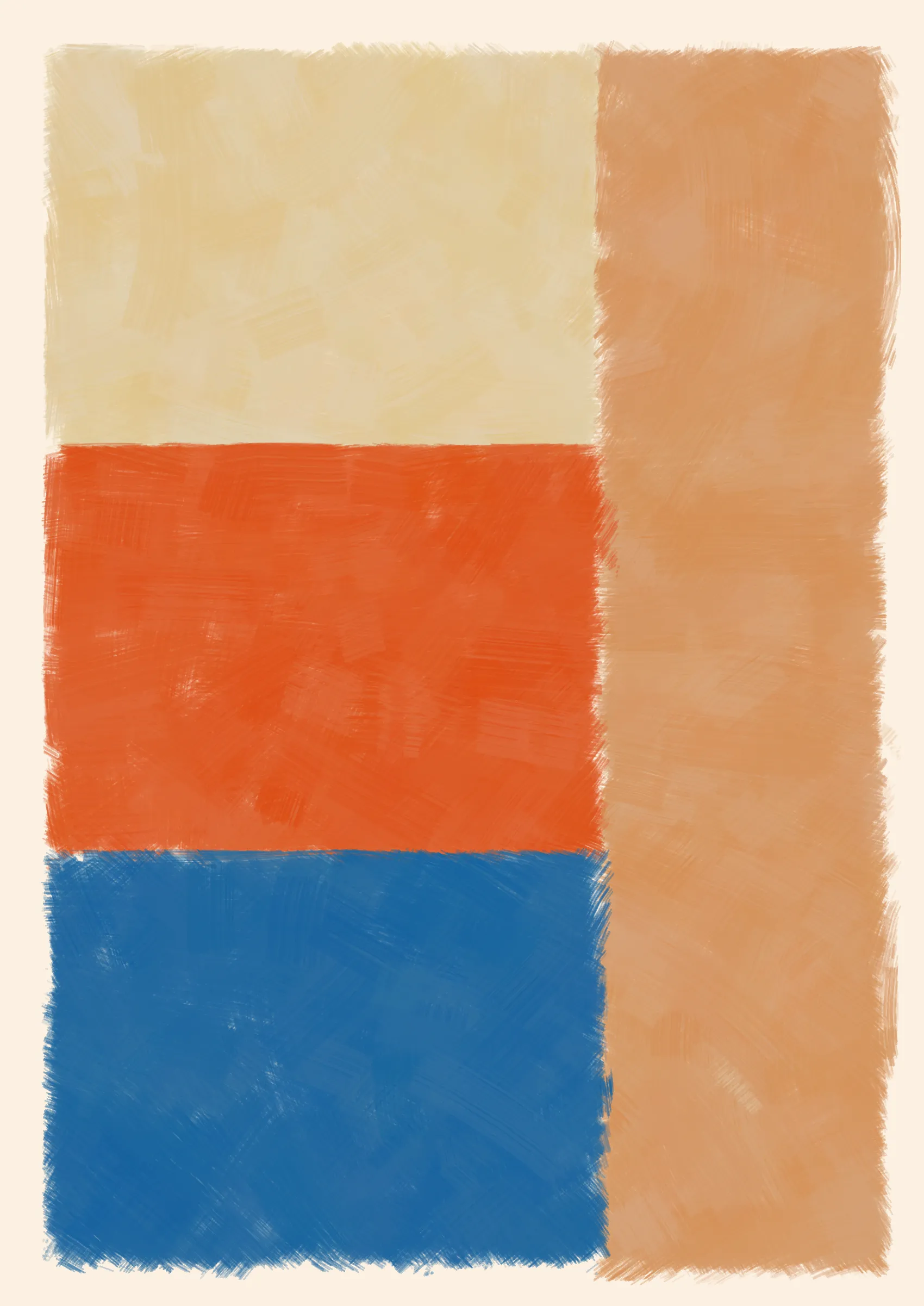 ### Good job, Computer. Do that some more.

To what degree can we teach a computer to make a painting? One that resembles creation from the imperfect hand of a human. Here, the computer attempts to hide itself from the viewer in the details, such as inconsistent borders or uneven layers of paint. Intentional flaws that a human might make unintentionally.
Good, Computer is an exploration of not only how small cumulative inaccuracies create complete images, but also the forms and harmonies that those images evoke.

Consider the following:

***A set of 4 colors is to be considered -- singly as "actors," together as "cast." They are to be presented in 4 different arrangements -- as "performances."***
***Although they remain unchanged in hue and light, in "character", and appear in an unchanging outer frame, the "stage", they are to produce 4 different "scenes" or "plays," each to be so different that one and the same set of colors will be seen as 4 different sets, presented by 4 different casts.***
***And all this can be achieved mainly through changes in quantity which result in shifts of dominance, of recurrence, and consequently of placement.***
***The essential question: which group of colors is ready to lose its identity as a cast?*** 
***-- Josef Albers***

We can answer this question simply by asking ourselves why we're drawn to some arrangements more than others. In doing so, we consider not just tone, but also quantity, intensity and weight in order to form new relationships between the colours. And as such the viewer gives each image their own subjective personality.

---

Press `s` to save image.