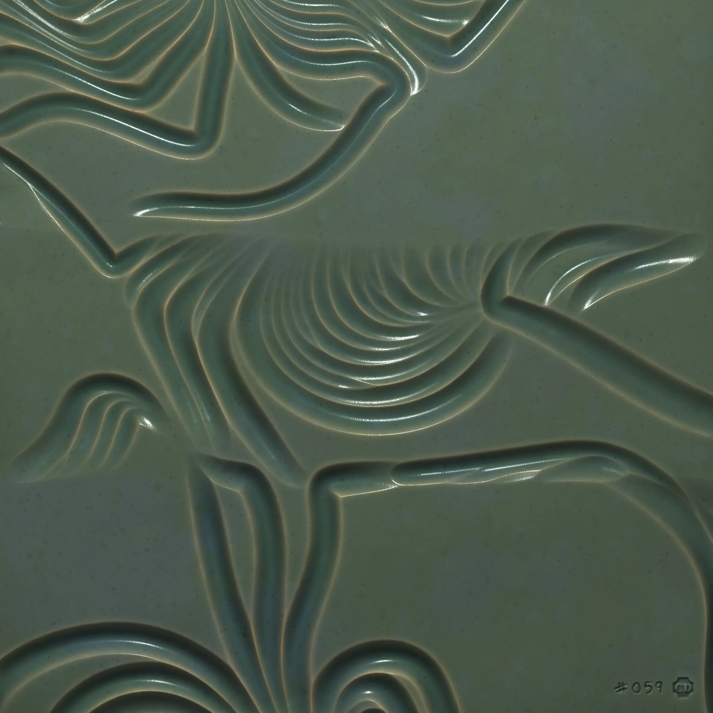 Inside the computer there’s a digital hand. The hand selects a metal implement, cuts off a slab of clay, and carves into its surface. It wanders like your hand wanders; it carves imaginary contours, sinuous and exploratory. It doesn’t know the end result so it carves lines until it feels content, and then it numbers the piece and stamps its maker’s mark. It fires the slab in a digital kiln (it calls this “minting”) and through this act its art is preserved for millennia. The hand runs its fingers over the textured surface, feeling satisfaction at having spontaneously produced a piece of art so beautiful, expressive, and unique.

---
 
Ceramics is a generative sculpture that mimics the physical expression of carving into clay. Through uncanny naturalistic rendering it challenges our notion of “handmade”. It asserts that the value of handmade isn’t the time it takes to make the work nor the physical materials consumed, but the endless small decisions and serendipitous details that appear along the way, as can be felt in each Ceramics mint.

Despite the handmade nature of Ceramics the outputs cannot be touched. Highly tactile images enchant the viewer to imagine their tangible representations, and leave them to dwell on their perception of materiality — both in the experiential physical world and conceptually-infinite digital space.
