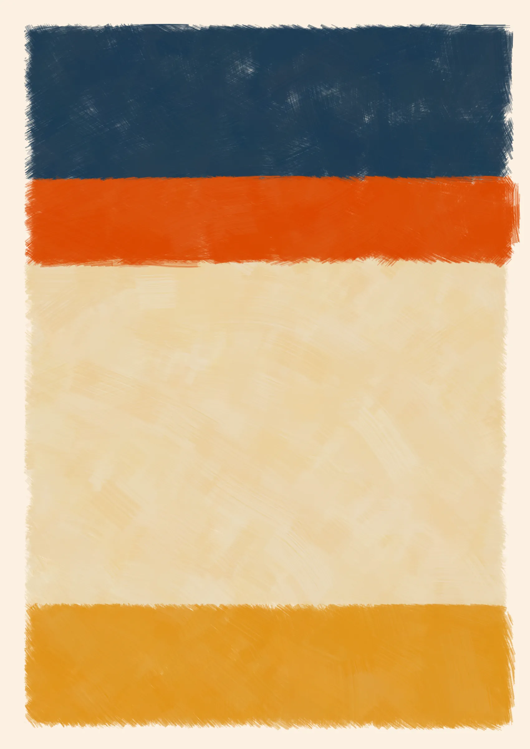 ### Good job, Computer. Do that some more.

To what degree can we teach a computer to make a painting? One that resembles creation from the imperfect hand of a human. Here, the computer attempts to hide itself from the viewer in the details, such as inconsistent borders or uneven layers of paint. Intentional flaws that a human might make unintentionally.
Good, Computer is an exploration of not only how small cumulative inaccuracies create complete images, but also the forms and harmonies that those images evoke.

Consider the following:

***A set of 4 colors is to be considered -- singly as "actors," together as "cast." They are to be presented in 4 different arrangements -- as "performances."***
***Although they remain unchanged in hue and light, in "character", and appear in an unchanging outer frame, the "stage", they are to produce 4 different "scenes" or "plays," each to be so different that one and the same set of colors will be seen as 4 different sets, presented by 4 different casts.***
***And all this can be achieved mainly through changes in quantity which result in shifts of dominance, of recurrence, and consequently of placement.***
***The essential question: which group of colors is ready to lose its identity as a cast?*** 
***-- Josef Albers***

We can answer this question simply by asking ourselves why we're drawn to some arrangements more than others. In doing so, we consider not just tone, but also quantity, intensity and weight in order to form new relationships between the colours. And as such the viewer gives each image their own subjective personality.

---

Press `s` to save image.