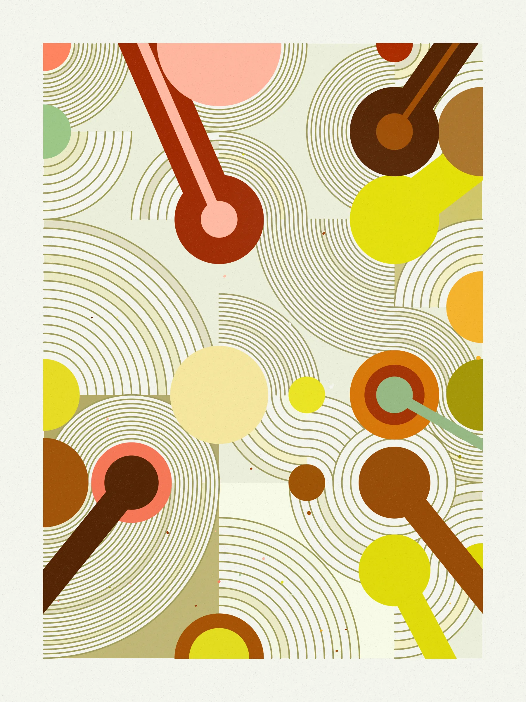 ##### **Forecast** abstractly captures the essence of rainfall on a stone-paved road, drawing an analogy between weather and human emotions, comparing the outcome of a weather forecast to the range of feelings a rainy day can evoke, inviting viewers to reflect on their own relationship with rain and the emotions it evokes in them. #####
####  ####
` `
The code creatively **recreates a weather forecast** to determine where on the canvas rain will fall. It emulates barometric pressure and humidity to alter a circle packing **algorithm that acts like clouds over the canvas**, generating the necessary data to calculate the probability of precipitation for each piece and distribute rain on the canvas in a visually appealing way.

**Geometry, color, and natural forces work together to create an abstract representation of rain** that pays homage to where I was born, “Galicia, where rain is art”.
 #### ####
  #### ####
   #### ####
 ***
  #### ####
` `
###### **The Concept**
` `
In the northwest of Spain lies Galicia, a region where rain holds a special place.

**With approximately half of the year consisting of rainy days**, it's no surprise that the Galician language has evolved to encompass a rich vocabulary of over 100 words to describe its various forms and moments. **Rain has become an art form in our everyday lives**, expressed through our language and the nuances of our conversations.

It was within this setting of rich traditions and linguistic nuances that **inspiration took hold on a rainy Sunday afternoon, as I wandered through the old part of town, captivated by the movement of raindrops and mesmerizing water ripples on the stone-paved road**, nurtured by the deep connection between Galicia's cultural heritage of intricate vocabulary of rain.

This intriguing interplay between weather and language extends far beyond Galicia, languages like Japanese, Welsh, and even Hawaiian bear witness to this captivating phenomenon, where **weather molds the very fabric of our linguistic expressions.** It serves as a testament to the **profound influence of weather on our collective human experience.**

While rain and weather influencing language ignited my inspiration, I sought to explore further, embarking on a creative journey that **explores the profound impact rain has on emotions and feelings**—a shared human language that transcends borders and requires no translations.

To express the diverse range of emotions rain can evoke, I created color palettes inspired by personal memories and experiences, capturing the essence of how those moments, events, and places made me feel. To further enhance the expression of emotions, I use size and proportion symbolizing and amplifying the intensity of those feelings. This approach brings forth the emotional impact of rain in our lives, **inviting viewers to reflect on their own relationship with rain and the feelings it evokes in them.**

To add depth and significance to its compositions Forecast uses a creative approach woven into its code, that became such an important part of the piece that gave its name to the project. **The code simulates a weather forecast emulating barometric pressure, and humidity** – variables that dynamically influence a circle packing algorithm that symbolizes clouds over the canvas, generating the necessary data to calculate the probability of precipitation for each piece and distribute rain across the canvas in a visually appealing way. The result is a perfect balance between randomness and control that added an extra layer of depth to the artwork.

**Prints**
Prints will be available for Forecast owners. For more details, [visit this link](https://www.mlarino.com/work/forecast "order prints").

***
\
**Keys**
**[S]** - Download image.

Press the **[LEFT ARROW]** key to explore the different elements that help build the final image.

To switch between different aspect ratios, use the following keys:
**[0]** 3:4 Print (default)
**[1]** 9:16 ratio
**[2]** 1:1 ratio
