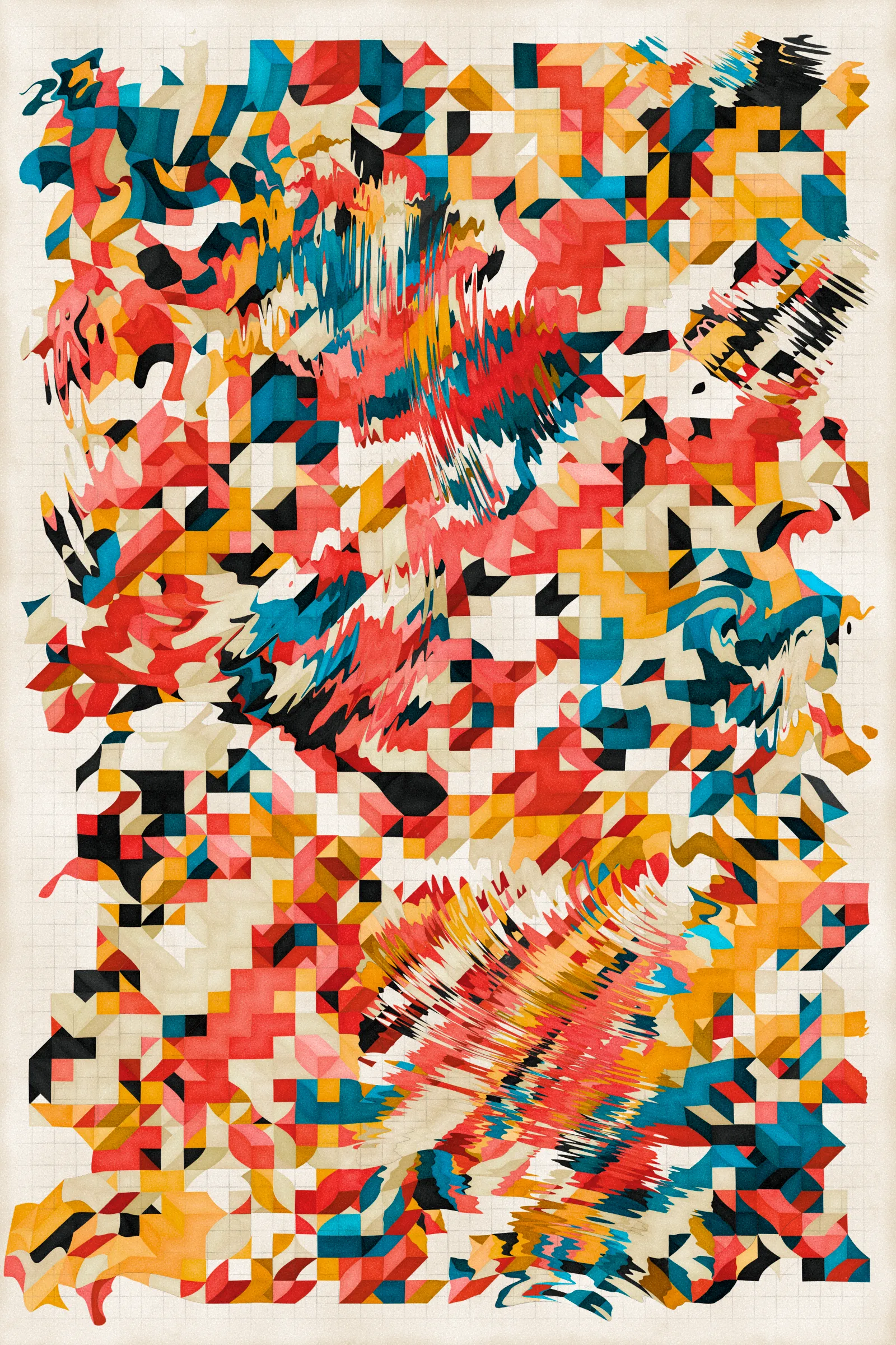 **Trichro-matic** meditates on perception.

As you explore the piece, your perception of the structure shifts. Elements change their relationships - what is out turns in; what is flat deepens. What stood adjacent now occludes.

The piece uses rhythmic color and form, displacement, and juxtaposition to create structures that invite interpretation and exploration. Some outputs challenge our depth perception conventions, while others manipulate explicit structural cues and emphasize intentional imperfections.

From this concept, the piece gets its name - Trichro-matic - denoting the ability to perceive using all three primary colors. The hyphenated "o-matic" denotes fictional machinery, hinting at the generative system supporting the piece. Both hand-selected and algorithmically-generated color palettes feature, with the latter aiming to elicit emotions akin to the former.

When you explore an output from different starting points, you understand the elements' relationships differently. In these changing interpretations, no answer is definitive. Each perspective, whether your first, your last, or someone else's, is valid.

Prints will be available for Trichro-matic owners. For more details, visit [this link](https://www.mountvitruvius.art).

Note: Renders might take longer on lower-end or mobile devices. This piece is my most technically complex release to date, relying on a custom GPU render process which can demand significant resources, even if outputs appear simple.

Finally, I dedicate this piece to my father, who suffered vision loss from a stroke in September 2023.