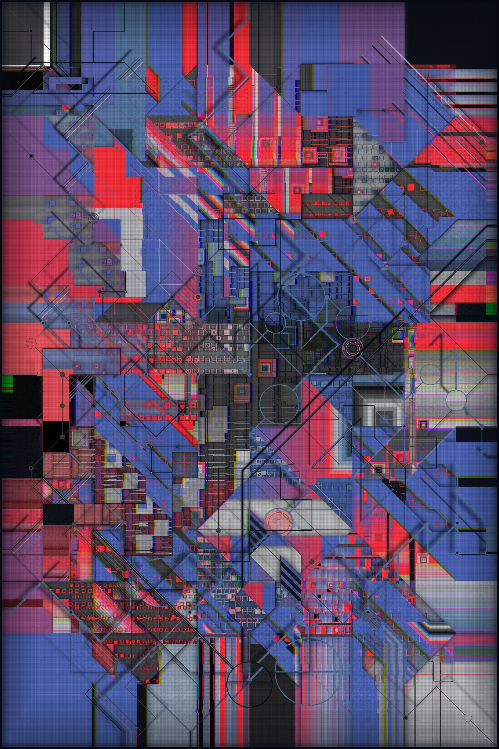 In the contemporary era, the overwhelming inundation of information and data is a ubiquitous and pervasive reality. This saturation is often accompanied by a sense of disorientation and fragmentation, making it challenging to extract meaningful and valuable insights. As humanity progresses and evolves, this gap between our biological, cognitive, and perceptual capacities and the rapid advancements of our digital world becomes increasingly significant.

Infinity, chaos, complexity, self-reproducibility, coherence, and layering are epithets that apply to this work.

This artwork seeks to capture the complexity and chaos of our digital existence, utilizing various visual techniques to convey its message. Layering and fragmentation visually depict the scattered and fragmented nature of our digital lives, with each layer representing a different unit of information. This fragmentation is further underscored by the grid of "transport" lines that permeate the canvas, symbolizing the interconnected networks and corporations that seek to control and manipulate our attention. Despite the strict rules governing the forms in the artwork, the overall effect is one of chaos and impending tragedy. This tension between order and disorder is a recurring theme, conveying that we are on the brink of losing control and being consumed by information overload. The visual elements of the artwork convey a "technological coldness" and emotionlessness, reflecting the detachment that can result from our immersion in the digital realm. Some of the elements are unfocused, which creates the effect of discomfort and the inability to concentrate and embrace all the available space at once. A kind of frame is the "traces" of data gathering toward the center - in our minds - and intertwining into an endless tangle of something massive and noisy but with no precise shape.

To reinforce the concept, I placed an infinite rotation of all the layers used in the art behind the main canvas. They alternate at great speed, constantly changing their "compression" and background, symbolizing the endless flow of digital information overwhelming our consciousness.

Through its visual elements and composition, the artwork urges us to reflect on our collective responsibility to engage with technology more ethically and thoughtfully. It reminds us that while technology can offer many opportunities and benefits, it also significantly challenges our values and ethics. In this sense, the artwork serves as a reminder of the importance of maintaining a balance between technological progress and human values.

I used many techniques to create this art. Because of the large number of generated elements and big canvas size, it takes quite a long time to make, "overloading" your device and then entirely using its resources, which is also part of the concept.

---

This art is static until you touch it. You can use the mouse wheel to examine the details, and you can also drag the surface of the art. Also, this art is created in two parts. Behind it is an infinite rotation of the layers used in it.

**Controls:** 

Mouse wheel: zoom in/out
Mouse click, hold and move: drag the static part
Mouse double-click: reset (go static)
Press 's' to save the image

WARNING: PHOTOSENSITIVITY/EPILEPSY SEIZURES

---

 ***As always, a pre-sale for TBOA club members and TBOA token holders will be a day before the official release.***