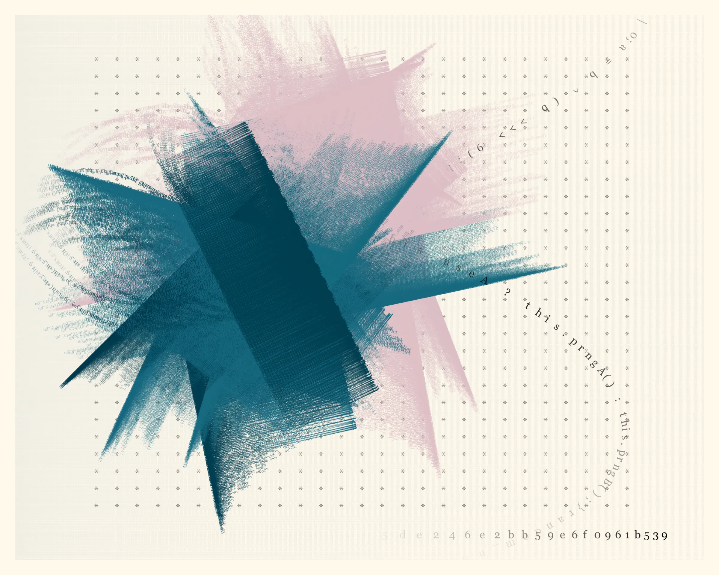 In this collection, each mark on the digital canvas is made by text of the algorithm that created it. When viewing Symbol 1, you’re viewing its code – logic becoming art.

If you look closely at an oil painting you may see brushstrokes. If you look closely at an iteration of Symbol 1, you'll see snippets of the code that generates the piece itself: text from for() loops repeated over and over; the Random() function itself weaving through the piece; and the hash code, like an artist signature, displayed on the bottom right.

Organic and mechanical forces have long been in tension in art and architecture. Art nouveau's floral  curves vs. art deco's industrial geometry, Jackson Pollock's declaration “I am nature” vs. Andy Warhol's confession “I want to be a machine,” etc.

This conversation continues in generative art. One collection might appear surprisingly organic, as if crafted by hand; another might appear strictly computer generated, showing the expressive power of machines.

Symbol 1 joins this conversation, offering another way to synthesize the natural and the mechanical. Just as a crashing ocean wave could be explained mathematically by the forces that generated it, an image in Symbol 1 appears almost chaotic while revealing the logic that created it.

About the title: Symbol 1 is a term from First Principles, a chapter in The Mathematical Analysis of Logic (1847) by George Boole, a founder of modern logic. For Boole, “symbol 1” represents “the Universe comprehending every conceivable class of objects, whether actually existing or not.”
