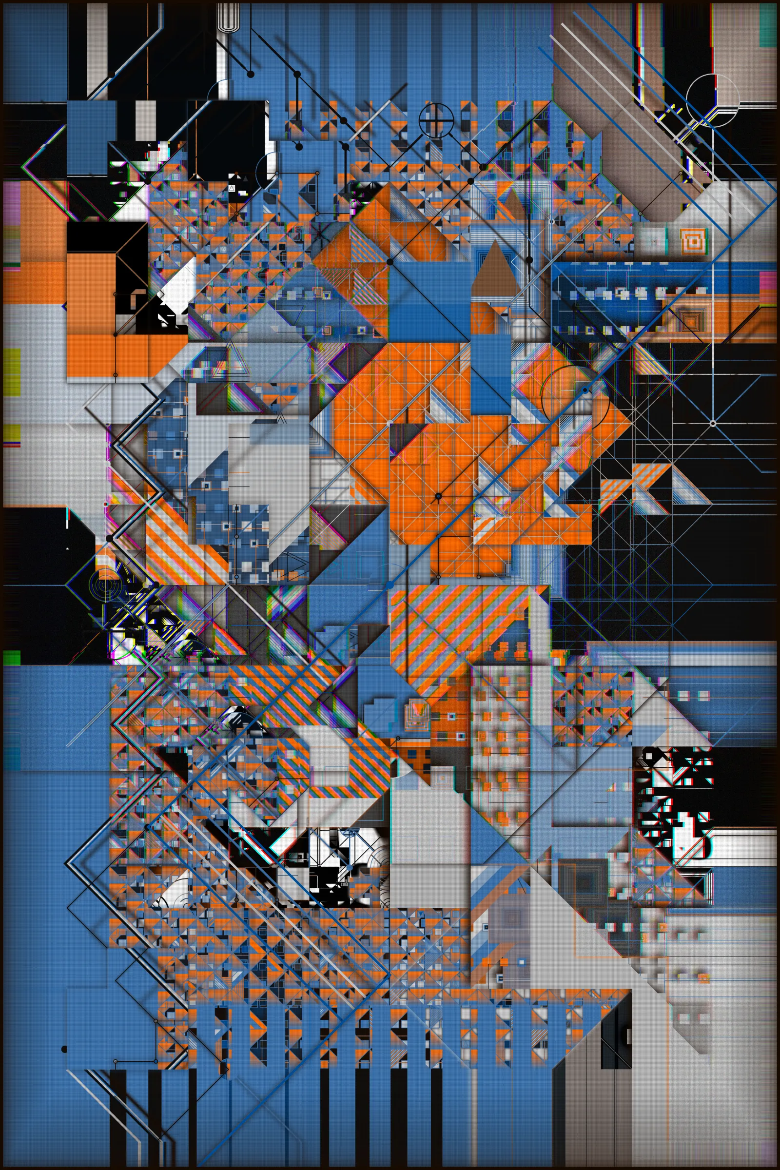 In the contemporary era, the overwhelming inundation of information and data is a ubiquitous and pervasive reality. This saturation is often accompanied by a sense of disorientation and fragmentation, making it challenging to extract meaningful and valuable insights. As humanity progresses and evolves, this gap between our biological, cognitive, and perceptual capacities and the rapid advancements of our digital world becomes increasingly significant.

Infinity, chaos, complexity, self-reproducibility, coherence, and layering are epithets that apply to this work.

This artwork seeks to capture the complexity and chaos of our digital existence, utilizing various visual techniques to convey its message. Layering and fragmentation visually depict the scattered and fragmented nature of our digital lives, with each layer representing a different unit of information. This fragmentation is further underscored by the grid of "transport" lines that permeate the canvas, symbolizing the interconnected networks and corporations that seek to control and manipulate our attention. Despite the strict rules governing the forms in the artwork, the overall effect is one of chaos and impending tragedy. This tension between order and disorder is a recurring theme, conveying that we are on the brink of losing control and being consumed by information overload. The visual elements of the artwork convey a "technological coldness" and emotionlessness, reflecting the detachment that can result from our immersion in the digital realm. Some of the elements are unfocused, which creates the effect of discomfort and the inability to concentrate and embrace all the available space at once. A kind of frame is the "traces" of data gathering toward the center - in our minds - and intertwining into an endless tangle of something massive and noisy but with no precise shape.

To reinforce the concept, I placed an infinite rotation of all the layers used in the art behind the main canvas. They alternate at great speed, constantly changing their "compression" and background, symbolizing the endless flow of digital information overwhelming our consciousness.

Through its visual elements and composition, the artwork urges us to reflect on our collective responsibility to engage with technology more ethically and thoughtfully. It reminds us that while technology can offer many opportunities and benefits, it also significantly challenges our values and ethics. In this sense, the artwork serves as a reminder of the importance of maintaining a balance between technological progress and human values.

I used many techniques to create this art. Because of the large number of generated elements and big canvas size, it takes quite a long time to make, "overloading" your device and then entirely using its resources, which is also part of the concept.

---

This art is static until you touch it. You can use the mouse wheel to examine the details, and you can also drag the surface of the art. Also, this art is created in two parts. Behind it is an infinite rotation of the layers used in it.

**Controls:** 

Mouse wheel: zoom in/out
Mouse click, hold and move: drag the static part
Mouse double-click: reset (go static)
Press 's' to save the image

WARNING: PHOTOSENSITIVITY/EPILEPSY SEIZURES

---

 ***As always, a pre-sale for TBOA club members and TBOA token holders will be a day before the official release.***