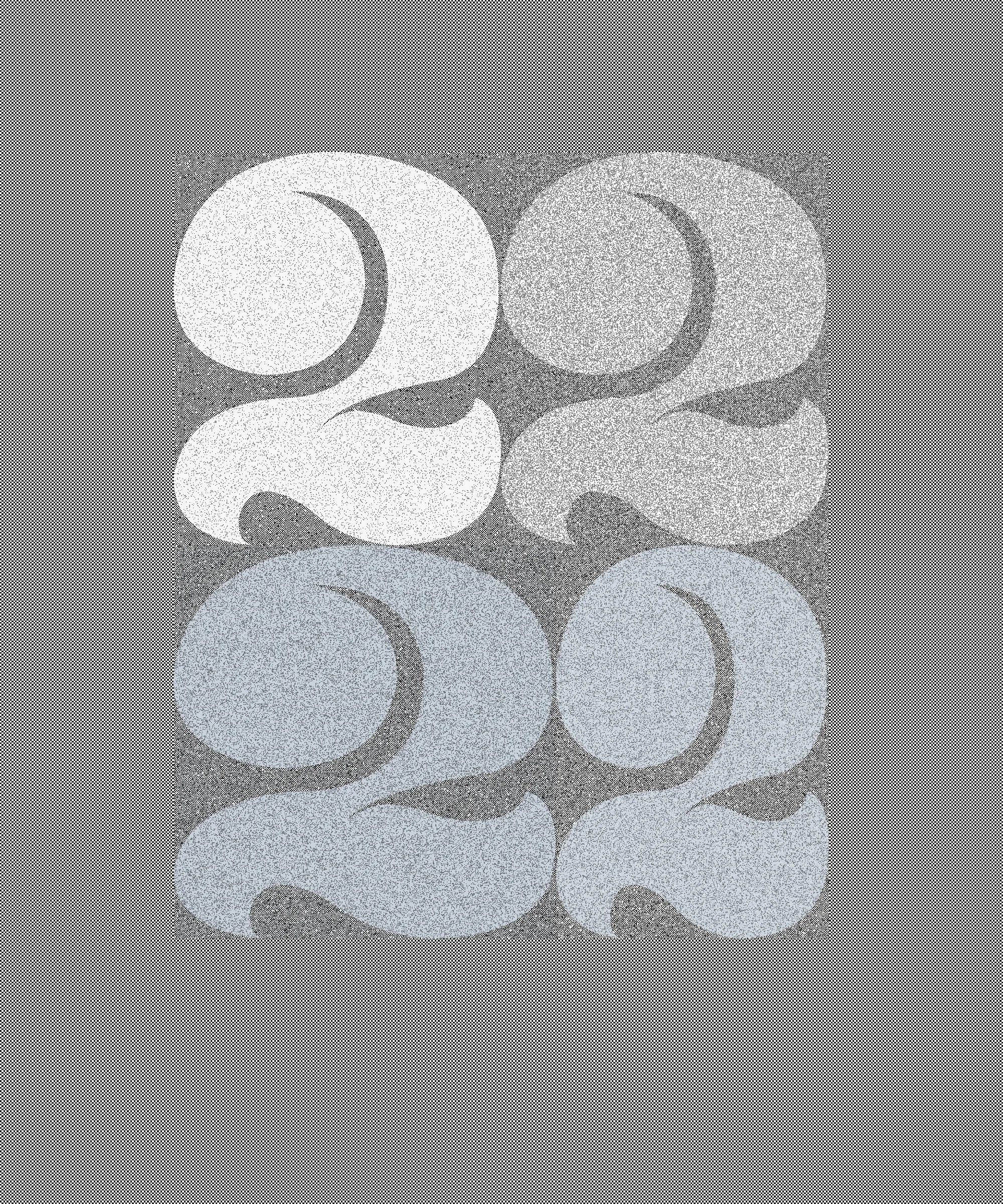 When I was working in graphic design and immersed in typography, I spent a year and a half designing this “2”. A personal obsession, I drew and redrew it hundreds of times until I felt it reached the perfect form in balance, weight, and drama.

This generative series revisits my captivation with this character object, using the algorithm as a tool for continued obsession and exploration. I want people to experience this collection and never see a “2” in the same way again. I also want to remind viewers that exquisiteness can exist in any mundane thing.

My background in graphic design and typography is ingrained in how I think. Regardless of medium, I have always been a designer of iteration, exhaustively trialing possibilities within a set of constraints to uncover the best way, or the most ways. Twos takes a “perfected” form and puts it to a further test. Different outputs situate the form in different contexts, look at it askew, or emphasize isolated parts of it for endless results.

The texture within the collection is inspired by low resolution effects (pixelation) and textures that arise from analog printmaking techniques and pen lines. It blends the hand-drawn nature of my original “2” with the power of obsessive exploration only possible with computer generative iteration. Layers of tiny squares, under and above the characters, are used to mimic the texture of a pen or a stamp. Found in much of my work, these “visible pixels” represent the physical module upon which digital art is created - and by calling back to pixel art, act as a reminder that code is still a craft, and the generated image isn’t far from the artist’s hand.

Beyond the beauty of the form, the number two is a special quantity because it implies possibilities beyond itself. A system containing zero or one elements is inert. Two creates an interaction, a dyad, and implies the possibility of more than two – an expanding system. In computer programming, this is expressed as the "zero, one, infinity" rule. The two represents a potentially endless continuation.

Each feature in the collection represents either the analog or the digital journey of this character. Some compositions render each symbol as linework, reminiscent of its earliest hand drawn form. Others render it as the solid numeral, completed after its long journey of iteration. Some compositions are gridded, others are organic and loose. Some are contained by a frame, others are open and unrestrained.

Color enters a few outputs: the mark of new technological tools like the first colored ink in printing, or the move from black and white to digital screens. The brightest hues used depend on light emittance of the screen and wouldn’t translate exactly when printed in standard inks. But in a further application of constraint, most outputs are neutral in color, keeping the focus on the formal obsession with this small, beautiful character.