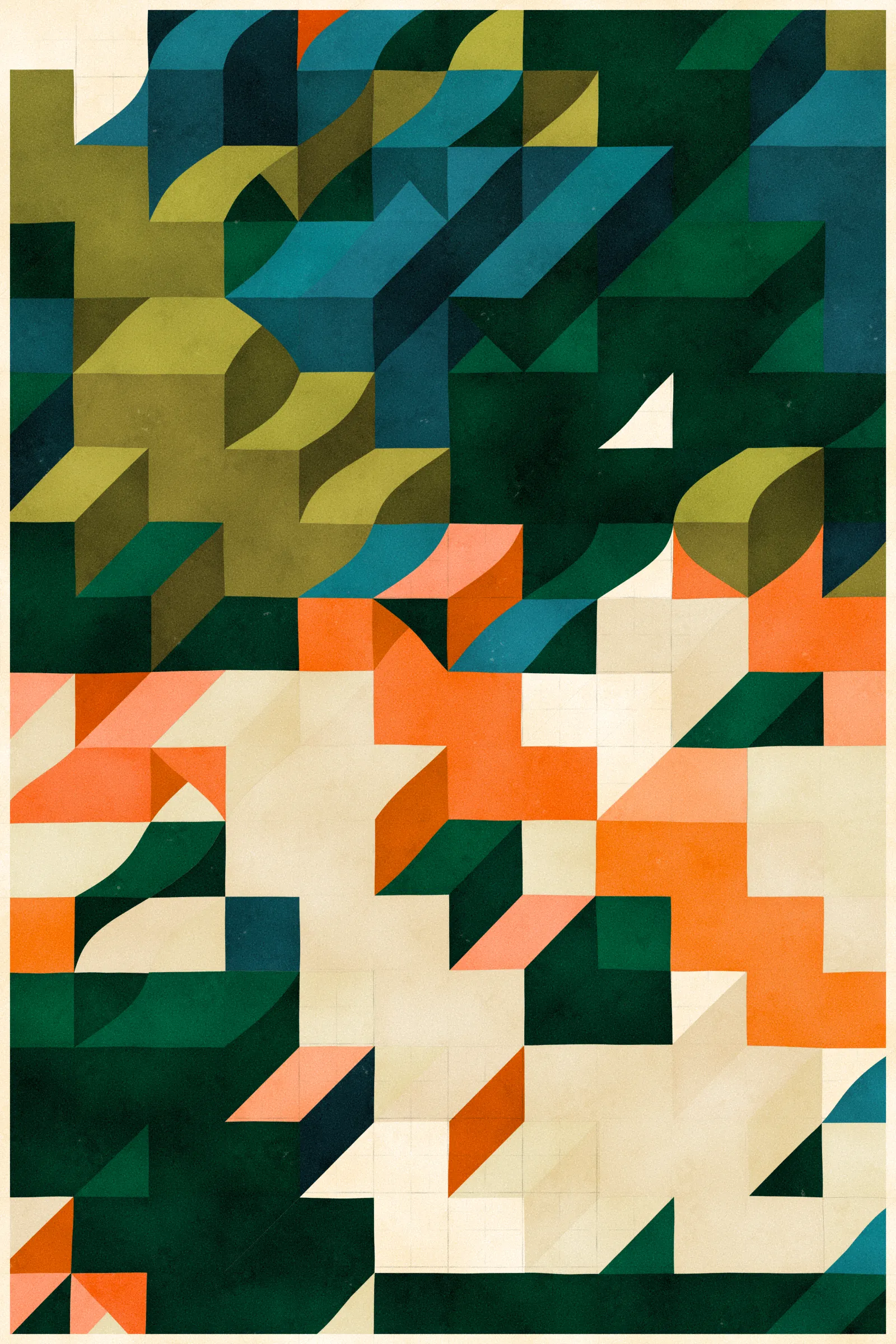 **Trichro-matic** meditates on perception.

As you explore the piece, your perception of the structure shifts. Elements change their relationships - what is out turns in; what is flat deepens. What stood adjacent now occludes.

The piece uses rhythmic color and form, displacement, and juxtaposition to create structures that invite interpretation and exploration. Some outputs challenge our depth perception conventions, while others manipulate explicit structural cues and emphasize intentional imperfections.

From this concept, the piece gets its name - Trichro-matic - denoting the ability to perceive using all three primary colors. The hyphenated "o-matic" denotes fictional machinery, hinting at the generative system supporting the piece. Both hand-selected and algorithmically-generated color palettes feature, with the latter aiming to elicit emotions akin to the former.

When you explore an output from different starting points, you understand the elements' relationships differently. In these changing interpretations, no answer is definitive. Each perspective, whether your first, your last, or someone else's, is valid.

Prints will be available for Trichro-matic owners. For more details, visit [this link](https://www.mountvitruvius.art).

Note: Renders might take longer on lower-end or mobile devices. This piece is my most technically complex release to date, relying on a custom GPU render process which can demand significant resources, even if outputs appear simple.

Finally, I dedicate this piece to my father, who suffered vision loss from a stroke in September 2023.