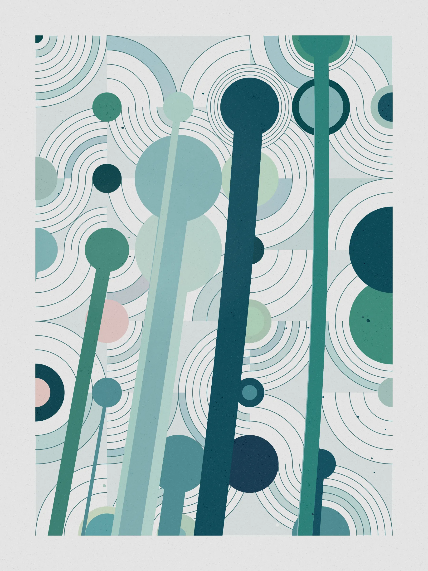 ##### **Forecast** abstractly captures the essence of rainfall on a stone-paved road, drawing an analogy between weather and human emotions, comparing the outcome of a weather forecast to the range of feelings a rainy day can evoke, inviting viewers to reflect on their own relationship with rain and the emotions it evokes in them. #####
####  ####
` `
The code creatively **recreates a weather forecast** to determine where on the canvas rain will fall. It emulates barometric pressure and humidity to alter a circle packing **algorithm that acts like clouds over the canvas**, generating the necessary data to calculate the probability of precipitation for each piece and distribute rain on the canvas in a visually appealing way.

**Geometry, color, and natural forces work together to create an abstract representation of rain** that pays homage to where I was born, “Galicia, where rain is art”.
 #### ####
  #### ####
   #### ####
 ***
  #### ####
` `
###### **The Concept**
` `
In the northwest of Spain lies Galicia, a region where rain holds a special place.

**With approximately half of the year consisting of rainy days**, it's no surprise that the Galician language has evolved to encompass a rich vocabulary of over 100 words to describe its various forms and moments. **Rain has become an art form in our everyday lives**, expressed through our language and the nuances of our conversations.

It was within this setting of rich traditions and linguistic nuances that **inspiration took hold on a rainy Sunday afternoon, as I wandered through the old part of town, captivated by the movement of raindrops and mesmerizing water ripples on the stone-paved road**, nurtured by the deep connection between Galicia's cultural heritage of intricate vocabulary of rain.

This intriguing interplay between weather and language extends far beyond Galicia, languages like Japanese, Welsh, and even Hawaiian bear witness to this captivating phenomenon, where **weather molds the very fabric of our linguistic expressions.** It serves as a testament to the **profound influence of weather on our collective human experience.**

While rain and weather influencing language ignited my inspiration, I sought to explore further, embarking on a creative journey that **explores the profound impact rain has on emotions and feelings**—a shared human language that transcends borders and requires no translations.

To express the diverse range of emotions rain can evoke, I created color palettes inspired by personal memories and experiences, capturing the essence of how those moments, events, and places made me feel. To further enhance the expression of emotions, I use size and proportion symbolizing and amplifying the intensity of those feelings. This approach brings forth the emotional impact of rain in our lives, **inviting viewers to reflect on their own relationship with rain and the feelings it evokes in them.**

To add depth and significance to its compositions Forecast uses a creative approach woven into its code, that became such an important part of the piece that gave its name to the project. **The code simulates a weather forecast emulating barometric pressure, and humidity** – variables that dynamically influence a circle packing algorithm that symbolizes clouds over the canvas, generating the necessary data to calculate the probability of precipitation for each piece and distribute rain across the canvas in a visually appealing way. The result is a perfect balance between randomness and control that added an extra layer of depth to the artwork.

**Prints**
Prints will be available for Forecast owners. For more details, [visit this link](https://www.mlarino.com/work/forecast "order prints").

***
\
**Keys**
**[S]** - Download image.

Press the **[LEFT ARROW]** key to explore the different elements that help build the final image.

To switch between different aspect ratios, use the following keys:
**[0]** 3:4 Print (default)
**[1]** 9:16 ratio
**[2]** 1:1 ratio