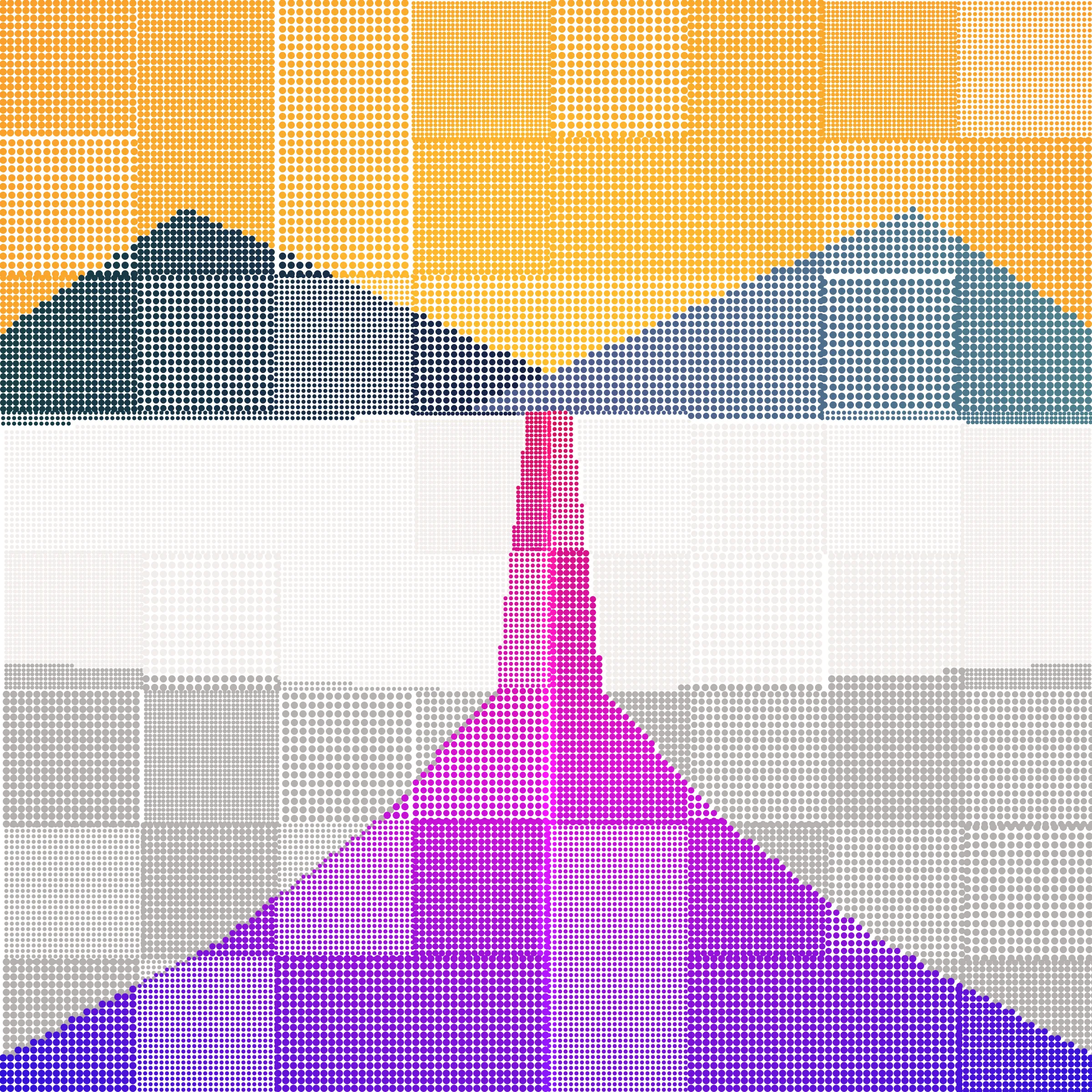 Long drives can be seen as a monotonous chore, or a peaceful solace. "Sonoran Roadways" is a prompt to see the road as a conduit for joyous return to places we find special. The project continues my reflection on physical and significant spaces, which started with previous projects "Stipple Sunsets", "Patchwork Saguaros", and "Speckled Summits". 

In these three prior works, I looked to capture the essence of the "escape of the beach", the "home I grew up in" of the Sonoran desert, and the "home I find now" in the Rocky Mountains. "Sonoran Roadways" continues this arc, reflecting similar active appreciation of space and place found in the transition of travel.

The style and technique of "Sonoran Roadways" is homage to stencil-like qualities of silkscreen printmaking. As the grandson of two artists who worked in the mediums of printmaking, paper cutting, and quilt making, I strive to incorporate the qualities of these mediums into my stipple-based digital paintings.

Additional approaches are pulled from my abstract experimentation in "Dot Matrix Gradient Study" with distortion and "digital misprinting" applied to the stipple matrices, but with a return to a figurative form.

Palettes used in "Sonoran Roadways" are largely inspired by Arizona's scenic drives and fantastical multi-colored sunsets – peaceful and familiar to me. 

"Sonoran Roadways" is a call to appreciate the potentially mundane, and get lost in the imagination of the journey back to somewhere called home or the fantasy of an exploration to somewhere new.