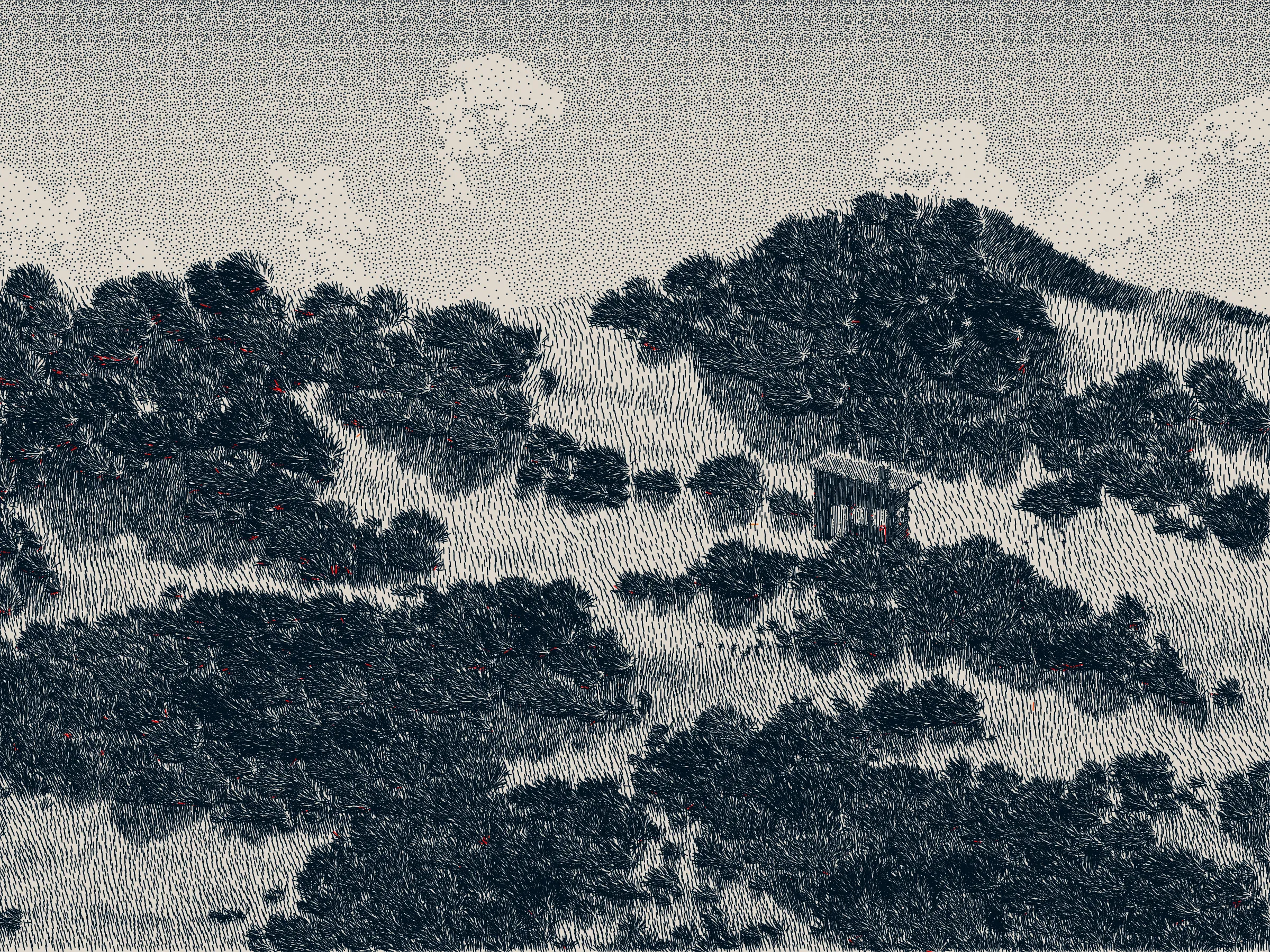 *Life and Love and Nothing is released as part of reGEN, a special charitable auction of generative art to raise funds for Cure Alzheimer’s Fund, curated by Alex Estorick and Foteini Valeonti in collaboration with The Giving Block.*

This is an illustration of a wildfire burning through a cabin and the surrounding hillside, rendered stylistically with pen and paper in mind. 

Once a year, the fire will ignite and burn until the cabin and the hillside are consumed. After burning, the cabin and the hillside will regenerate, and the cycle will start again.

The cabin represents a person, and the surrounding hillside their mind and memories.

The fire represents disease, burning through the person’s memories from the most recent and least established, through to the oldest and most ingrained.

My hope is that this can illustrate both the pain caused by disease and the beauty of the time we have to hold onto memories and loved ones.

Life is short, bodies degrade, houses burn. But, before that, there is life; there is love; there is creation – these things are beautiful.

Consider where you are placing your efforts.
Pursue what is important.
Take the time to see someone you love.
Take the time to do something you love.

There’s only so much time.