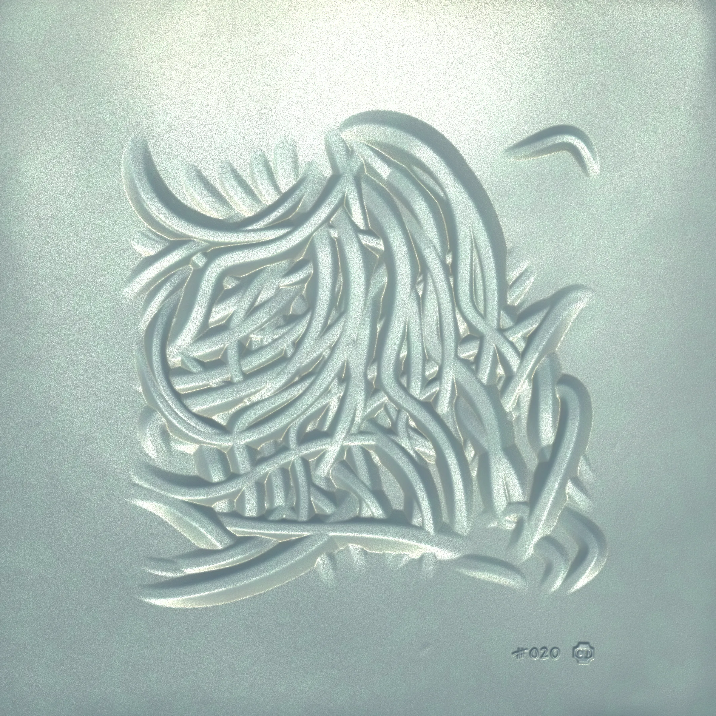 Inside the computer there’s a digital hand. The hand selects a metal implement, cuts off a slab of clay, and carves into its surface. It wanders like your hand wanders; it carves imaginary contours, sinuous and exploratory. It doesn’t know the end result so it carves lines until it feels content, and then it numbers the piece and stamps its maker’s mark. It fires the slab in a digital kiln (it calls this “minting”) and through this act its art is preserved for millennia. The hand runs its fingers over the textured surface, feeling satisfaction at having spontaneously produced a piece of art so beautiful, expressive, and unique.

---
 
Ceramics is a generative sculpture that mimics the physical expression of carving into clay. Through uncanny naturalistic rendering it challenges our notion of “handmade”. It asserts that the value of handmade isn’t the time it takes to make the work nor the physical materials consumed, but the endless small decisions and serendipitous details that appear along the way, as can be felt in each Ceramics mint.

Despite the handmade nature of Ceramics the outputs cannot be touched. Highly tactile images enchant the viewer to imagine their tangible representations, and leave them to dwell on their perception of materiality — both in the experiential physical world and conceptually-infinite digital space.