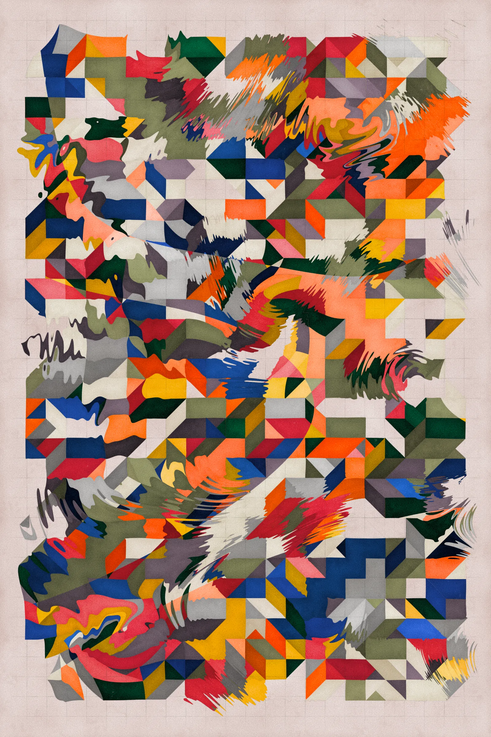 **Trichro-matic** meditates on perception.

As you explore the piece, your perception of the structure shifts. Elements change their relationships - what is out turns in; what is flat deepens. What stood adjacent now occludes.

The piece uses rhythmic color and form, displacement, and juxtaposition to create structures that invite interpretation and exploration. Some outputs challenge our depth perception conventions, while others manipulate explicit structural cues and emphasize intentional imperfections.

From this concept, the piece gets its name - Trichro-matic - denoting the ability to perceive using all three primary colors. The hyphenated "o-matic" denotes fictional machinery, hinting at the generative system supporting the piece. Both hand-selected and algorithmically-generated color palettes feature, with the latter aiming to elicit emotions akin to the former.

When you explore an output from different starting points, you understand the elements' relationships differently. In these changing interpretations, no answer is definitive. Each perspective, whether your first, your last, or someone else's, is valid.

Prints will be available for Trichro-matic owners. For more details, visit [this link](https://www.mountvitruvius.art).

Note: Renders might take longer on lower-end or mobile devices. This piece is my most technically complex release to date, relying on a custom GPU render process which can demand significant resources, even if outputs appear simple.

Finally, I dedicate this piece to my father, who suffered vision loss from a stroke in September 2023.